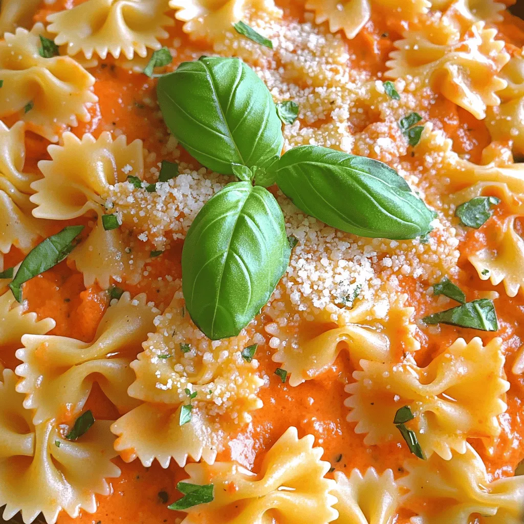 - 12 oz pasta (farfalle or penne) - 2 large red bell peppers - 1 cup heavy cream or non-dairy alternative - 1 teaspoon smoked paprika - 1 teaspoon dried Italian herbs - Fresh basil and grated Parmesan for garnish - 1 small onion, chopped - 3 cloves garlic, minced - Olive oil, salt, and pepper In this recipe, I use simple, fresh ingredients. The pasta choice is key; farfalle or penne works best. The red bell peppers add a sweet, smoky flavor. You can roast them to bring out their rich taste. Using heavy cream or a non-dairy option makes the sauce creamy. The seasoning brings depth to the dish. I love smoked paprika for its warm, smoky notes. Italian herbs like basil and oregano are classic choices. They add a fragrant touch. Fresh basil and grated Parmesan are perfect garnishes. They make your dish look and taste amazing. For cooking essentials, I always keep onions and garlic on hand. They make any dish more flavorful. Olive oil is great for sautéing the onion and garlic. Salt and pepper to taste are must-haves for seasoning. This recipe is easy to follow. It combines all these ingredients into a rich, creamy sauce. You’ll enjoy every bite! 1. Preheat your oven to 425°F (220°C). 2. Cut the red bell peppers in half and remove the seeds and stems. 3. Place the peppers cut-side down on a baking sheet. 4. Drizzle with a tablespoon of olive oil. 5. Roast the peppers for 20-25 minutes, until the skins are charred and blistered. 1. Heat the remaining olive oil in a large pot over medium heat. 2. Add the chopped onion and minced garlic. 3. Sauté for about 3-4 minutes. 4. Cook until the onion is soft and translucent. 1. Let the roasted peppers cool for a bit. 2. Peel off the charred skins and add the peppers to a blender. 3. Add the sautéed onion and garlic, vegetable broth, heavy cream, smoked paprika, Italian herbs, salt, and pepper. 4. Blend until the mixture is smooth and creamy. 1. Pour the creamy red pepper sauce back into the pot. 2. Bring the sauce to a gentle simmer over medium heat. 3. Add the uncooked pasta to the pot and stir to combine. 4. Make sure the pasta is fully submerged in the sauce. 5. Cover the pot and simmer for about 12-15 minutes. 6. Stir occasionally until the pasta is al dente and has absorbed most of the sauce. 7. If the sauce gets too thick, add a splash of water or more broth. To get that perfect creamy texture, I always use quality heavy cream. You can also try non-dairy alternatives if you prefer. If your sauce is too thick, just add a bit of broth or water. This adjustment helps you reach that silky smooth finish. Want to kick up the flavor? Try adding a pinch of cayenne for a nice heat. It really brings out the taste of the roasted peppers. You can also add some extra herbs like thyme or parsley to deepen the flavor even more. This little tweak makes a big difference in taste. While cooking, remember to stir occasionally. This step helps prevent the pasta from sticking together. Keep an eye on your pasta and look for that ideal doneness. You want it al dente, which means it should still have a slight bite. Trust me; this texture makes your dish much more enjoyable. {{image_2}} You can easily boost protein in this dish. One great choice is chickpeas. They add a nice texture and flavor. Plus, they keep the meal vegetarian. If you prefer meat, try grilled chicken or shrimp. Both options work well and add a savory touch. Adding vegetables can make this dish even better. Spinach or kale are great choices. They add nutrients and a pop of color. You can also use mixed bell peppers. Each color brings its own flavor profile. This makes your pasta not just tasty but also visually appealing. If you have dietary needs, there are many options. For gluten-free pasta, try brown rice or quinoa pasta. These work well and taste great. For a dairy-free option, look for non-dairy cream. Almond or oat milk can be good substitutes. These changes make the dish suitable for more people. First, let your pasta cool down. Once it's cool, transfer it to airtight containers. This helps keep it fresh. Store the leftovers in the fridge for up to 3 days. If you want to enjoy it later, make sure to cover it well. Freezing is a great way to save this dish for future meals. To freeze, place the cooled pasta in freezer-safe containers. Leave some space at the top for expansion. When you're ready to eat, thaw it in the fridge overnight. Reheat gently on the stove. Add a splash of water or broth if it seems dry. Before serving, add some fresh basil on top. This brightens the dish and adds flavor. After reheating, taste the pasta again. You may want to adjust the seasoning since freezing and reheating can change the flavor. A pinch of salt or pepper can make a big difference! Yes, you can! Farfalle and penne work best, but many options exist. Here are some great alternatives: - Spaghetti: A classic choice that twirls nicely with the sauce. - Fusilli: Its spirals hold onto the sauce well. - Shells: Their shape catches the creamy goodness. - Gluten-Free Pasta: For those with dietary needs, try rice or quinoa pasta. Feel free to experiment with any pasta you enjoy! Making this dish vegan is easy! Here are some simple swaps: - Use a non-dairy cream, like coconut or cashew cream. - Replace Parmesan with nutritional yeast for a cheesy flavor. - Olive oil is a great substitute for any butter in the recipe. These changes keep the dish creamy and delicious without any animal products! This pasta pairs well with many sides. Here are some ideas: - Garlic bread: Its crunch complements the creamy sauce. - A fresh salad: A mix of greens adds crunch and balance. - Steamed veggies: Broccoli or green beans work great on the side. - Roasted vegetables: Their earthy flavors enhance the meal. Choose any of these to elevate your dining experience! This blog post covered making a delicious Creamy Roasted Red Pepper Pasta. We discussed key ingredients, step-by-step instructions, and helpful tips. You learned how to achieve the perfect creaminess and explored various protein and vegetable options. Remember to store leftovers properly for fresh, enjoyable meals later. Experiment with flavors, and feel free to adapt the recipe to your needs. With a bit of creativity, you can create a new family favorite! Enjoy your cooking and the tasty results!