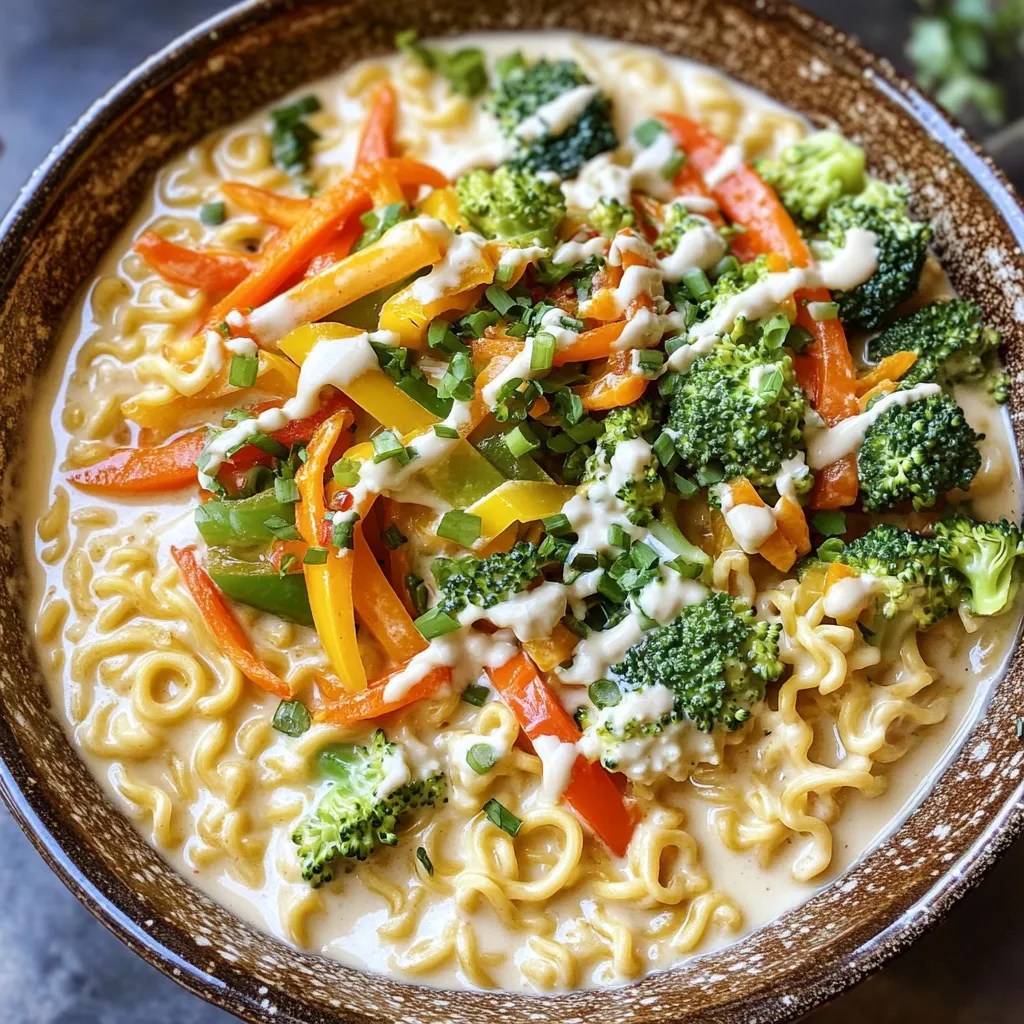 - 2 packages of instant ramen noodles (discard the seasoning packets) - 1 cup bell peppers (red, yellow, or green), sliced - 1 cup broccoli florets - 1 cup carrots, julienned - 2 cloves garlic, minced - 1 inch fresh ginger, grated - 1 cup heavy cream - 2 tablespoons soy sauce - 1 tablespoon sesame oil - 1 tablespoon sriracha (adjust to taste) - Salt and pepper to taste - ½ cup green onions, chopped (plus extra for garnish) - Sesame seeds Gather these simple ingredients to create a creamy ramen stir-fry. The instant ramen noodles act as a great base. Fresh vegetables add crunch and color. Garlic and ginger give it a nice kick. The heavy cream makes it rich and smooth. Soy sauce and sesame oil bring umami flavors. Adjust the sriracha for spice. Finally, top it off with green onions and sesame seeds for extra flair. Enjoy the fun of making this dish! Boil a pot of salted water. Add two packages of instant ramen noodles. Cook them for about three minutes. They should be just tender. Drain the noodles and rinse them under cold water. This stops the cooking process. Set the noodles aside for later. Heat one tablespoon of vegetable oil in a large skillet or wok. Use medium-high heat for best results. Add two cloves of minced garlic and one inch of grated ginger. Sauté for about thirty seconds until you smell their great aroma. Next, add one cup of sliced bell peppers, one cup of broccoli florets, and one cup of julienned carrots. Stir-fry these vegetables for four to five minutes. They should be tender but still crisp. Push the vegetables to one side of the skillet. Place the cooked ramen noodles in the center. Drizzle two tablespoons of soy sauce, one tablespoon of sesame oil, and one tablespoon of sriracha over the noodles. Pour in one cup of heavy cream. Stir everything together until it mixes well and becomes creamy. Cook for an additional two to three minutes. This allows the dish to heat through and thicken. Season with salt and pepper to taste. Adjust the spice level with more sriracha, if you like. Finally, remove the skillet from heat and stir in half a cup of chopped green onions. To get that smooth, creamy feel, you can tweak the cream and sauce amounts. Start with the recipe’s heavy cream. If you want it richer, add more cream slowly. If it’s too thick, add a splash of broth or water. This will help you find the right balance. Want more heat? You can add extra sriracha to boost the spice. Taste as you go. If you like it mild, hold back. You can also adjust the soy sauce and sesame oil to match your taste. A little extra can make a big difference! For perfect noodles, cook them until they are just tender. Rinse them to stop cooking. For veggies, stir-fry until they are crisp but tender. This keeps them bright and fresh. You want crunch in each bite! {{image_2}} You can make this dish even better by adding protein. Here are some great options: - Chicken: Use cooked, shredded chicken. It adds a nice texture and flavor. - Shrimp: Toss in peeled and deveined shrimp. Cook them until pink and tender. - Tofu: For a plant-based choice, add cubed tofu. Sauté it until golden. Adding any of these will boost your meal's nutrition and make it heartier! If you want to keep it plant-based, you have some great swaps. Here are my favorites: - Cream: Use coconut cream or cashew cream instead of heavy cream. Both add a rich flavor. - Ramen: Try using rice noodles or whole grain noodles. They work well and are often gluten-free. These options keep the dish creamy while staying true to vegetarian or vegan diets. Let's talk about how to change the taste! You can easily mix in different sauces or spices: - Soy Sauce: Try tamari for a gluten-free option. It has a similar taste. - Spices: Add garlic powder or crushed red pepper for extra kick. - Sauces: Experiment with teriyaki sauce or hoisin sauce. They bring unique flavors. These variations help you create a new dish every time! To keep your creamy ramen fresh, use airtight containers. Glass or plastic containers work well. Make sure they seal tightly to prevent air from getting in. You can also divide leftovers into single-serving sizes for easy meals later. Reheat your ramen on the stove for the best results. Add a splash of milk or water to keep it creamy. Heat over medium-low until warm. Stir often to avoid sticking. You can also use a microwave. Cover it with a microwave-safe lid and heat in short bursts, stirring in between. Stored properly, your creamy ramen lasts about 3 to 4 days in the fridge. Always check for any off smells or changes in texture before eating. If it looks or smells bad, it’s best to toss it out. Yes, you can use regular ramen. However, regular ramen takes a bit longer to cook. Instant ramen cooks faster and gives a nice chewy texture. If you use regular ramen, adjust the cooking time. Make sure to drain and rinse it well. This helps keep the noodles from sticking together. The base recipe has a little heat from sriracha. You can adjust the spice level. If you like it mild, start with a small amount of sriracha. You can always add more later. For extra heat, add more sriracha right before serving. Feel free to experiment until it’s just right for you. Yes, you can prepare this dish ahead. Cook the noodles and stir-fry the veggies. Store them separately in airtight containers in the fridge. When ready to eat, reheat the noodles and veggies together. Add the cream and sauce to keep it creamy. This dish tastes great even the next day! In this blog post, we explored how to make a creamy ramen dish. We covered the main ingredients like instant noodles, fresh veggies, and a rich sauce. You learned step-by-step instructions for cooking and combining everything. We also shared tips for perfecting texture and flavor. Plus, variations allow for tasty changes and easy vegetarian options. Store leftovers correctly to keep them fresh. Now, you can enjoy a quick, delicious meal any night. With these tips, your ramen will shine at dinner!