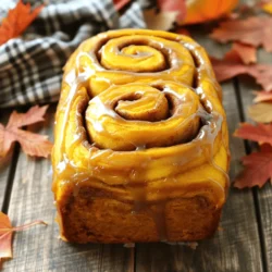 - 2 cups all-purpose flour - 1/2 cup brown sugar - 1/4 cup granulated sugar - 2 teaspoons baking powder - 1 teaspoon baking soda - 1 teaspoon ground cinnamon - 1 teaspoon ground nutmeg - 1/2 teaspoon ground ginger - 1/2 teaspoon salt The dry ingredients are the backbone of your loaf. All-purpose flour gives it structure. Brown sugar adds a rich, caramel flavor. Granulated sugar balances this with sweetness. Baking powder and baking soda help it rise perfectly. The spices, like cinnamon and nutmeg, bring warmth and comfort to the dish. Salt enhances all these flavors, making them pop. - 1 cup pumpkin puree - 1/2 cup buttermilk - 1/4 cup unsalted butter, melted - 2 large eggs The wet ingredients bring moisture and flavor. Pumpkin puree gives the loaf its signature taste and color. Buttermilk adds tang and keeps it moist. Melted butter enriches the loaf, while eggs bind everything together. Together, they create a delicious, tender crumb. - 1 cup powdered sugar - 2 tablespoons milk - 1 teaspoon vanilla extract The glaze is the final touch. It adds sweetness and a glossy finish. Powdered sugar blends smoothly with milk and vanilla. This glaze makes each slice look inviting. It's simple but elevates the loaf to something special. - Preheat your oven to 350°F (175°C). - Grease a loaf pan with butter or cooking spray. This step helps the loaf slide out easily. - In a large bowl, mix 2 cups of flour, 1/2 cup brown sugar, and 1/4 cup granulated sugar. - Add 2 teaspoons baking powder, 1 teaspoon baking soda, 1 teaspoon ground cinnamon, 1 teaspoon ground nutmeg, 1/2 teaspoon ground ginger, and 1/2 teaspoon salt. Stir until everything is well combined. - In a separate bowl, whisk together 1 cup pumpkin puree, 1/2 cup buttermilk, 1/4 cup melted butter, and 2 large eggs. Make sure it’s smooth and creamy. - Gradually mix the wet ingredients into the dry ingredients. Stir gently until just combined. It’s okay if there are a few lumps. Avoid overmixing; this keeps the loaf soft. - In a small bowl, mix 1/4 cup brown sugar and 1 tablespoon ground cinnamon. This will add a sweet spice to your loaf. - Pour half of the batter into the greased loaf pan. - Sprinkle half of the cinnamon filling over the batter. - Pour the rest of the batter on top, then add the remaining cinnamon filling. - Use a knife to swirl the batter gently. This will create a beautiful marbled effect. - Place the loaf in the oven and bake for 50-60 minutes. Check doneness by inserting a toothpick; it should come out clean. - If the top gets too dark, cover it loosely with foil. - Let the loaf cool in the pan for about 10 minutes, then transfer it to a wire rack to cool completely. - In a small bowl, mix 1 cup powdered sugar, 2 tablespoons milk, and 1 teaspoon vanilla extract. Stir until smooth. - Once the loaf is cool, drizzle the glaze over the top. Let it set for a few minutes before slicing. To get the best texture, use room temperature ingredients. Cold butter or eggs can make your loaf dense. Mixing is also key. Stir gently until just combined. A few lumps are fine. Overmixing can lead to a tough loaf. Want to kick up the flavor? Try adding nuts or chocolate chips. Walnuts or pecans add a nice crunch. Chocolate chips can make it extra sweet. You can also play with spices. Add more cinnamon, or try cardamom or cloves for a new twist. Sometimes, things go wrong. Overmixing makes the loaf dry and tough. If the top browns too quickly, cover it with foil. This lets the inside cook without burning the crust. Keep an eye on your loaf while it bakes. {{image_2}} You can make this loaf healthier by swapping whole wheat flour for all-purpose flour. Whole wheat flour adds fiber and nutrients. It gives the loaf a nutty taste too. You can also cut down on sugar. Try using less brown sugar or a sugar substitute. This keeps the sweet flavor while reducing calories. Want to change up the flavor? Add different spices like allspice or clove. These spices can give a warm, rich taste. You could also mix in chocolate chips or caramel. These add sweetness and a fun twist to your loaf. This loaf pairs well with coffee or tea. The warm spices complement your drink perfectly. You can serve it warm for a cozy treat. However, it's just as tasty when cold. Enjoy it however you like! To keep your Pumpkin Spice Cinnamon Roll Loaf fresh, store it in an airtight container. This will help maintain its moisture and flavor. Place it on your kitchen counter if you plan to eat it within three days. Keep it away from direct sunlight and heat sources. For longer freshness, you can refrigerate it. Just make sure to wrap it well with plastic wrap or foil to avoid drying out. If you want to save your loaf for later, freezing is a great option. First, let the loaf cool completely. Then, wrap it tightly in plastic wrap and aluminum foil. This prevents freezer burn and keeps it fresh. You can freeze it for up to three months. When you're ready to enjoy it again, take the loaf out and let it thaw in the fridge overnight. For a quick warm-up, slice it and pop it in the microwave for about 20 seconds. This way, you’ll have a deliciously warm treat ready to enjoy. To keep your loaf moist, use these tips: - Add an extra egg for richness. - Use full-fat buttermilk instead of low-fat. - Don’t overbake; check it a few minutes early. - Let the loaf cool in the pan for 10 minutes. These steps help trap moisture. A moist loaf tastes great and feels soft. Yes, you can use fresh pumpkin. Here’s how: - Cut the pumpkin and remove the seeds. - Roast it until soft, then mash it well. - Measure it out after mashing, using the same amount as canned. Fresh pumpkin has a different flavor. It can make your loaf taste even better! If you don’t have buttermilk, try these: - Use milk mixed with vinegar or lemon juice. Use 1 cup milk and 1 tablespoon vinegar. - Yogurt thinned with a little water also works. These substitutes keep the loaf tender and fluffy. They help it rise just right. To check if your loaf is baked, do this: - Insert a toothpick into the center. - If it comes out clean or with a few crumbs, it’s done. - If the toothpick has wet batter, bake for a few more minutes. The top may look golden brown, but the toothpick test is key! Yes, mini loaves are a fun option! Here’s what to do: - Use smaller loaf pans, about 5 inches long. - Bake for 25 to 30 minutes. - Check for doneness with a toothpick. Mini loaves are great for sharing. They make perfect gifts too! In this post, we explored the key ingredients and steps to make a delicious Pumpkin Spice Cinnamon Roll Loaf. We covered how to mix dry and wet items, create a tasty filling, and cook it just right. We also discussed storage tips and variations to keep your loaf fresh and exciting. Remember, the right ingredients and techniques ensure your loaf turns out perfect. With these tips, you can enjoy every slice of this warm, spiced treat. Enjoy baking!