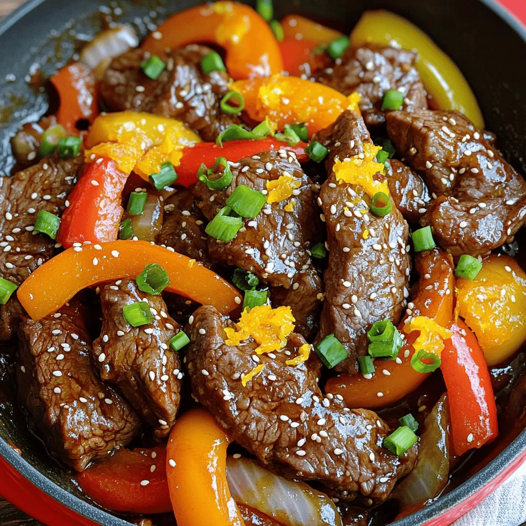 - 1 lb beef sirloin, thinly sliced - 1 orange, zested and juiced - 2 tablespoons soy sauce - 2 tablespoons hoisin sauce - 1 tablespoon chili garlic sauce - 1 tablespoon cornstarch - 2 tablespoons vegetable oil - 1 red bell pepper, sliced - 1 green bell pepper, sliced - 1 onion, sliced - 3 cloves garlic, minced - 1 teaspoon ginger, minced For Spicy Orange Beef, the main ingredients focus on bold flavors. The beef sirloin gives a hearty base. The fresh orange zest and juice add a bright, fruity note. Soy sauce brings umami, while hoisin sauce adds sweetness. Chili garlic sauce gives the dish its spicy kick. The vegetables, like bell peppers and onion, add color and crunch. Fresh minced garlic and ginger enhance the flavors. Each ingredient plays a role in creating a well-balanced dish. - Sesame seeds - Chopped green onions Garnishes like sesame seeds and chopped green onions finish the dish. They add a nice touch and a bit of extra flavor. You can sprinkle them on top for a lovely presentation. To start, we need to prepare the marinade. In a medium bowl, combine these ingredients: - 1 lb beef sirloin, thinly sliced - 1 orange, zested and juiced - 2 tablespoons soy sauce - 2 tablespoons hoisin sauce - 1 tablespoon chili garlic sauce - 1 tablespoon cornstarch Mix everything well. This helps coat the beef evenly. After mixing, let it marinate for at least 30 minutes. This time allows the flavors to soak in and makes the beef tender. Next, heat a skillet or wok over medium-high heat. Add 1 tablespoon of vegetable oil. Once hot, add the marinated beef. Stir-fry it for about 5 to 7 minutes. You want it browned and cooked through. After that, remove the beef from the skillet and set it aside. In the same skillet, add the remaining tablespoon of oil. Then, toss in the sliced onion. Stir-fry for about 2 minutes until it starts to soften. After that, add the red and green bell peppers, minced garlic, and ginger. Stir-fry everything for about 3 to 4 minutes. You want the veggies to be tender-crisp but still bright. Now, return the cooked beef to the skillet. Pour in the orange zest and toss everything together. Cook until everything is heated through, and the flavors meld together. Your Spicy Orange Beef is ready to serve! Marinating your beef is key. I recommend at least 30 minutes. This time allows the flavors to soak in, making each bite burst with taste. Try to balance sweetness and spice. The orange juice and hoisin sauce add sweetness. The chili garlic sauce adds heat. Adjust the amounts to fit your taste. Use a large skillet or wok to stir-fry. This way, the beef cooks evenly without steaming. Heat the pan until it's hot. This helps the beef sear well. When the beef is in the pan, keep it moving. This keeps it from sticking and helps it brown nicely. Pair Spicy Orange Beef with rice or noodles. They soak up the sauce and add a nice touch. For a colorful plate, add steamed broccoli or snap peas. To serve, pile the beef high and sprinkle with sesame seeds and green onions. This makes your dish look and taste great. {{image_2}} If you want to switch up proteins, try chicken or tofu. Both work well with the orange sauce. Tofu gives a nice texture and absorbs flavors well. Chicken adds a leaner option that’s equally tasty. You can also change the veggies in this dish. Broccoli, snap peas, or carrots add great crunch and color. Feel free to mix and match according to what you have or prefer. Do you like it spicy? Use more chili garlic sauce or add fresh chili peppers. You can also add a dash of hot sauce for an extra kick. But if you want it milder, cut back on the chili sauce. You can replace it with a bit of honey for sweetness. For a fun twist, try adding a splash of orange soda. It gives a nice sweet heat without making it too spicy. Serving this dish over rice or noodles makes for a filling meal. The rice soaks up the sauce well, while noodles add a nice chew. You can also turn it into wraps. Use lettuce or tortillas for easy handheld meals. Just fill them up with the beef and veggies, and you’re ready to go! To keep your Spicy Orange Beef fresh, store it in an airtight container. This helps retain flavor and moisture. You can put it in the fridge after it cools down. The beef will stay good for 3 to 4 days. Always check for any signs of spoilage before eating leftovers. If you want to save it for later, freezing is a great option. First, let the beef cool completely. Then place it in a freezer-safe container or a zip-top bag. Make sure to remove as much air as possible to prevent freezer burn. Spicy Orange Beef can last up to 3 months in the freezer. When you're ready to eat, thaw it in the fridge overnight. For quick reheating, you can microwave it. Heat it in short bursts, stirring in between to ensure even warming. Enjoy your flavorful meal without any waste! You can serve Spicy Orange Beef with rice or noodles. Steamed jasmine rice works well. For a crunchy side, try stir-fried broccoli or snap peas. A simple side salad with sesame dressing adds freshness. If you want more color, add a fruit salad too. Yes, you can meal prep Spicy Orange Beef. Marinate the beef a day before. Store it in the fridge overnight. You can also cook the beef and veggies ahead. Just reheat them in a skillet before serving. This saves time on busy days. Spicy Orange Beef can be gluten-free. Use gluten-free soy sauce instead of regular soy sauce. Check hoisin sauce for gluten as well. Many brands offer gluten-free options. This way, you can enjoy the dish without worries. This blog post covered how to make Spicy Orange Beef. We explored essential ingredients, including beef sirloin, orange juice, and vegetables. I shared marinating tips and cooking techniques for perfect flavor. You learned about ingredient substitutions and how to adjust spice levels for your taste. In closing, focus on enjoying the cooking process. Experiment with different flavors, and make this dish your own. Enjoy your Spicy Orange Beef with your favorite sides for a delicious meal!