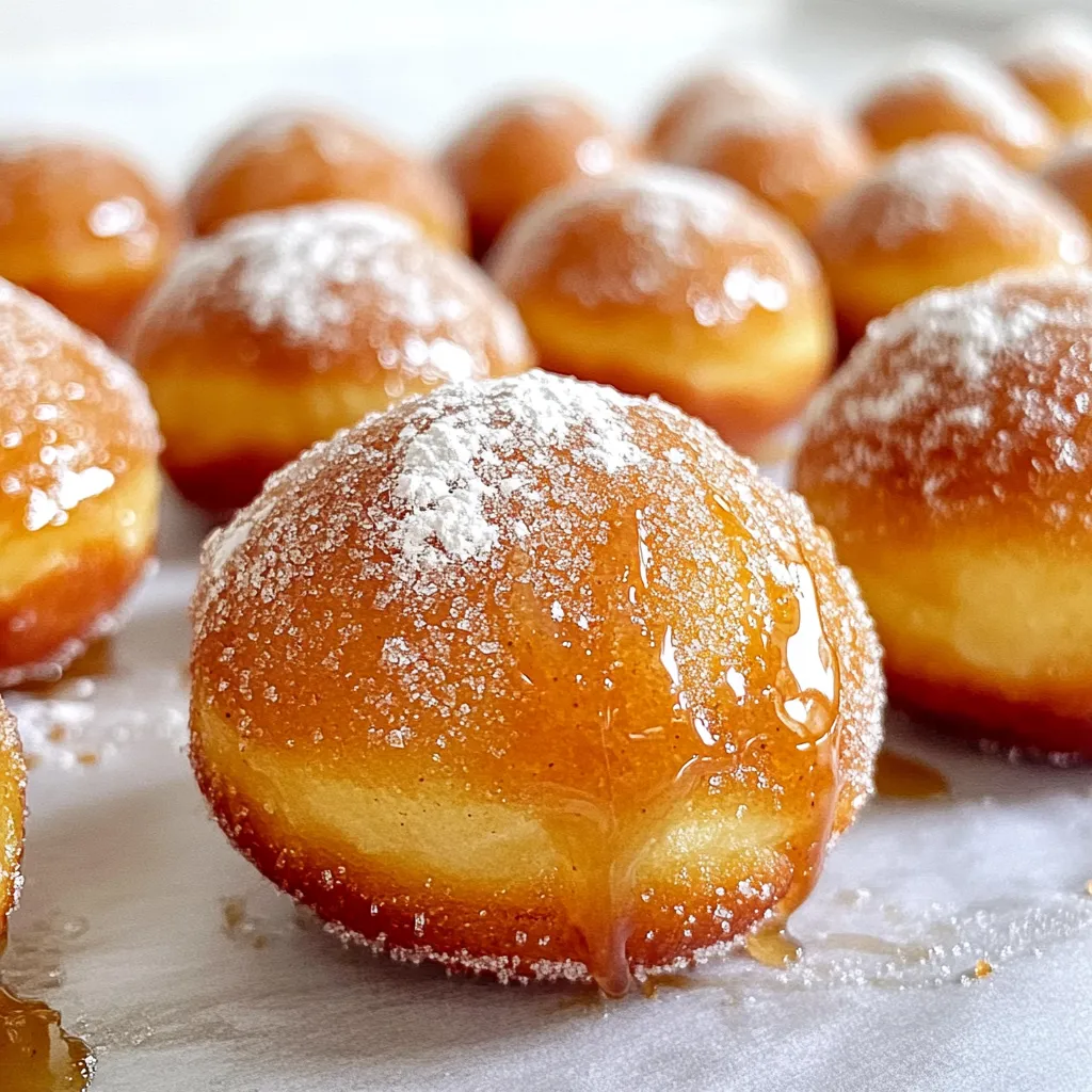 Let’s dive into the key ingredients for bakery-style maple brown sugar donut holes. Each item plays a big role in making these treats delicious. - All-purpose flour: This forms the base of our donut holes. It gives them structure. - Brown sugar: Packed brown sugar adds sweetness and a rich flavor. It gives a lovely caramel touch. - Baking powder and baking soda: These help the donut holes rise and get fluffy. They create that perfect texture. - Spices: Salt, cinnamon, and nutmeg give warmth and depth to the flavor. They make each bite exciting. - Wet ingredients: The egg binds everything. Buttermilk adds a nice tang. Maple syrup brings sweetness, and melted butter enriches the dough. - Frying oil: You’ll need enough to submerge the donut holes for frying. It’s key for that crispy exterior. - Optional powdered sugar: Dusting with powdered sugar gives a sweet finish. It makes them look and taste extra special. Gather these ingredients, and you're ready to make some delightful donut holes! Start by mixing your dry ingredients. In a large bowl, whisk together: - 2 cups all-purpose flour - 1 cup brown sugar, packed - 1 tablespoon baking powder - ½ teaspoon baking soda - ½ teaspoon salt - 1 teaspoon ground cinnamon - ½ teaspoon nutmeg Proper measurement is key. Use a spoon to scoop flour into your measuring cup. Level it off with a knife for accuracy. This ensures your donut holes rise and taste great. Now, let’s prepare the wet ingredients. In a separate bowl, beat one large egg. Then, mix in: - ¾ cup buttermilk - ½ cup maple syrup - 3 tablespoons unsalted butter, melted Mix until smooth. A smooth mixture helps blend flavors well. It also makes your donut holes light and fluffy. Next, combine the dry and wet mixtures. Pour the wet ingredients into the dry ones. Stir gently until just combined. It’s okay if the batter is a bit lumpy. Overmixing can make your donut holes tough. Now for the fun part: frying! Heat oil in a deep fryer or heavy pot to 350°F (175°C). Use enough oil to cover the donut holes. When the oil is hot, use a small cookie scoop or tablespoon. Carefully drop spoonfuls of batter into the oil. Fry in batches to avoid overcrowding. Each donut hole needs space to puff up. Cook for 2-3 minutes on each side. They should turn golden brown. Use a slotted spoon to remove them, and let them drain on paper towels. Once your donut holes cool, it’s time to finish them. You can toss them in powdered sugar for sweetness. Alternatively, drizzle them with more maple syrup for extra flavor. Enjoy the deliciousness of your bakery-style maple brown sugar donut holes! Temperature control is key to great donut holes. Your oil should be around 350°F (175°C). This heat helps them puff up and cook evenly. If the oil is too cool, the donut holes can turn out greasy. If it’s too hot, they can burn quickly. To check if they’re done, look for a golden brown color. They should also feel light and airy. If they are dark brown, they may taste burnt. Aim for that sweet spot! A good deep fryer or heavy pot is essential. This helps maintain the right oil temperature. A thermometer can ensure accuracy. A slotted spoon makes it easy to lift the donut holes out of the oil. For perfect scoops, use a small cookie scoop or a tablespoon. This keeps the sizes uniform. It makes frying simple and fun! You can add fun mix-ins to your donut holes. Try chocolate chips or chopped nuts for a twist. You can also roll them in cinnamon sugar instead of powdered sugar for a spicy kick. For flavor variations, consider adding a splash of vanilla extract or even orange zest. These tiny changes can make a big difference. Don’t be afraid to get creative! {{image_2}} You can have fun with flavors. Try adding chocolate chips for a sweet twist. Vanilla extract can also enhance the taste. Want a spice kick? Use more cinnamon or add ginger. Lemon zest gives a fresh taste too. You can make these donut holes gluten-free. Use a 1:1 gluten-free flour blend. For vegan options, swap the egg with a flax egg. Use almond milk instead of buttermilk. Maple syrup works as a sweetener. These choices keep the flavor strong. You can serve these donut holes warm. Pair them with coffee or tea for a treat. For a fun twist, add a scoop of ice cream on top. You can also drizzle chocolate sauce for extra sweetness. Donut holes are great for parties, too! To keep your donut holes fresh, you should store them in an airtight container. This helps prevent them from drying out. A simple plastic or glass container works well. You can also use a resealable plastic bag. Just make sure to remove as much air as possible before sealing. Store them at room temperature for up to two days. If you want them to last longer, consider freezing them. Freezing donut holes is a great choice for longer storage. First, let them cool completely. Then, place them on a baking sheet in a single layer. Freeze them for about one hour. Once frozen, transfer them to a freezer-safe bag or container. This helps keep their shape. Donut holes can be frozen for up to three months. To thaw, simply leave them at room temperature for a few hours. To enjoy warm donut holes again, you can reheat them easily. The best method is to use an oven. Preheat the oven to 350°F (175°C). Place the donut holes on a baking sheet and heat for about 5-10 minutes. This keeps them soft and tasty. You can also use a microwave, but it may make them a bit chewy. Heat in short bursts, about 10 seconds at a time, until warm. Enjoy your delicious treats! The best oil for frying donut holes is vegetable oil or canola oil. These oils have a high smoke point, which means they can heat well without burning. This helps your donut holes fry evenly and stay fluffy inside. Yes, you can bake these donut holes! Preheat your oven to 350°F (175°C). Grease a mini muffin pan and drop in the batter. Bake for about 10-12 minutes until they are golden. They won’t be as crispy, but they still taste great. To check if the oil is hot enough, use a thermometer. It should be around 350°F (175°C). If you don't have a thermometer, drop a small piece of batter into the oil. If it sizzles and rises, the oil is ready! You can mix the dry ingredients ahead of time and store them. Just wait to add the wet ingredients until you are ready to fry. This helps keep the batter fresh and fluffy. Homemade donut holes taste best on the first day. They can last for 1-2 days in an airtight container. For longer storage, you can freeze them for up to a month. Just reheat in the oven for a few minutes before enjoying! This guide covered everything you need to make delicious donut holes. From choosing the right ingredients to mixing the batter, each step is key to great results. Remember to control the temperature while frying for the perfect texture. Don’t hesitate to try different flavors or dietary options for a twist. Proper storage ensures your treats stay fresh. Now, get cooking and enjoy your homemade donut holes!