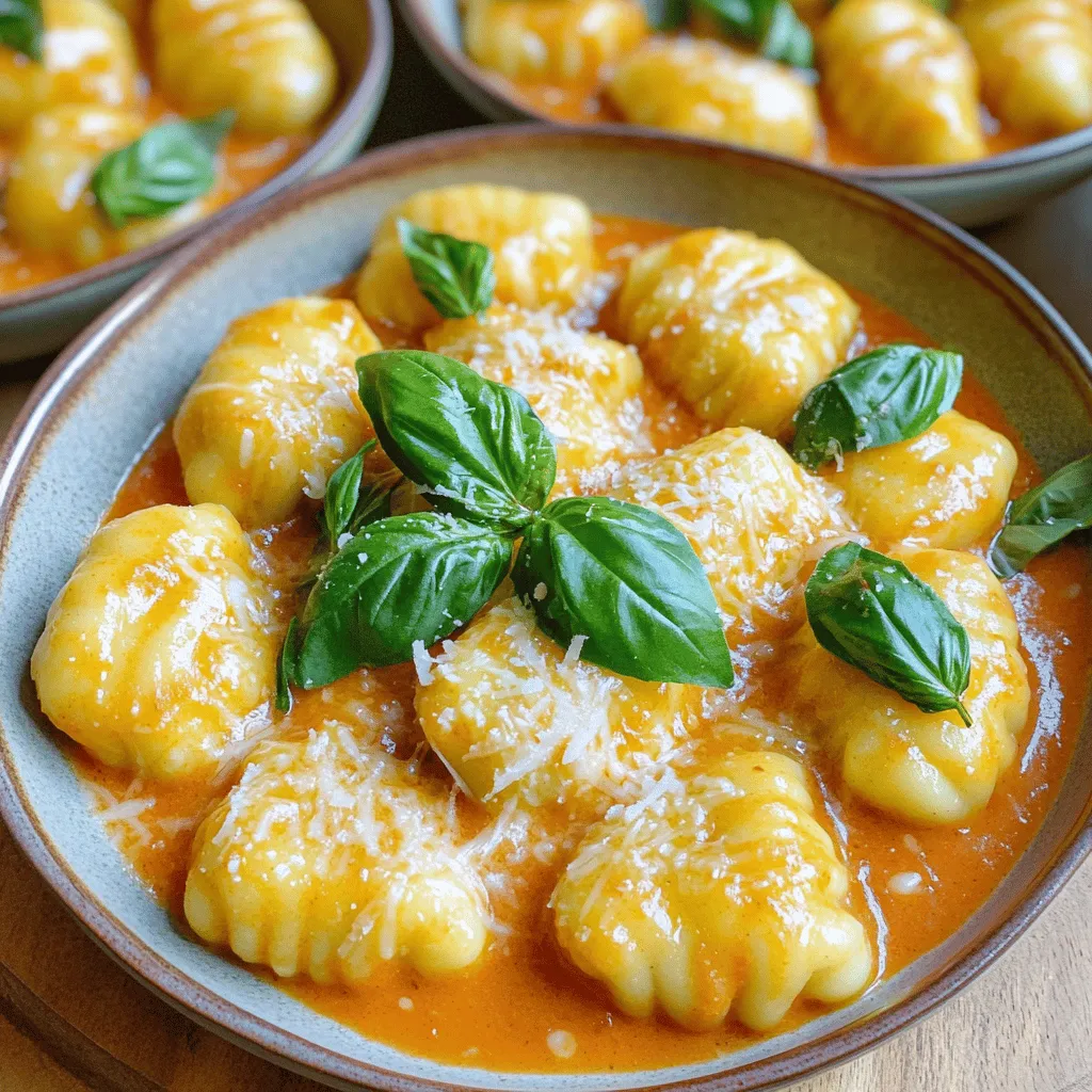 - Gnocchi options: You can use 1 pound of store-bought gnocchi for ease. Homemade gnocchi adds a personal touch. If you have time, I suggest making it from scratch. It has a unique taste and texture. - Cream options: For creaminess, choose 1 cup of heavy cream. If you want a lighter dish, use coconut cream. It gives a subtle, sweet flavor. - Additional flavor enhancers: Add ½ cup of grated Parmesan cheese for richness. If you love heat, sprinkle in red pepper flakes to taste. These enhance the dish’s depth. This dish shines with simple but effective ingredients. Each choice adds to the overall flavor and comfort. Enjoy the process of selecting what works best for you! Start by heating one tablespoon of olive oil in a large pot over medium heat. Once the oil is hot, add three minced garlic cloves. Sauté the garlic for about 30 seconds. You want it to smell great, but be careful not to let it burn. Next, add one can of crushed tomatoes, one cup of vegetable broth, and one teaspoon of sugar to the pot. The sugar helps balance the acidity from the tomatoes. Stir everything together and let it simmer for about five minutes. This step builds a nice base for your sauce. Now it’s time to add the gnocchi. Use one pound of store-bought or homemade gnocchi. Stir well to coat the gnocchi in the tomato mixture. Bring it to a gentle boil, then lower the heat to low. Cook the gnocchi for about two to three minutes. You know they're done when they float to the top of the pot. This means they are cooked through and ready for the next step. Lower the heat even more. Now, stir in one cup of heavy cream or coconut cream for a lighter touch. Add one teaspoon of dried oregano and a pinch of salt and pepper. Let this simmer for three to five minutes. This is when your dish gets creamy and thick. Mix in one cup of chopped fresh basil leaves and half a cup of grated Parmesan cheese if you like. Taste the dish and adjust the seasoning if needed. If you want heat, sprinkle in some red pepper flakes. Remove the pot from heat and let it sit for a few minutes. This resting time helps the sauce thicken. Now your creamy tomato basil gnocchi is ready to serve! To get a smooth sauce, start by cooking the garlic in olive oil. This step adds rich flavor. Next, add the crushed tomatoes and broth. Sugar helps balance the acidity of the tomatoes. Stir well and let it simmer for five minutes. This creates a nice base. When you add cream, stir it in slowly. This will help it mix in well. If you want a lighter dish, use coconut cream instead. It still gives a creamy texture without dairy. For extra flavor, try adding ingredients like spinach or mushrooms. These can enhance the taste and add nutrients. You can also sprinkle in red pepper flakes for a spicy kick. This gives your meal more depth. When it comes to sides, garlic bread pairs well. A fresh salad can also balance the meal. For drinks, a light white wine or sparkling water complements the dish nicely. Enjoy exploring these options! {{image_2}} You can easily make this dish your own by swapping ingredients. Here are some great ideas: - Dairy-free Options: Use coconut cream instead of heavy cream. It adds a nice richness. - Ingredient Swaps: If you don’t have gnocchi, try pasta or quinoa. They cook well too. - Herbs and Spices: Swap basil for spinach or parsley. Add thyme or rosemary for a different flavor. These changes keep the dish fresh and exciting. Making this dish plant-based is simple and tasty. Here’s how: - Plant-Based Version: Use coconut cream and skip the cheese. This keeps it creamy without dairy. - Adding Protein: Toss in cooked chickpeas or lentils. They add protein and fiber. These adaptations help you enjoy a hearty meal, no matter your diet. When you have leftover One-Pot Creamy Tomato Basil Gnocchi, store it in an airtight container. This keeps the flavors fresh. Make sure the dish cools down first. It can last up to three days in the fridge. If you want to keep it longer, consider freezing it. Just remember, freezing can change the texture of the gnocchi. To reheat the gnocchi, use a pot on low heat. Add a splash of water or broth to keep it moist. Stir gently to avoid breaking the gnocchi. You can also use the microwave. Heat it in short bursts, stirring in between. This helps keep the dish creamy and delicious. If you want to freshen it up, add a bit more basil or cheese when serving. For this recipe, I recommend using store-bought gnocchi. It saves time and cooks quickly. However, if you love a challenge, homemade gnocchi can add a fresh touch. Just make sure it’s well-cooked and fluffy. Yes, you can use fresh tomatoes! If you choose fresh, you will need about 2-3 medium tomatoes. Just chop them up and cook them until soft. This will add a bright flavor to your dish. You can prepare the sauce ahead. Cook the garlic and tomatoes, then cool it down and store it. When ready, just add gnocchi and cream. This will keep it creamy and delicious! This blog post gave you a clear guide to cooking a creamy gnocchi dish. You learned about ingredient choices, step-by-step cooking, and helpful tips. Remember, using the right creams and balancing your flavors can make a big difference. Don't forget to experiment with variations and enjoy leftovers the right way. With practice, you'll create a dish that impresses everyone. Enjoy your cooking journey!