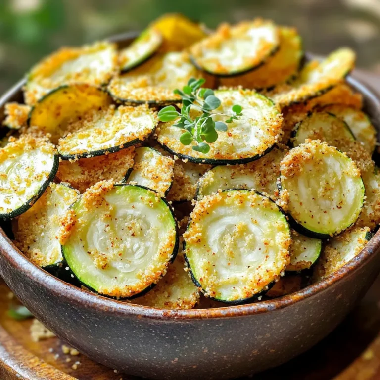 - 2 medium zucchinis, thinly sliced - 1/2 cup all-purpose flour - 1 teaspoon garlic powder - 1 teaspoon onion powder - 1 teaspoon paprika - 1/2 teaspoon salt - 1/4 teaspoon black pepper - 2 large eggs, beaten - 1 cup panko breadcrumbs - Olive oil spray To make crispy air fryer zucchini chips, gather these simple ingredients. First, you need fresh zucchinis. Choose firm ones for the best flavor. The seasoning mix includes garlic powder, onion powder, paprika, salt, and black pepper. This blend gives the chips great taste. Next, use all-purpose flour to coat the zucchini slices. The flour helps the seasoning stick. You will also need eggs for the binding process. Beaten eggs hold the panko breadcrumbs to the zucchini. Panko breadcrumbs are key to achieving that crunchy texture. Finally, don’t forget the olive oil spray. It gives the chips a nice golden color and enhances crispiness. With these ingredients ready, you're set to make a delicious snack! 1. Preheat air fryer: Start by preheating your air fryer to 400°F (200°C). This takes about 5 minutes. 2. Prepare flour mix: In a mixing bowl, add 1/2 cup of all-purpose flour. Then, mix in 1 teaspoon of garlic powder, 1 teaspoon of onion powder, 1 teaspoon of paprika, 1/2 teaspoon of salt, and 1/4 teaspoon of black pepper. Stir until well combined. 3. Beat the eggs: In another bowl, beat 2 large eggs until they are smooth and mixed well. 4. Set up panko coating: Place 1 cup of panko breadcrumbs in a third bowl. This will give your chips a nice crunch. 1. Dipping procedure: Take each zucchini slice and dip it first into the flour mix. Make sure it is fully coated. Next, dip the slice into the beaten eggs, letting the excess drip off. Finally, coat it with panko breadcrumbs. Set each coated slice aside on a plate. 2. Arranging zucchini slices: Lightly spray the air fryer basket with olive oil spray. Place the coated zucchini chips in a single layer. Avoid overlapping the slices. This helps them cook evenly. 1. Cooking time and temperature: Cook the zucchini chips in the preheated air fryer for 8 to 10 minutes. Start checking at 8 minutes to avoid overcooking. 2. Flipping instructions: Halfway through cooking, flip the zucchini chips. This ensures both sides get crispy and golden brown. To get crispy zucchini chips, the thickness of your coating matters. A thin, even layer works best. If your coating is too thick, it may not crisp up well. Aim for a light coating of flour, egg, and panko. This method helps create that crunchy texture we all love. Using olive oil spray is key, too. A light spray helps the chips crisp without adding too much oil. Too much oil can make them soggy. Spray the chips lightly before cooking to enhance the crispiness. Avoid overcrowding the air fryer basket. When you pack the chips too tightly, they don’t cook evenly. It’s better to cook them in batches. This way, each chip gets the hot air it needs for even cooking. Checking for doneness is also important. Start checking the chips at 8 minutes. You want them golden brown and crispy. If they need more time, keep a close eye on them. This ensures you don’t end up with overcooked chips. {{image_2}} You can change the flavor of your zucchini chips with fun spices. Here are some tasty options: - Italian Style: Use dried oregano, basil, and garlic powder. - Spicy Kick: Add cayenne pepper or chili powder for heat. - BBQ Flavor: Mix in smoked paprika and a bit of brown sugar. - Cheesy Twist: Sprinkle some grated Parmesan cheese right after cooking. Each option gives your chips a unique taste. Feel free to mix and match spices based on what you love. If you want to try different coatings, there are many ways to do this. Here are some ideas: - Gluten-Free Options: Substitute all-purpose flour with almond flour or a gluten-free blend. This keeps your chips crispy without gluten. - Different Breadcrumbs: Swap panko with crushed cornflakes or chips for a crunchy texture. You can also use whole wheat breadcrumbs for a nuttier flavor. These variations let you customize your zucchini chips to fit your needs and taste. Enjoy experimenting! To keep your zucchini chips fresh, store them in an airtight container. This helps prevent moisture from making them soggy. You can also layer paper towels in the container. This will absorb any excess moisture. Zucchini chips stay fresh for about 2-3 days in the fridge. To reheat your chips and keep them crispy, use the air fryer. Set it to 350°F (175°C). Heat the chips for about 3-5 minutes. This method revives their crunchiness. If you don't have an air fryer, use an oven. Place the chips on a baking sheet and heat at 350°F (175°C) for about 5-7 minutes. Avoid microwaving, as this will make them soft and chewy. To make zucchini chips, start by slicing two medium zucchinis thinly. Next, mix 1/2 cup of all-purpose flour with garlic powder, onion powder, paprika, salt, and black pepper in a bowl. In another bowl, beat two large eggs. In a third bowl, place 1 cup of panko breadcrumbs. Dip each zucchini slice in the flour, then the eggs, and finally coat with breadcrumbs. Preheat your air fryer to 400°F (200°C) for about five minutes. Spray the basket with olive oil. Arrange the zucchini chips in a single layer and cook for 8-10 minutes, flipping them halfway. Check at 8 minutes for crispness. Yes, you can use other vegetables! Carrots, sweet potatoes, and even eggplant work well. Just slice them thinly so they cook evenly. The coating and cooking time will stay the same. Feel free to switch up the spices too. Each vegetable adds its own flavor and texture. Experiment and find your favorite! Air fryer zucchini chips are healthier than traditional fries. They use less oil, which cuts down on fat and calories. Zucchini is lower in carbs than potatoes. Plus, you get more vitamins and minerals from zucchini. Enjoying these chips can be a tasty way to snack smart! You now have all the steps to make crispy air fryer zucchini chips. We covered the key ingredients, the cooking process, and tips to get the best texture. Remember to experiment with seasonings and coatings to suit your taste. Store extras properly to enjoy them later. With the right methods, these chips can be tastier than regular fries. Enjoy making and sharing this healthy snack!
