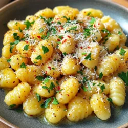 - 1 package (16 oz) gnocchi - 4 tablespoons unsalted butter - 4 cloves garlic, minced - 1/4 teaspoon red pepper flakes (optional) - 1/4 cup grated Parmesan cheese - Salt and black pepper to taste - Fresh parsley, chopped (for garnish) For this Minute Garlic Butter Gnocchi, you need a few key ingredients. The gnocchi gives the dish its base. Look for a 16-ounce package of gnocchi at your store. It cooks quickly and tastes great. Next, we need unsalted butter. Four tablespoons of butter add rich flavor. Garlic, minced, is a must for that classic taste. Use four cloves for a strong kick. If you like heat, add red pepper flakes. Just a pinch can spice things up. It’s optional, but I love the extra flavor it brings. For seasonings, grab some salt and black pepper. These help enhance the taste. Finally, don’t forget the Parmesan cheese. A quarter cup adds creaminess and depth. For the finishing touch, use fresh parsley. Chop it up and sprinkle it on top. It adds color and freshness to the dish. Enjoy these fresh and simple ingredients for a quick meal! First, get a large pot and fill it with salted water. Turn the heat on high until the water boils. Once it boils, add the gnocchi from the package. Cook them for about 2-3 minutes. You know they are ready when they float to the top. This means they are done! Drain the gnocchi and set them aside for now. Next, take a large skillet and place it on medium heat. Add 4 tablespoons of unsalted butter to the skillet. Wait for the butter to melt and foam. This usually takes just a minute. Once melted, add 4 cloves of minced garlic. Sauté the garlic for about 1 minute. It should smell great but not turn brown. If you like a bit of heat, add 1/4 teaspoon of red pepper flakes and stir for another 30 seconds. Now, it’s time to combine everything. Gently add the cooked gnocchi to the skillet. Toss them in the garlic butter until they are well coated. Season with salt and black pepper to taste. Cook for another 2-3 minutes. This lets the gnocchi brown a bit while you stir. When done, take the skillet off the heat. Sprinkle 1/4 cup of grated Parmesan cheese over the gnocchi and toss to mix. Finally, transfer the gnocchi to a serving dish and top with freshly chopped parsley for a lovely garnish. To get the best gnocchi, start with proper drainage. After boiling, gently pour the gnocchi into a colander. Let the water drain completely. This step helps keep the gnocchi from becoming mushy when you cook them in the sauce. The ideal cooking time for gnocchi is short. Usually, it takes about 2-3 minutes to cook. Watch for them to float. When they rise, they are ready to drain. This shows they are cooked. You can add fun flavors to your dish. Try adding sautéed spinach or sun-dried tomatoes for a twist. Both options bring nice colors and tastes. If you like heat, red pepper flakes can add a kick. For garlic, always use fresh cloves. Mince them finely for the best flavor. Sauté for just one minute. This way, the garlic gets fragrant but does not burn. Burnt garlic tastes bitter and ruins the dish. Pair your gnocchi with a light salad. A simple green salad with lemon dressing works well. The fresh taste of the salad balances the rich butter sauce. For a fun serving style, use a shallow bowl. Place the gnocchi in the center and sprinkle cheese on top. Add chopped parsley for color. This makes the dish look special and inviting. {{image_2}} You can easily make this dish vegetarian. Adding fresh vegetables can give it more color and taste. Try tossing in spinach, cherry tomatoes, or bell peppers. Sauté these veggies in the garlic butter for a few minutes before adding the gnocchi. This change makes the meal not just tasty, but also healthy. For plant-based substitutes, use vegan butter and nutritional yeast instead of cheese. Nutritional yeast adds a cheesy flavor without dairy. You can also try chickpea gnocchi if you want a gluten-free option. This way, everyone can enjoy this dish. Get creative with herbs and spices! Adding fresh basil, oregano, or thyme can change the taste. If you like heat, increase the red pepper flakes. For a zesty twist, squeeze some lemon juice over the dish before serving. You can also swap out Parmesan for other cheeses. Pecorino Romano or even feta can add a new flavor. These changes keep your meal exciting and fresh each time you make it. Adding protein makes the meal more filling. Chicken, shrimp, or sausage work great with gnocchi. Cook your choice of protein in the garlic butter before adding the gnocchi. This step adds depth to the dish. For a lighter option, consider using canned tuna or chickpeas. These choices provide protein without overwhelming the dish. They also make it easy to whip up a quick meal. Store any leftover gnocchi in an airtight container. Make sure it cools down first. Place it in the fridge for up to three days. When you are ready to eat, reheat it on the stove. Heat a skillet over medium heat and add a splash of water. This helps keep the gnocchi moist. Stir gently until it warms through. You can also use the microwave. Just place it in a bowl with a damp paper towel. Heat in short bursts to avoid overcooking. You can freeze cooked gnocchi for up to three months. First, let it cool completely. Spread the gnocchi on a baking sheet in a single layer. Freeze until firm, then transfer to a freezer bag. Remove as much air as possible to prevent freezer burn. When you’re ready to enjoy it, thaw the gnocchi in the fridge overnight. For reheating, use a skillet with a bit of water or broth. Cook over medium heat, stirring until hot again. This keeps the gnocchi tender and delicious. How long does gnocchi last in the fridge? Gnocchi lasts about three to five days in the fridge. Store it in an airtight container. Make sure it cools down before sealing. For best taste, eat it fresh. Can I use dried garlic instead of fresh? Yes, you can use dried garlic. Use about 1/4 teaspoon for each clove. Dried garlic has a different flavor, so adjust to your taste. Can I make this recipe gluten-free? Yes, you can! Look for gluten-free gnocchi at the store. Many brands offer good options. Check the ingredient label to be sure. What can I substitute for gnocchi? You can try using other pasta like penne or fusilli. Cauliflower rice is another option if you want something lighter. Can I use margarine instead of butter? Yes, margarine works as a substitute. The flavor may change slightly, but it will still taste good. What cheese can replace Parmesan? You can use Pecorino Romano or Grana Padano. Nutritional yeast is a great vegan option too. It adds a cheesy flavor without dairy. This blog post covered how to make garlic butter gnocchi. We looked at essential ingredients, like gnocchi, butter, and garlic. You learned how to cook the gnocchi and prepare the sauce. I also shared tips for flavor and serving ideas. To wrap it up, this dish is simple and tasty. Feel free to get creative with variations to suit your taste. Enjoy cooking and share this recipe with friends!