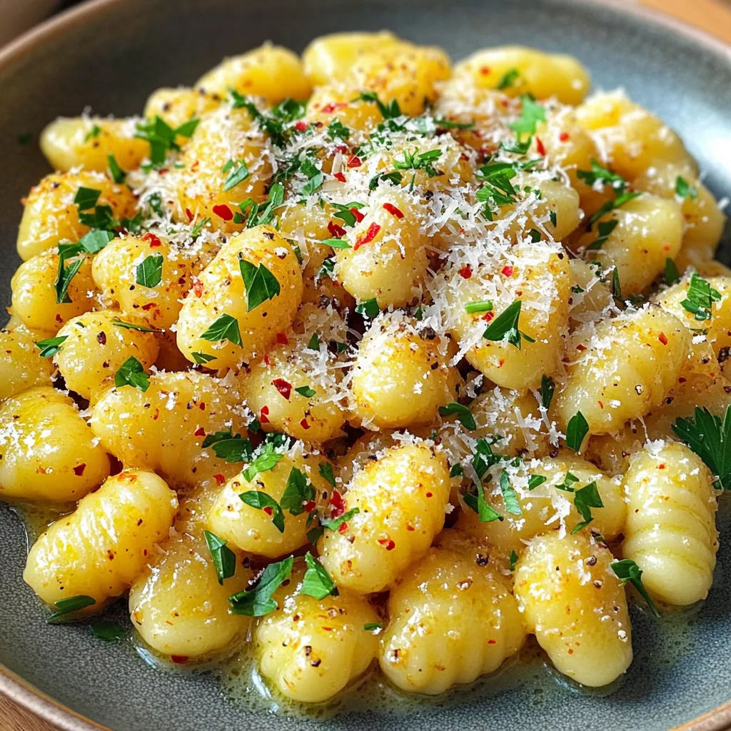 - 1 package (16 oz) gnocchi - 4 tablespoons unsalted butter - 4 cloves garlic, minced - 1/4 teaspoon red pepper flakes (optional) - 1/4 cup grated Parmesan cheese - Salt and black pepper to taste - Fresh parsley, chopped (for garnish) For this Minute Garlic Butter Gnocchi, you need a few key ingredients. The gnocchi gives the dish its base. Look for a 16-ounce package of gnocchi at your store. It cooks quickly and tastes great. Next, we need unsalted butter. Four tablespoons of butter add rich flavor. Garlic, minced, is a must for that classic taste. Use four cloves for a strong kick. If you like heat, add red pepper flakes. Just a pinch can spice things up. It’s optional, but I love the extra flavor it brings. For seasonings, grab some salt and black pepper. These help enhance the taste. Finally, don’t forget the Parmesan cheese. A quarter cup adds creaminess and depth. For the finishing touch, use fresh parsley. Chop it up and sprinkle it on top. It adds color and freshness to the dish. Enjoy these fresh and simple ingredients for a quick meal! First, get a large pot and fill it with salted water. Turn the heat on high until the water boils. Once it boils, add the gnocchi from the package. Cook them for about 2-3 minutes. You know they are ready when they float to the top. This means they are done! Drain the gnocchi and set them aside for now. Next, take a large skillet and place it on medium heat. Add 4 tablespoons of unsalted butter to the skillet. Wait for the butter to melt and foam. This usually takes just a minute. Once melted, add 4 cloves of minced garlic. Sauté the garlic for about 1 minute. It should smell great but not turn brown. If you like a bit of heat, add 1/4 teaspoon of red pepper flakes and stir for another 30 seconds. Now, it’s time to combine everything. Gently add the cooked gnocchi to the skillet. Toss them in the garlic butter until they are well coated. Season with salt and black pepper to taste. Cook for another 2-3 minutes. This lets the gnocchi brown a bit while you stir. When done, take the skillet off the heat. Sprinkle 1/4 cup of grated Parmesan cheese over the gnocchi and toss to mix. Finally, transfer the gnocchi to a serving dish and top with freshly chopped parsley for a lovely garnish. To get the best gnocchi, start with proper drainage. After boiling, gently pour the gnocchi into a colander. Let the water drain completely. This step helps keep the gnocchi from becoming mushy when you cook them in the sauce. The ideal cooking time for gnocchi is short. Usually, it takes about 2-3 minutes to cook. Watch for them to float. When they rise, they are ready to drain. This shows they are cooked. You can add fun flavors to your dish. Try adding sautéed spinach or sun-dried tomatoes for a twist. Both options bring nice colors and tastes. If you like heat, red pepper flakes can add a kick. For garlic, always use fresh cloves. Mince them finely for the best flavor. Sauté for just one minute. This way, the garlic gets fragrant but does not burn. Burnt garlic tastes bitter and ruins the dish. Pair your gnocchi with a light salad. A simple green salad with lemon dressing works well. The fresh taste of the salad balances the rich butter sauce. For a fun serving style, use a shallow bowl. Place the gnocchi in the center and sprinkle cheese on top. Add chopped parsley for color. This makes the dish look special and inviting. {{image_2}} You can easily make this dish vegetarian. Adding fresh vegetables can give it more color and taste. Try tossing in spinach, cherry tomatoes, or bell peppers. Sauté these veggies in the garlic butter for a few minutes before adding the gnocchi. This change makes the meal not just tasty, but also healthy. For plant-based substitutes, use vegan butter and nutritional yeast instead of cheese. Nutritional yeast adds a cheesy flavor without dairy. You can also try chickpea gnocchi if you want a gluten-free option. This way, everyone can enjoy this dish. Get creative with herbs and spices! Adding fresh basil, oregano, or thyme can change the taste. If you like heat, increase the red pepper flakes. For a zesty twist, squeeze some lemon juice over the dish before serving. You can also swap out Parmesan for other cheeses. Pecorino Romano or even feta can add a new flavor. These changes keep your meal exciting and fresh each time you make it. Adding protein makes the meal more filling. Chicken, shrimp, or sausage work great with gnocchi. Cook your choice of protein in the garlic butter before adding the gnocchi. This step adds depth to the dish. For a lighter option, consider using canned tuna or chickpeas. These choices provide protein without overwhelming the dish. They also make it easy to whip up a quick meal. Store any leftover gnocchi in an airtight container. Make sure it cools down first. Place it in the fridge for up to three days. When you are ready to eat, reheat it on the stove. Heat a skillet over medium heat and add a splash of water. This helps keep the gnocchi moist. Stir gently until it warms through. You can also use the microwave. Just place it in a bowl with a damp paper towel. Heat in short bursts to avoid overcooking. You can freeze cooked gnocchi for up to three months. First, let it cool completely. Spread the gnocchi on a baking sheet in a single layer. Freeze until firm, then transfer to a freezer bag. Remove as much air as possible to prevent freezer burn. When you’re ready to enjoy it, thaw the gnocchi in the fridge overnight. For reheating, use a skillet with a bit of water or broth. Cook over medium heat, stirring until hot again. This keeps the gnocchi tender and delicious. How long does gnocchi last in the fridge? Gnocchi lasts about three to five days in the fridge. Store it in an airtight container. Make sure it cools down before sealing. For best taste, eat it fresh. Can I use dried garlic instead of fresh? Yes, you can use dried garlic. Use about 1/4 teaspoon for each clove. Dried garlic has a different flavor, so adjust to your taste. Can I make this recipe gluten-free? Yes, you can! Look for gluten-free gnocchi at the store. Many brands offer good options. Check the ingredient label to be sure. What can I substitute for gnocchi? You can try using other pasta like penne or fusilli. Cauliflower rice is another option if you want something lighter. Can I use margarine instead of butter? Yes, margarine works as a substitute. The flavor may change slightly, but it will still taste good. What cheese can replace Parmesan? You can use Pecorino Romano or Grana Padano. Nutritional yeast is a great vegan option too. It adds a cheesy flavor without dairy. This blog post covered how to make garlic butter gnocchi. We looked at essential ingredients, like gnocchi, butter, and garlic. You learned how to cook the gnocchi and prepare the sauce. I also shared tips for flavor and serving ideas. To wrap it up, this dish is simple and tasty. Feel free to get creative with variations to suit your taste. Enjoy cooking and share this recipe with friends!