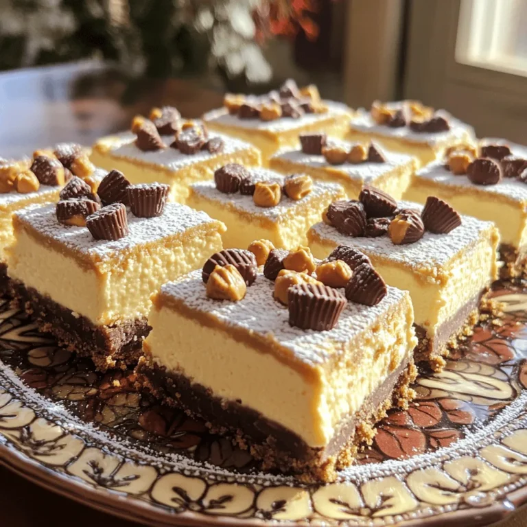 - 1 ½ cups graham cracker crumbs - ½ cup unsalted butter, melted - 2 cups cream cheese, softened - ¾ cup creamy peanut butter - 1 cup granulated sugar - 2 large eggs - 1 teaspoon vanilla extract - 1 cup mini chocolate peanut butter cups, chopped - ½ cup sour cream - 1 tablespoon powdered sugar (for dusting, optional) These ingredients make a rich and creamy dessert that everyone loves. The graham cracker crumbs form a sweet base, while the peanut butter adds a delicious flavor. Cream cheese gives the bars a soft texture. You will also need eggs to help bind everything together. - Mixing bowls - Electric mixer - Measuring cups and spoons - 9x9-inch baking pan - Parchment paper (optional) Having the right tools makes the process smooth. Use mixing bowls for combining and an electric mixer for smoothness. The baking pan holds your bars as they bake. Parchment paper helps with easy cleanup and removal. Enjoy the fun of making these bars! - Preheat oven to 325°F (160°C). - Prepare the baking pan with grease or parchment paper. Start by warming your oven. This helps bake the bars evenly. Choose a 9x9-inch baking pan. Greasing it or using parchment paper makes for easy removal later. - Combine graham cracker crumbs and melted butter. - Press mixture into the bottom of the pan. In a bowl, mix graham cracker crumbs with melted butter. Stir until it feels like wet sand. Then, press this mix firmly into the bottom of the pan. This will be your tasty crust. - Beat cream cheese and peanut butter. - Incorporate sugar, eggs, vanilla extract, and sour cream. - Fold in chocolate peanut butter cups. Take a large bowl and add softened cream cheese and peanut butter. Use an electric mixer to beat them together until smooth. Slowly add granulated sugar and mix well. Add eggs one at a time, mixing after each. Next, stir in the vanilla extract and sour cream. Finally, gently fold in chopped chocolate peanut butter cups to give your filling some fun bites. - Pour cheesecake batter over crust and bake. - Cooling and chilling instructions. Pour the creamy filling over your crust. Spread it evenly across the pan. Bake for 30 to 35 minutes. The center should be set but not jiggly. After baking, let it cool at room temperature for about an hour. Then, chill it in the fridge for at least three hours or overnight. This helps the bars firm up nicely. Once chilled, lift them out using the parchment paper. Cut into squares for serving. Enjoy your delicious peanut butter cup cheesecake bars! To make your cheesecake smooth, use room temperature ingredients. Cold cream cheese does not mix well. Let your cream cheese and eggs sit out for about 30 minutes before mixing. This helps achieve a creamy texture. To avoid cracks on the top, mix gently. Overbeating adds too much air. Bake your cheesecake in a water bath. This keeps the heat steady and helps it cook evenly. Presentation is key. Serve the cheesecake bars on a nice plate. Add a few whole mini chocolate peanut butter cups on top. Dust with powdered sugar for a sweet look. Pair these bars with coffee or whipped cream. The flavors blend well and enhance each bite. You can also try serving them with fresh berries for a fruity touch. One common mistake is overmixing the batter. This can cause your cheesecake to puff up and crack. Mix just enough to combine ingredients smoothly. Another mistake is not allowing enough cooling time. Let the cheesecake cool at room temperature for one hour. Then, chill it in the fridge for at least three hours. This helps the bars set properly and taste their best. {{image_2}} You can easily change the flavors in these bars. Try swapping peanut butter for almond or cashew butter. This gives a new twist. Each nut butter has its own taste and can change the whole dessert. Adding chocolate or caramel swirls can also make these bars more fun. Just drizzle melted chocolate or caramel into the cheesecake batter before baking. Use a knife to swirl it in. This adds a rich flavor and makes the bars look pretty. If you want a different crust, consider using Oreo or chocolate cookie crumbs. This adds a chocolatey touch that pairs well with the cheesecake. For those who need gluten-free options, use gluten-free graham cracker crumbs or crushed nuts. This way, everyone can enjoy these tasty treats without worry. You might want to serve these at a party or a small gathering. To adjust servings, you can easily double or halve the recipe. If you double the recipe, use a larger pan, like a 9x13-inch one. For halving, use a smaller pan, like a 8x8-inch one. Keep an eye on the baking time. Larger amounts may need a bit longer, while smaller ones may bake faster. Enjoy making these bars fit your event! To store leftovers in the fridge, place the cheesecake bars in an airtight container. This keeps them fresh and tasty. Make sure to layer parchment paper between the bars. This prevents sticking. You can enjoy these bars for up to one week. After that, the taste may change. For freezing the cheesecake bars, cut them into squares first. Wrap each square tightly in plastic wrap. Then place them in a freezer-safe bag or container. This helps keep them from getting freezer burn. They can last up to three months in the freezer. When you want to enjoy them, take out the bars and thaw them in the fridge. This helps keep the texture smooth. Avoid thawing at room temperature, as that can make them too soft. Enjoy your treat! Yes, you can prepare these cheesecake bars in advance. Make them a day or two before your event. After baking, let them cool. Then, place them in the fridge to set. This helps the flavors meld together. Just remember to cover them well to avoid drying out. These bars last about 4 to 5 days in the fridge. Store them in an airtight container. You can freeze them for up to 2 months too. Just wrap each bar in plastic wrap and then foil. This keeps them fresh and tasty. If you need a cream cheese alternative, try using Greek yogurt or mascarpone. Both offer a smooth texture. You can also use vegan cream cheese if you want a dairy-free option. These substitutes will yield a creamy filling. You can find pre-made cheesecake bars at many bakeries and grocery stores. Check the frozen dessert section too. Some online shops offer delivery options. This way, you can enjoy these treats without any baking. This cheesecake bar recipe is simple and fun. You learned about the ingredients, tools, and steps. We covered tips for texture and common mistakes to avoid. You can even explore variations and storage tips. Embrace your creativity with flavors and textures. Remember to enjoy each bite. Happy baking!
