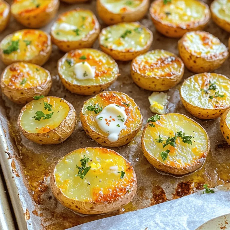 - 1.5 lbs baby potatoes, halved - 4 tablespoons unsalted butter, melted - 5 cloves garlic, minced - 2 tablespoons fresh parsley, chopped - 1 teaspoon dried thyme - 1 teaspoon paprika - Salt and pepper to taste - Zest of 1 lemon When making garlic butter roasted baby potatoes, I recommend using fresh ingredients. Fresh baby potatoes give the best flavor and texture. Look for firm potatoes without any bruises or blemishes. For the butter, use unsalted butter. This lets you control the salt level in your dish. The flavor of good quality butter enhances the richness of your potatoes. Garlic is key to this dish. Use fresh garlic cloves instead of pre-minced garlic. Fresh garlic has a strong and vibrant taste, which is essential for our garlic butter. When choosing baby potatoes, I suggest looking for Yukon Gold or red baby potatoes. These varieties have a creamy texture. They hold up well when roasted and soak in the garlic butter flavor nicely. Make sure to wash the potatoes well before cutting them in half. Dirt can hide in their skin. Cutting them helps them cook evenly and allows more surface area for the garlic butter to cling to. 1. Preheat the Oven: Start by preheating your oven to 400°F (200°C). This heat will give your potatoes a nice golden color. 2. Prepare the Baking Sheet: Line a baking sheet with parchment paper. This helps the potatoes cook evenly and makes cleaning easier. 3. Mix the Ingredients: In a large bowl, combine the halved baby potatoes, melted butter, minced garlic, chopped parsley, dried thyme, paprika, salt, and pepper. 4. Toss the Potatoes: Stir the mixture well. Make sure each potato half is coated with the garlic butter. This step is key for flavor. 5. Spread the Potatoes: Place the seasoned potatoes in a single layer on the prepared baking sheet. Avoid stacking them. This allows them to roast evenly. 1. Roast the Potatoes: Put the baking sheet in the preheated oven. Roast the potatoes for 25-30 minutes. They should turn golden brown and become tender. 2. Flip for Even Cooking: Halfway through roasting, take the baking sheet out and flip the potatoes. This step ensures they cook evenly on all sides. 1. Add Lemon Zest: Once the potatoes are done, remove them from the oven. Sprinkle lemon zest over them for a fresh, bright flavor. 2. Garnish and Serve: Serve the warm potatoes garnished with extra parsley if you like. This makes the dish look beautiful and adds a fresh touch. To roast baby potatoes just right, set your oven to 400°F (200°C). Place the rack in the middle to ensure even heat. This helps the potatoes cook well and get crispy. For a crispy outer layer, use a large baking sheet. Spread the potatoes out in one layer. Make sure they have space between them. If they touch, they will steam instead of roast. To add more flavor, think about herbs and spices. Fresh rosemary or dill can work great here. You can also mix in some red pepper flakes for a little heat. If you need a butter alternative, try olive oil or coconut oil. Both add richness without dairy. These garlic butter roasted baby potatoes pair well with grilled meats or fish. They also look nice next to a fresh salad. For something special, serve them in a rustic bowl with a sprinkle of extra parsley on top. You can even add a lemon wedge on the side. This adds a pop of color and a fresh taste. {{image_2}} You can swap out parsley for other fresh herbs. Basil, dill, or chives work great. Each herb adds a unique twist to the dish. Italian seasoning is another fantastic option. It brings a robust flavor that complements the garlic well. Rosemary also shines here, giving a warm, earthy taste. Feel free to mix and match to find your perfect blend. You can make garlic butter roasted baby potatoes in an air fryer. Set your air fryer to 400°F (200°C) and cook the potatoes for about 15-20 minutes. Shake the basket halfway through to ensure even cooking. Baking is simple too. Just follow the oven instructions as usual. For stovetop cooking, boil the potatoes first until tender. Then, sauté them in garlic butter until crispy. If you want a vegan option, use plant-based butter instead of regular butter. This keeps the dish creamy and rich without any dairy. For gluten-free diets, you're in luck! This recipe is naturally gluten-free. Just make sure your butter and any additional seasonings are labeled gluten-free. Enjoy this tasty side without worry! To keep your garlic butter roasted baby potatoes fresh, let them cool first. Place them in a sealed container. This helps avoid moisture loss. You can store them in the fridge for up to 3 days. If you want to keep them longer, freeze them. Use a freezer-safe bag or container. Frozen potatoes can last for about a month. Just make sure to label the container with the date. When it's time to enjoy your leftovers, you can reheat them in two ways. The oven is great for keeping that crispy texture. Preheat it to 375°F (190°C). Spread the potatoes on a baking sheet. Heat them for about 10-15 minutes or until warm. If you're in a hurry, use the microwave. Place the potatoes in a microwave-safe dish. Cover them with a damp paper towel. Heat them for 1-2 minutes, checking often to avoid overcooking. The key is to make sure they heat evenly. Enjoy your tasty side dish again! Yes, you can use larger potatoes. Just cut them into smaller pieces. Red potatoes and Yukon Gold are great choices. They have creamy textures and rich flavors. If you use larger potatoes, cooking time may change. You want them tender and golden, just like baby potatoes. Keep an eye on them while roasting. These potatoes pair well with many dishes. Try serving them with grilled chicken or fish. They also go great with steak or pork chops. Add a fresh salad to balance the meal. Roasted veggies add color and flavor, too. You can even serve them with a dipping sauce like ranch or garlic aioli for extra zest. You can prepare the potatoes before cooking. Cut and season them, then place them in the fridge. Just make sure to cover them well. When ready to cook, take them out and let them sit for a bit. This helps them roast evenly. You can also roast them and reheat later. Just keep them in a sealed container. Enjoy your tasty meal! This blog post gives you the tools to make amazing garlic butter roasted baby potatoes. We covered key ingredients, from butter quality to ideal potato choices. The cooking steps were simple, ensuring perfect results every time. Try our tips for extra flavor and serving ideas that will impress. Roasted potatoes are versatile and delicious. With your new skills, you can create a hit dish for any meal. Enjoy experimenting with flavors and variations to make it your own. Happy cooking!