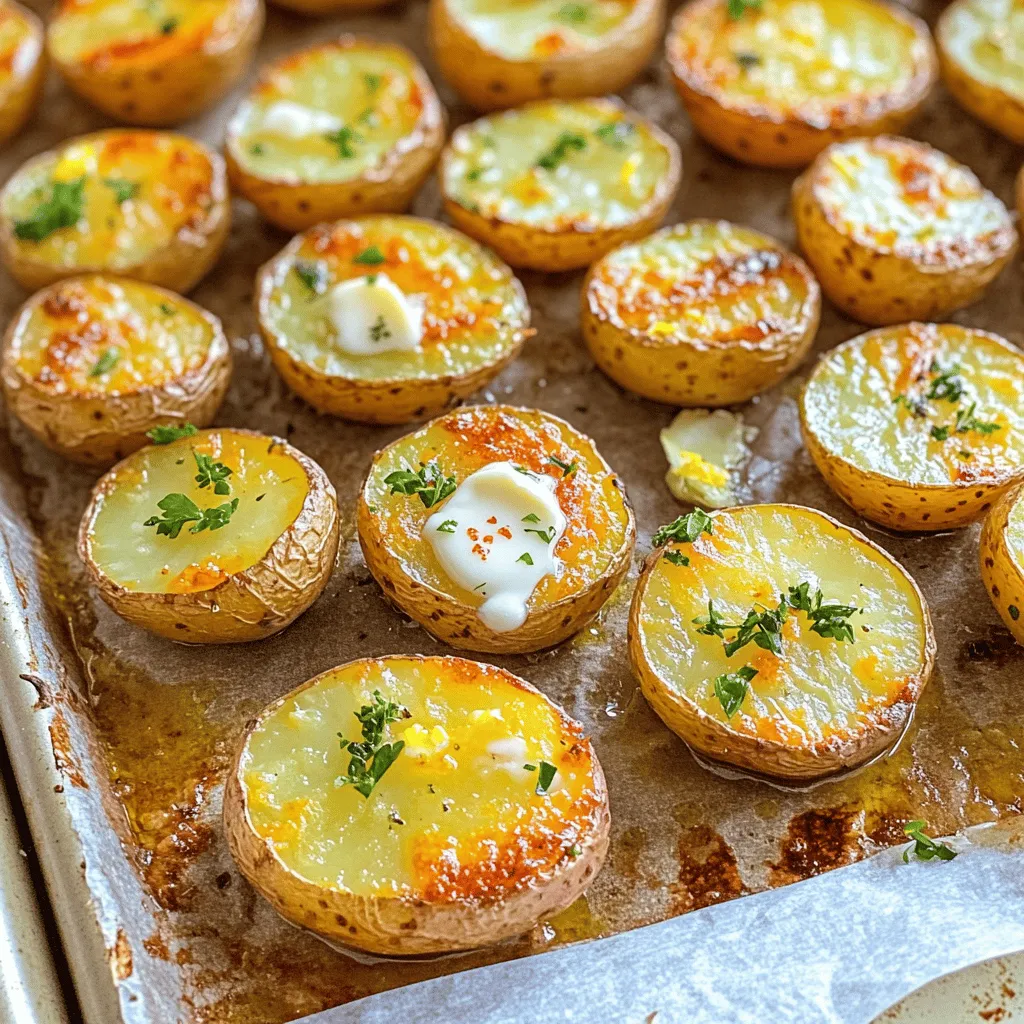 - 1.5 lbs baby potatoes, halved - 4 tablespoons unsalted butter, melted - 5 cloves garlic, minced - 2 tablespoons fresh parsley, chopped - 1 teaspoon dried thyme - 1 teaspoon paprika - Salt and pepper to taste - Zest of 1 lemon When making garlic butter roasted baby potatoes, I recommend using fresh ingredients. Fresh baby potatoes give the best flavor and texture. Look for firm potatoes without any bruises or blemishes. For the butter, use unsalted butter. This lets you control the salt level in your dish. The flavor of good quality butter enhances the richness of your potatoes. Garlic is key to this dish. Use fresh garlic cloves instead of pre-minced garlic. Fresh garlic has a strong and vibrant taste, which is essential for our garlic butter. When choosing baby potatoes, I suggest looking for Yukon Gold or red baby potatoes. These varieties have a creamy texture. They hold up well when roasted and soak in the garlic butter flavor nicely. Make sure to wash the potatoes well before cutting them in half. Dirt can hide in their skin. Cutting them helps them cook evenly and allows more surface area for the garlic butter to cling to. 1. Preheat the Oven: Start by preheating your oven to 400°F (200°C). This heat will give your potatoes a nice golden color. 2. Prepare the Baking Sheet: Line a baking sheet with parchment paper. This helps the potatoes cook evenly and makes cleaning easier. 3. Mix the Ingredients: In a large bowl, combine the halved baby potatoes, melted butter, minced garlic, chopped parsley, dried thyme, paprika, salt, and pepper. 4. Toss the Potatoes: Stir the mixture well. Make sure each potato half is coated with the garlic butter. This step is key for flavor. 5. Spread the Potatoes: Place the seasoned potatoes in a single layer on the prepared baking sheet. Avoid stacking them. This allows them to roast evenly. 1. Roast the Potatoes: Put the baking sheet in the preheated oven. Roast the potatoes for 25-30 minutes. They should turn golden brown and become tender. 2. Flip for Even Cooking: Halfway through roasting, take the baking sheet out and flip the potatoes. This step ensures they cook evenly on all sides. 1. Add Lemon Zest: Once the potatoes are done, remove them from the oven. Sprinkle lemon zest over them for a fresh, bright flavor. 2. Garnish and Serve: Serve the warm potatoes garnished with extra parsley if you like. This makes the dish look beautiful and adds a fresh touch. To roast baby potatoes just right, set your oven to 400°F (200°C). Place the rack in the middle to ensure even heat. This helps the potatoes cook well and get crispy. For a crispy outer layer, use a large baking sheet. Spread the potatoes out in one layer. Make sure they have space between them. If they touch, they will steam instead of roast. To add more flavor, think about herbs and spices. Fresh rosemary or dill can work great here. You can also mix in some red pepper flakes for a little heat. If you need a butter alternative, try olive oil or coconut oil. Both add richness without dairy. These garlic butter roasted baby potatoes pair well with grilled meats or fish. They also look nice next to a fresh salad. For something special, serve them in a rustic bowl with a sprinkle of extra parsley on top. You can even add a lemon wedge on the side. This adds a pop of color and a fresh taste. {{image_2}} You can swap out parsley for other fresh herbs. Basil, dill, or chives work great. Each herb adds a unique twist to the dish. Italian seasoning is another fantastic option. It brings a robust flavor that complements the garlic well. Rosemary also shines here, giving a warm, earthy taste. Feel free to mix and match to find your perfect blend. You can make garlic butter roasted baby potatoes in an air fryer. Set your air fryer to 400°F (200°C) and cook the potatoes for about 15-20 minutes. Shake the basket halfway through to ensure even cooking. Baking is simple too. Just follow the oven instructions as usual. For stovetop cooking, boil the potatoes first until tender. Then, sauté them in garlic butter until crispy. If you want a vegan option, use plant-based butter instead of regular butter. This keeps the dish creamy and rich without any dairy. For gluten-free diets, you're in luck! This recipe is naturally gluten-free. Just make sure your butter and any additional seasonings are labeled gluten-free. Enjoy this tasty side without worry! To keep your garlic butter roasted baby potatoes fresh, let them cool first. Place them in a sealed container. This helps avoid moisture loss. You can store them in the fridge for up to 3 days. If you want to keep them longer, freeze them. Use a freezer-safe bag or container. Frozen potatoes can last for about a month. Just make sure to label the container with the date. When it's time to enjoy your leftovers, you can reheat them in two ways. The oven is great for keeping that crispy texture. Preheat it to 375°F (190°C). Spread the potatoes on a baking sheet. Heat them for about 10-15 minutes or until warm. If you're in a hurry, use the microwave. Place the potatoes in a microwave-safe dish. Cover them with a damp paper towel. Heat them for 1-2 minutes, checking often to avoid overcooking. The key is to make sure they heat evenly. Enjoy your tasty side dish again! Yes, you can use larger potatoes. Just cut them into smaller pieces. Red potatoes and Yukon Gold are great choices. They have creamy textures and rich flavors. If you use larger potatoes, cooking time may change. You want them tender and golden, just like baby potatoes. Keep an eye on them while roasting. These potatoes pair well with many dishes. Try serving them with grilled chicken or fish. They also go great with steak or pork chops. Add a fresh salad to balance the meal. Roasted veggies add color and flavor, too. You can even serve them with a dipping sauce like ranch or garlic aioli for extra zest. You can prepare the potatoes before cooking. Cut and season them, then place them in the fridge. Just make sure to cover them well. When ready to cook, take them out and let them sit for a bit. This helps them roast evenly. You can also roast them and reheat later. Just keep them in a sealed container. Enjoy your tasty meal! This blog post gives you the tools to make amazing garlic butter roasted baby potatoes. We covered key ingredients, from butter quality to ideal potato choices. The cooking steps were simple, ensuring perfect results every time. Try our tips for extra flavor and serving ideas that will impress. Roasted potatoes are versatile and delicious. With your new skills, you can create a hit dish for any meal. Enjoy experimenting with flavors and variations to make it your own. Happy cooking!