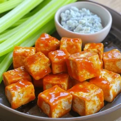 - 1 block (14 oz) firm tofu, pressed and drained - 1 cup all-purpose flour (or gluten-free flour) - 1 teaspoon garlic powder - 1 teaspoon onion powder - 1 teaspoon smoked paprika - Salt and pepper to taste - 1 cup buffalo sauce (store-bought or homemade) - 2 tablespoons olive oil - Fresh celery sticks, for serving - Blue cheese or ranch dressing, for dipping (optional) Tofu is the star of this dish. Use firm tofu for the best texture. It holds its shape and absorbs flavors well. Press the tofu to remove water. This makes it crispy when cooked. The coating acts as a crunchy shell. All-purpose flour is common, but gluten-free options work too. The spices add depth. Garlic powder, onion powder, and smoked paprika give great flavor. Adjust salt and pepper to your taste. Buffalo sauce adds the heat. You can buy it or make your own. Just mix hot sauce with melted butter or oil. This sauce is key for that classic buffalo taste. - Gluten-free flour options: You can swap regular flour with oat flour or almond flour. These gluten-free options work well and keep the bites crunchy. - Homemade buffalo sauce recipe: Combine ½ cup hot sauce, ¼ cup melted butter, and a dash of vinegar. Mix well for a zesty sauce. - Recommended sides: Serve with fresh celery sticks. They crunch nicely and cool the heat. You can also add carrot sticks for extra color. - Dipping sauces: Blue cheese dressing is traditional. Ranch dressing is a great choice too. Both add creaminess to balance the spicy tofu. First, slice the tofu into bite-sized cubes. Use firm tofu for the best texture. Next, press the tofu. This helps remove water. You can do this by placing the tofu between paper towels and putting a weight on top. Pressing is key. Dry tofu absorbs flavors better and gets crispier. In a large bowl, mix your dry ingredients. Combine flour, garlic powder, onion powder, smoked paprika, salt, and pepper. Stir well to blend. Then, take your tofu cubes and toss them gently in the flour mix. Ensure each piece is covered evenly. Shake off any extra flour to avoid clumps. Preheat your air fryer to 400°F (200°C) for about five minutes. This step is crucial for crispy bites. Once preheated, drizzle olive oil over the coated tofu. Toss well to coat. Place the tofu in a single layer in the basket. Cook for 12-15 minutes, shaking halfway through. This ensures even cooking. If you have more tofu, cook in batches. After cooking, transfer the tofu to a bowl and add buffalo sauce. Toss to coat, then return to the fryer for another 3-5 minutes. This helps the sauce crisp up slightly for extra flavor. To get that perfect crunch, oil the tofu well. Use about two tablespoons of olive oil. Make sure to toss the tofu cubes in oil until they are fully coated. This helps them crisp up in the air fryer. To avoid soggy tofu, start with firm tofu. Press it well to remove extra moisture. After cutting the tofu, pat it dry with a paper towel. This step is key to achieving that crispy texture. Marinating the tofu can add great taste. You can soak tofu in buffalo sauce for 30 minutes before cooking. This gives it an extra kick. Try adding some hot sauce or lemon juice for more zing. You can also experiment with seasonings. Garlic powder, onion powder, and smoked paprika work well. Don’t be afraid to mix and match spices. A little cumin or chili powder can make a big difference. If your tofu is undercooked, just pop it back in the air fryer. Cook it for a few more minutes at 400°F. This will help it get crispy and hot. If you find your tofu is overcooked, don’t worry! You can rescue it by adding a little buffalo sauce. It adds moisture and flavor back into the tofu. {{image_2}} You can spice up your Air Fryer Buffalo Tofu Bites in fun ways. For a fiery kick, add more hot sauce to your buffalo sauce. You can also mix in cayenne pepper or chipotle powder. This gives your bites a smoky, spicy flavor. If you prefer a sweet touch, try adding honey or brown sugar to the buffalo sauce. This creates a nice balance between heat and sweetness. You can also mix in a bit of maple syrup for a unique twist. If you want to switch it up, try using tempeh instead of tofu. Tempeh has a nutty flavor that works well with buffalo sauce. You can also use cauliflower florets. They provide a great bite and soak up the sauce nicely. Don’t forget to play with spices, too. Try adding cumin, chili powder, or even lemon zest for a fresh zing. These small changes can create a brand-new flavor experience. Make your Air Fryer Buffalo Tofu Bites pop on the plate. Use a colorful platter to showcase them. Arrange celery sticks around the tofu bites for a nice contrast. You can also sprinkle chopped parsley or green onions on top for a fresh look. For dipping, offer both blue cheese and ranch dressing. These creamy options cool down the heat. You can even create a small dipping station with different sauces. This makes your snack fun and interactive. To store your Air Fryer Buffalo Tofu Bites, you need the right container. Use an airtight container. This will keep the tofu fresh. Place the bites in a single layer if possible. If you stack them, add parchment paper between layers. This prevents sticking. Keep them in the fridge for up to three days. Remember to let them cool before sealing. When it comes to reheating, I suggest the air fryer. Preheat it to 350°F (175°C). Place the tofu bites in the basket. Heat for about 5 to 7 minutes. This helps keep them crispy. You can also use an oven. Just set it to 350°F (175°C) and heat for 10 to 15 minutes. Avoid using a microwave, as it can make them soggy. You can freeze your tofu bites if you have extra. First, let them cool completely. Then, place them on a baking sheet in a single layer. Freeze for about an hour. Once they are firm, transfer them to a freezer bag. Remove as much air as possible. They can stay in the freezer for up to three months. To reheat frozen tofu bites, thaw them in the fridge overnight. After thawing, you can use the air fryer or oven to heat them up. Yes, this recipe is already vegan. The main ingredient is firm tofu, which is plant-based. You can use any store-bought buffalo sauce that is also vegan. Some brands have dairy, so check the label. If you want to make your own buffalo sauce, combine hot sauce with vegan butter. This keeps it 100% vegan and tasty! To avoid soggy tofu, press it well. Start with a block of firm tofu. Wrap it in a clean kitchen towel and place something heavy on top. Let it sit for about 15-30 minutes. This helps remove extra moisture. After pressing, cut the tofu into small cubes and pat them dry with a paper towel. This step is key for crispy bites! These tofu bites pair well with fresh celery sticks. They add a nice crunch and coolness. You can also serve them with blue cheese or ranch dressing for dipping. For a full meal, try adding a side of salad or rice. These options balance the spicy flavor of the buffalo sauce. In this blog post, we covered the key ingredients for air fryer buffalo tofu bites, shared step-by-step instructions, and provided useful tips for success. You learned about achieving crispiness and enhancing flavor while exploring variations and storage methods. Buffalo tofu bites are a simple, tasty dish. I encourage you to try the options and make it your own. With the right techniques, you’ll serve a delicious meal that everyone will love. Enjoy your cooking journey!