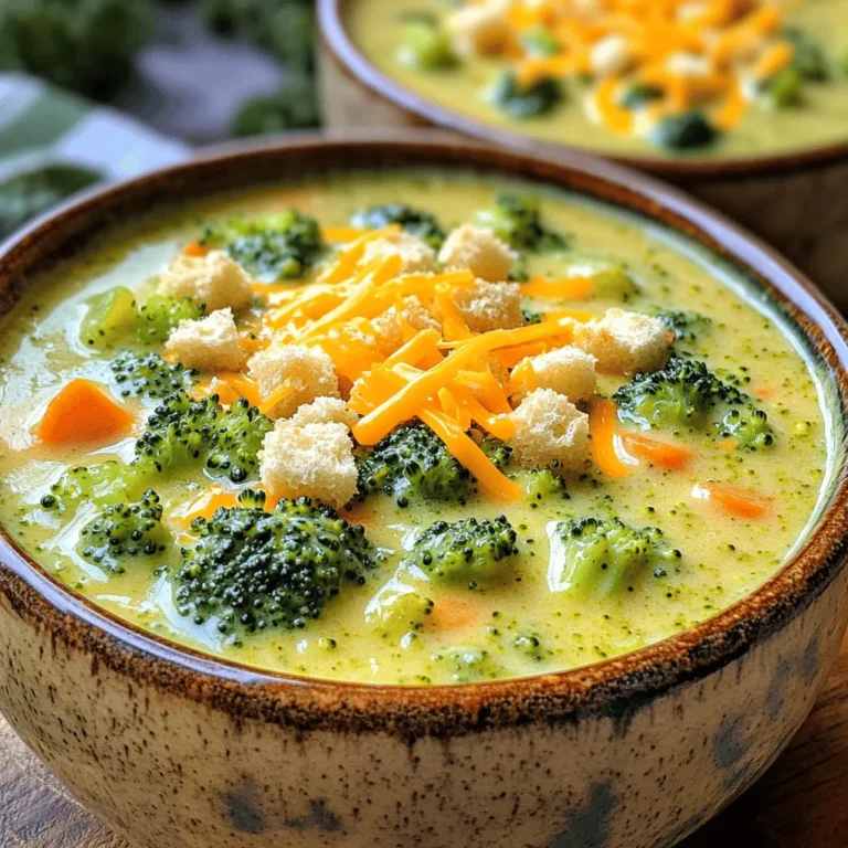 To make this soup, gather these simple ingredients: - 4 cups broccoli florets - 1 medium onion, diced - 2 cloves garlic, minced - 4 cups vegetable broth - 2 cups shredded sharp cheddar cheese - 1 cup heavy cream (or coconut cream for a lighter version) - 2 medium carrots, diced - 1 teaspoon thyme (dried or fresh) - Salt and pepper to taste - 1 tablespoon olive oil - Optional: Croutons and additional cheddar for serving You can easily swap some ingredients for different flavors. Try using: - Cauliflower instead of broccoli for a milder taste. - Leeks for a sweeter onion flavor. - Almond milk instead of heavy cream for a lighter soup. - Nutritional yeast for a cheesy flavor in vegan versions. Fresh ingredients make a big difference in flavor. When you use fresh broccoli, it tastes bright and crisp. Fresh herbs, like thyme, add a lovely aroma. Using fresh garlic enhances the soup's depth. Always choose high-quality ingredients for the best results. This way, your broccoli cheddar soup will shine! Start by gathering your fresh ingredients. You will need 4 cups of broccoli florets, 1 medium onion, and 2 cloves of garlic. Dice the onion and mince the garlic. This will add great flavor to your soup. Then, chop 2 medium carrots into small pieces. Fresh veggies make the soup bright and tasty. Next, take your slow cooker. Drizzle 1 tablespoon of olive oil at the bottom. Add the diced onion and minced garlic to the cooker. Toss them together, ensuring the onion gets coated with oil. This step helps release the flavors. Now, add the broccoli florets and diced carrots to the slow cooker. Sprinkle 1 teaspoon of thyme over the top. Pour in 4 cups of vegetable broth, making sure it covers the veggies. Give everything a gentle stir to mix it well. Now, cover the slow cooker with its lid. You can cook on low for 4-6 hours or high for 2-3 hours. Check the veggies when the time is up. They should be soft and tender. Once the veggies are done, take an immersion blender and puree the soup until smooth. If you like some chunks, blend only half. This gives the soup a nice texture. After blending, stir in 1 cup of heavy cream and 2 cups of shredded sharp cheddar cheese. Mix well until the cheese melts completely. Taste your soup now. Add salt and pepper to your liking. Let the soup cook on low for another 15-30 minutes. This step helps all the flavors come together. Your comforting broccoli cheddar soup is almost ready to serve! To get your broccoli cheddar soup just right, think about how you want it to feel. If you like a smooth soup, use an immersion blender to puree it fully. For a chunkier soup, blend only half the mix. This way, you get bites of broccoli and carrot in every spoonful. Adjusting the amount of cream can also change the thickness. Use less for a lighter soup or more for a rich, creamy finish. The cheese makes this soup shine. I recommend using sharp cheddar cheese for a strong flavor. Its taste pairs well with broccoli and adds depth. You can also try a mix of cheeses. Gruyère is another great choice. It melts well and brings nuttiness. If you want to experiment, add a little Parmesan for an extra kick. Want to make your soup even better? Try adding some spices. A dash of nutmeg adds warmth. A splash of lemon juice brightens the flavors. You can also throw in some cooked bacon bits or sautéed mushrooms for a heartier meal. For a creamier texture without added calories, use coconut cream instead of heavy cream. These simple changes can elevate your soup into something special. {{image_2}} To make this soup vegan and dairy-free, swap the heavy cream for coconut cream. Use a plant-based cheese instead of sharp cheddar. Look for brands that melt well. You can also replace the vegetable broth with homemade or store-bought vegan broth. This keeps the flavor rich without dairy. You can add other veggies to boost nutrition and flavor. Some great options are: - Cauliflower florets - Spinach or kale - Peas - Zucchini These veggies cook well in the slow cooker. They add color and taste without changing the soup's essence. Just chop them up and toss them in with the broccoli. If you love spice, add red pepper flakes or a diced jalapeño. This gives the soup a nice kick. You can also stir in some hot sauce before serving. Just remember to start small. You can always add more heat, but it’s hard to take it out! To store leftovers, let the soup cool first. Pour it into airtight containers. Make sure to leave some space at the top. This helps prevent spills when freezing. Store in the fridge for up to three days. If you want it to last longer, freezing is a great option. You can freeze this soup for later use. Pour the cooled soup into freezer-safe containers. Avoid filling them to the top. Leave some room for the soup to expand as it freezes. It can last in the freezer for up to three months. When ready to eat, thaw it in the fridge overnight. To reheat, pour the soup into a pot over low heat. Stir it gently as it warms up. If the soup seems too thick, add a splash of vegetable broth or cream. You can also microwave it in a bowl. Heat in short bursts, stirring in between, until hot. Enjoy your warm, comforting bowl of soup! Yes, you can use frozen broccoli. It saves time and is still tasty. Just add it to the slow cooker as you would fresh broccoli. There’s no need to thaw it first. The soup will cook just as well, and the flavors will blend nicely. To thicken your soup, try these tips: - Add more cheese. The cheese will melt and create a richer texture. - Mix in some instant potato flakes. They absorb liquid and add creaminess. - Cook the soup longer. This helps the vegetables break down more, thickening the soup naturally. This soup pairs well with many sides. Here are some ideas: - Crusty bread or baguette for dipping. - A fresh green salad with a light dressing. - Crunchy croutons on top for added texture. - Grilled cheese sandwiches for a classic comfort meal. These sides can elevate your soup experience. Enjoy experimenting and finding your favorite combination! In this article, we explored making delicious Broccoli Cheddar Soup. We discussed the key ingredients and how fresh choices enhance taste. I walked you through easy steps for preparation, cooking, and blending. You learned tips for the perfect consistency and the best cheese options. We also covered tasty variations and smart storage methods. Remember, small changes can bring big flavor to your soup. Enjoy creating your perfect bowl!