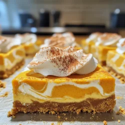 - 1 ½ cups graham cracker crumbs - ½ cup unsalted butter, melted - 1 cup cream cheese, softened - ½ cup granulated sugar - 1 teaspoon vanilla extract - 1 cup pumpkin puree - 2 large eggs - 2 teaspoons pumpkin spice mix - ½ cup strong brewed coffee, cooled - 1 tablespoon cornstarch - Pinch of salt - Whipped cream and ground cinnamon for topping To make these Pumpkin Spice Latte Cheesecake Bars, you need a few key ingredients. First, I recommend using high-quality pumpkin puree. It gives the bars a rich flavor. You can use canned puree or make your own by roasting fresh pumpkins. Next, let's talk about coffee. A strong brewed coffee works best for this recipe. It adds depth to the cheesecake. You can use espresso or any coffee you prefer, but ensure it’s strong. The graham cracker crumbs form a crunchy base. You can crush whole crackers or buy pre-made crumbs. Just make sure they are finely ground for a smooth crust. When it comes to the cream cheese, use full-fat for a creamy texture. Softened cream cheese blends better and helps avoid lumps. For optional toppings, I suggest whipped cream and ground cinnamon. They add a lovely finish to each bar. A dollop of whipped cream makes it extra special, while cinnamon brings out the spices in the cheesecake. With these ingredients, you will create a delightful treat that captures the essence of fall. Enjoy the process, and remember, each ingredient plays a vital role in the final flavor! 1. Prepping the oven and baking pan Start by preheating your oven to 350°F (175°C). This ensures a good bake. Next, line a 9x9 inch baking pan with parchment paper for easy removal later. 2. Making the graham cracker crust In a medium bowl, mix 1 ½ cups of graham cracker crumbs with ½ cup of melted unsalted butter. Stir until the crumbs are fully coated and crumbly. Press this mixture firmly into the bottom of your prepared pan. This crust will hold the cheesecake bars together. 3. Preparing the cheesecake filling In a large mixing bowl, beat 1 cup of softened cream cheese until smooth. Gradually add ½ cup of granulated sugar, mixing until creamy. Then, stir in 1 teaspoon of vanilla extract and 1 cup of pumpkin puree. Next, add 2 large eggs, 2 teaspoons of pumpkin spice mix, ½ cup of cooled brewed coffee, 1 tablespoon of cornstarch, and a pinch of salt. Beat until everything is well combined and smooth. 4. Baking and cooling instructions Pour the cheesecake filling over the crust and spread it evenly. Bake in the preheated oven for 30-35 minutes. The edges should set, but the center will have a slight jiggle. Once done, turn off the oven and crack the door open. Let the cheesecake bars cool in the oven for about 30 minutes. This helps prevent cracks. 5. Final chilling before serving After cooling, refrigerate the bars for at least 3 hours. This allows them to set completely. Once chilled, cut into bars. Serve with whipped cream and a sprinkle of ground cinnamon for a delightful touch. Enjoy making these creamy, pumpkin spice latte cheesecake bars! How to avoid cracking in cheesecake To stop cracks, always cool your cheesecake slowly. After baking, turn off the oven and crack the door. Let the bars cool for 30 minutes inside. This helps keep them nice and smooth. Checking doneness of cheesecake bars To know if your cheesecake is done, look at the edges. They should be set, while the center has a slight jiggle. This means they are ready to cool down. Tips for ensuring smooth filling For a creamy filling, mix the cream cheese until it's very smooth. Add ingredients slowly and mix well. Be sure to add the eggs one at a time. This keeps air bubbles from forming, making your filling nice and smooth. Presentation ideas For a beautiful plate, top your bars with whipped cream. Add a sprinkle of ground cinnamon for flavor and style. You can serve them on a colorful plate to make them pop. Pairing with beverages These cheesecake bars go great with a cup of strong coffee. The coffee flavor matches the bars well. You can also enjoy them with hot cocoa for a cozy treat. {{image_2}} You can easily change the flavor of your cheesecake bars. Try adding chocolate chips or a drizzle of caramel on top. These extra flavors make each bite exciting. You can also mix in nuts like pecans or walnuts for added crunch. If you want to switch up the spices, use cinnamon or nutmeg instead of pumpkin spice. You can even create a chai spice blend for a unique twist. The options are endless, so feel free to get creative! If you need a gluten-free version, use gluten-free graham crackers for the crust. They work just as well and taste great. For a dairy-free option, swap the cream cheese with a dairy-free alternative. Brands like Tofutti or Kite Hill make good choices. These changes will help you enjoy this treat without worry. You can still have fun with flavors while meeting your dietary needs. To keep your pumpkin spice latte cheesecake bars fresh, store them in the fridge. Place them in an airtight container. They will last about five days in the fridge. If you want to save some for later, you can freeze them. Cut the bars into pieces and wrap each one in plastic wrap. Then, put them in a freezer-safe bag. These bars can stay good for up to three months in the freezer. Just remember to label and date the bags. This helps you know when to enjoy them again! When you want to eat your cheesecake bars again, you do not need to heat them. They taste great cold! If you prefer to warm them up, do so gently. You can microwave them for about 10-15 seconds. Be careful not to overheat them. This can make the texture change. Serve the bars with fresh whipped cream and a sprinkle of ground cinnamon for a cozy touch. Enjoy your treat! Yes, you can make these bars a day ahead. Chill them well after baking. This helps the flavors blend and improves the texture. Just slice and serve when ready! Pumpkin spice mixes great with many treats. Think about chocolate chip cookies or apple pie. Donuts with pumpkin spice are a hit too. Pairing these with coffee or hot cocoa makes them perfect! You can find pumpkin spice at most grocery stores. Look in the baking aisle. If you want to make your own, use cinnamon, nutmeg, ginger, and allspice. Mix them in equal parts for a fresh blend. Absolutely! Using flavored coffee adds a fun twist. Try hazelnut or vanilla coffee for extra taste. Just make sure it’s strong enough to keep the flavor bold. This blog post covered making delicious cheesecake bars from start to finish. We talked about the key ingredients, steps for preparation, and tips to prevent cracking. You learned about variations like adding chocolate and how to serve these treats with coffee or hot cocoa. In conclusion, I hope you feel ready to make your own pumpkin cheesecake bars with confidence. Enjoy the process and share your tasty results!