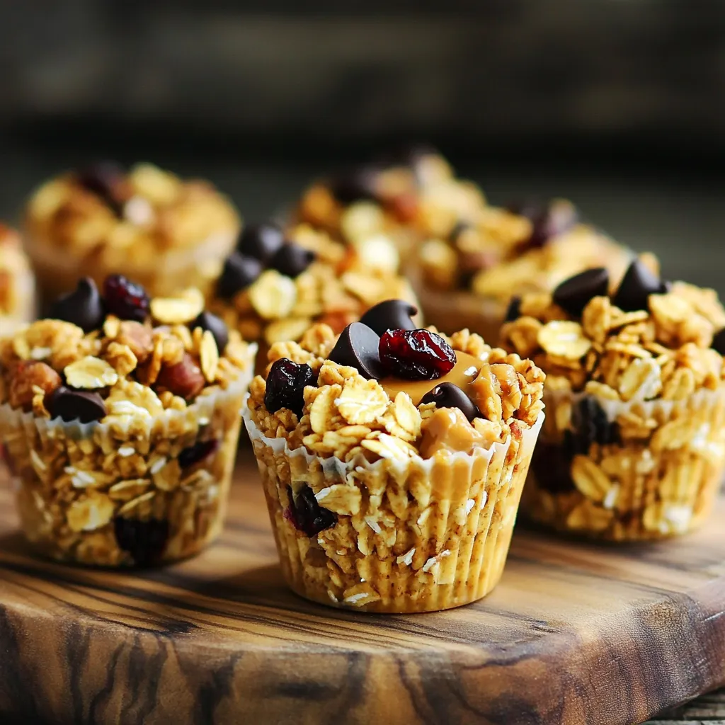 To make No-Bake Peanut Butter Granola Cups, you need: - 1 cup rolled oats - ½ cup natural peanut butter - ¼ cup honey or maple syrup - ½ cup chocolate chips (dark or semi-sweet) - ½ cup chopped nuts (almonds, walnuts, or pecans) - ¼ cup dried fruit (cranberries or raisins) - ½ teaspoon vanilla extract - Pinch of salt Each serving has about: - Calories: 150 - Protein: 4g - Carbs: 18g - Fat: 7g - Fiber: 2g - Sugars: 6g This snack offers a nice mix of protein and healthy fats. You can swap some ingredients for a twist: - Use almond butter instead of peanut butter. - Try agave nectar instead of honey. - Replace chocolate chips with dried coconut or sunflower seeds. - Use walnuts or pistachios for different flavors. These swaps keep your snack fun and tasty! First, gather your dry ingredients. You need 1 cup of rolled oats, ½ cup of chopped nuts, and ¼ cup of dried fruit. You can use cranberries or raisins. In a large mixing bowl, add the oats, nuts, and dried fruit. Mix them well. This step helps spread the flavors evenly. Next, we create the peanut butter mixture. Take ½ cup of natural peanut butter and ¼ cup of honey or maple syrup. Place them in a microwave-safe bowl. Heat this mix for about 30 seconds. It should be warm and easy to stir. Remove it from the microwave. Now, stir in ½ teaspoon of vanilla extract and a pinch of salt. Mix until it’s smooth and creamy. Now it’s time to combine everything. Pour the peanut butter mixture over the dry ingredients. Mix well until all the dry ingredients are coated. Gently fold in ½ cup of chocolate chips. Be careful not to melt them too much. Then, prepare a muffin tin. You can line it with paper liners or lightly grease it. Spoon the granola mixture into each cup. Press down firmly with your fingers or a spoon. This helps them hold their shape. Finally, place the muffin tin in the refrigerator. Let it sit for at least 30 minutes. This helps the cups set. Once they are firm, you can remove them from the tin. Enjoy them right away or store them in an airtight container in the fridge for up to a week. To get the best texture in your granola cups, use rolled oats. They hold up well and give a nice chew. Mixing in chopped nuts adds crunch. I love using almonds or walnuts for this recipe. Make sure to pack the mixture tightly in the muffin tin. This helps the cups hold their shape when set. You can save time by measuring everything before starting. This way, you won’t scramble to find ingredients. To heat the peanut butter and honey, use the microwave. Just 30 seconds is enough to warm them. Stir well to combine. If you want, use a food processor to mix the dry ingredients quickly. For a lovely presentation, arrange the granola cups on a platter. Drizzle extra honey on top for sweetness. Add a few whole nuts as a garnish. This makes them look inviting and tasty. You can also serve them with yogurt or fresh fruit on the side. This adds color and flavor to your snack! {{image_2}} You can switch peanut butter for other nut butters. Almond butter, cashew butter, or sunflower seed butter work great. Each brings a different taste and texture. Almond butter adds a nutty crunch. Cashew butter is creamier and sweeter. Sunflower seed butter is great for nut-free options. Honey and maple syrup are popular choices, but you can get creative. Try agave nectar, brown rice syrup, or coconut sugar. Each sweetener gives a unique flavor. Agave is mild and works well if you want less sweetness. Brown rice syrup makes the cups chewy. Feel free to add more fun ingredients! Chia seeds or flaxseeds boost nutrition. They add fiber and omega-3s. You can also mix in spices like cinnamon or nutmeg for extra flavor. A pinch of sea salt can enhance all the tastes too. These small changes can make your granola cups even better! To keep your no-bake peanut butter granola cups fresh, store them in an airtight container. This helps prevent moisture and keeps them crunchy. You can place parchment paper between layers to avoid sticking. Always store them in the refrigerator for the best taste and texture. If stored properly, these granola cups will last about a week in the fridge. After that, they may start to lose their texture and flavor. Keep an eye on them, and if you notice any changes, it's best to toss them out. You can freeze these granola cups for longer storage. Wrap each cup in plastic wrap or place them in a freezer-safe bag. They can last up to three months in the freezer. When you're ready to enjoy, thaw them in the fridge overnight. This way, they’ll be ready for a quick snack anytime! Yes, you can use quick oats. Quick oats will make the cups softer and less chewy. They absorb liquid faster than rolled oats. This means your granola cups may not hold their shape as well. If you prefer a firmer texture, stick with rolled oats. To make these granola cups vegan, swap honey for maple syrup. Use a peanut butter brand that has no added oils or sugars. Ensure your chocolate chips are dairy-free, too. With these changes, you will have a tasty vegan snack! You can use agave nectar or brown rice syrup in place of honey or maple syrup. Both options are sweet and will work well. You may also try coconut sugar mixed with a little water for a different flavor. This blog post covered all you need to make tasty granola cups. We discussed every ingredient, cooking steps, and storage tips. You can also explore fun variations and shortcuts for easier prep. Remember, you can swap nut butters or sweeteners to match your taste. By following these steps, you can create delicious snacks that fit your needs. Keep these tips in mind for the best results. Enjoy your cooking and the tasty treats that follow!