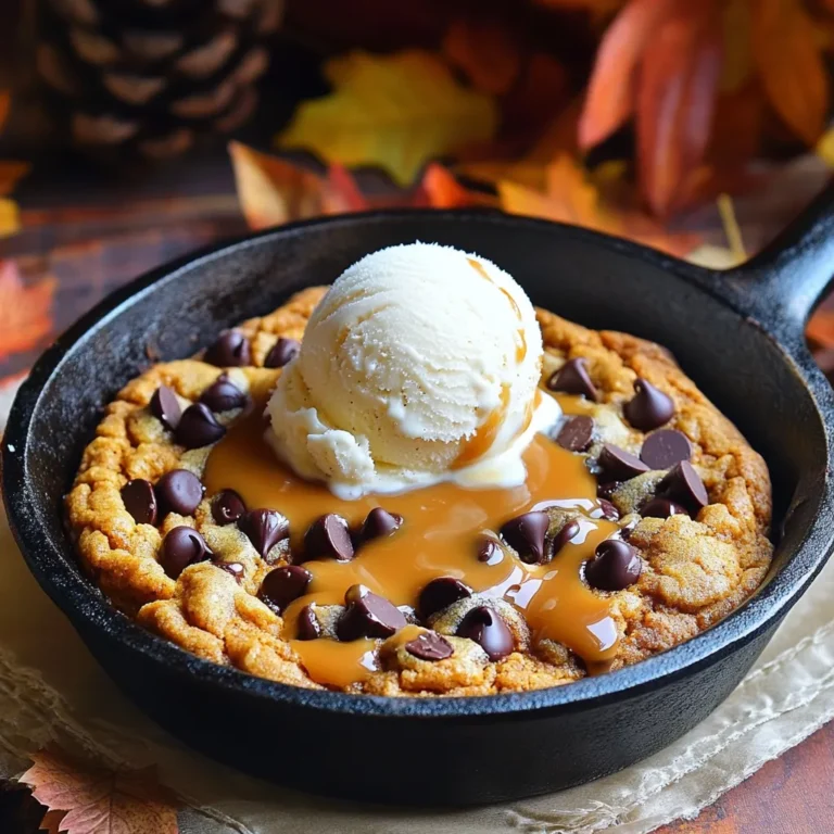 To make this tasty skillet cookie, gather these key ingredients: - 1 cup canned pumpkin puree - 1 cup brown sugar, packed - ½ cup granulated sugar - 1 cup unsalted butter, melted - 2 large eggs - 2 teaspoons vanilla extract - 2 ½ cups all-purpose flour - 1 teaspoon baking soda - 1 teaspoon baking powder - 1 teaspoon cinnamon - ½ teaspoon nutmeg - ½ teaspoon salt - 1 cup semi-sweet chocolate chips Each ingredient plays a special role. For instance, the pumpkin puree adds moisture and flavor. The sugars help create that perfect sweetness. You can enhance your skillet cookie with these optional items: - ½ cup toasted pecans Toasted pecans add a nice crunch and extra flavor. I love the way they contrast with the soft cookie. If you need to make changes, here are some tips: - Instead of canned pumpkin, you can use fresh pumpkin puree. - Swap granulated sugar for coconut sugar for a different taste. - Use gluten-free flour if you need a gluten-free option. These substitutions can keep the spirit of the recipe while catering to your needs. Just remember, each swap may change the final taste or texture a bit. First, heat your oven to 350°F (175°C). This step is key for even baking. While the oven warms, grease a 10-inch cast-iron skillet. Use butter or cooking spray to coat the pan well. A well-prepped skillet will help your cookie slide out easily later. In a large mixing bowl, combine 1 cup of canned pumpkin puree, 1 cup of packed brown sugar, and ½ cup of granulated sugar. Mix these until smooth. Add in 1 cup of melted unsalted butter, 2 large eggs, and 2 teaspoons of vanilla extract. Stir well until everything blends together. This mixture will give your cookie a rich, moist texture. In another bowl, whisk together 2 ½ cups of all-purpose flour, 1 teaspoon of baking soda, 1 teaspoon of baking powder, 1 teaspoon of cinnamon, ½ teaspoon of nutmeg, and ½ teaspoon of salt. Make sure there are no lumps. This dry mix adds flavor and structure to your cookie. Gradually add the dry ingredients to the wet mix. Stir until just combined. Be careful not to overmix. Fold in 1 cup of semi-sweet chocolate chips and ½ cup of toasted pecans if you choose to use them. Pour the dough into your greased skillet, spreading it evenly. Bake in the preheated oven for 25-30 minutes. The edges should turn golden brown, and a toothpick should come out clean from the center. Once baked, take the skillet out of the oven. Let it cool for about 10 minutes before serving. This cooling time helps the cookie set. For a fun twist, serve it warm with a scoop of vanilla ice cream and a drizzle of caramel sauce. Enjoy your delicious pumpkin chocolate chip skillet cookie! To avoid overmixing, mix just until ingredients blend. You want to keep the dough light. Overmixing makes the cookie tough. I usually mix with a spatula instead of a mixer. This gives me better control. For a soft, chewy cookie, use room temperature butter. Melted butter helps add richness. Adding eggs at room temperature also helps the dough blend well. Make sure to use all-purpose flour, as it creates the right balance. Spices like cinnamon and nutmeg add warmth. I love to add a pinch of ginger for a kick. You can also try adding vanilla bean paste instead of vanilla extract. This makes the flavor richer and more complex. {{image_2}} You can easily make this skillet cookie gluten-free. Just swap the all-purpose flour for a gluten-free blend. Many brands work well, but choose one that measures cup for cup. This change keeps the cookie soft and tasty. Make sure your baking soda and baking powder are also gluten-free. To make a vegan pumpkin chocolate chip skillet cookie, replace the eggs with flaxseed meal. Mix 1 tablespoon of flaxseed meal with 2.5 tablespoons of water for each egg. Let it sit until it thickens. You can also switch the butter for coconut oil or a vegan butter. Use dairy-free chocolate chips for a fully vegan treat. Get creative with your flavors! Try dark chocolate chips instead of semi-sweet for a richer taste. You can also mix in white chocolate chips for a fun twist. Nuts add great flavor too. Use walnuts or almonds if you want a different crunch. For a kick, add a pinch of cayenne pepper or chili powder. This adds warmth to the sweet cookie! After enjoying your pumpkin chocolate chip skillet cookie, let it cool. Once cool, cover it with plastic wrap or store it in an airtight container. This way, the cookie stays fresh for up to three days. You can keep it at room temperature, but the fridge works too if you prefer. If you want to save some for later, freezing is a great option. First, let the skillet cookie cool completely. Then, cut it into squares. Wrap each square in plastic wrap. Place them in a freezer bag or container. You can freeze the cookie for up to two months. When you are ready to eat it, simply thaw in the fridge overnight. To enjoy your skillet cookie warm, preheat your oven to 350°F (175°C). Place the cookie square on a baking sheet. Heat for about 10 minutes until warm. If you prefer the microwave, heat for 15-20 seconds. Enjoy it warm, perhaps with a scoop of ice cream on top! Yes, you can make this recipe ahead of time. You can prepare the dough and store it in the fridge for up to 24 hours. Just remember to let it sit at room temperature for about 15 minutes before baking. This helps the dough spread better in the skillet. If you don't have pumpkin puree, you can use applesauce or mashed bananas. Both options will give a nice texture and moisture. However, they will change the flavor a bit. You can also try butternut squash puree for a similar taste. To check if the skillet cookie is done, look for golden edges. Insert a toothpick into the center. If it comes out clean or with a few crumbs, it's ready. If it has wet batter, give it a few more minutes. Remember, it will continue to cook a bit after you take it out. Absolutely! If you love chocolate, feel free to add more chocolate chips. You can increase it to 1.5 cups for an extra chocolatey delight. Just remember, more chips can affect the cookie's overall texture a bit. Enjoy your creation! This blog post covered everything you need for a perfect pumpkin chocolate chip skillet cookie. We looked at required and optional ingredients, plus swaps you can use. I shared step-by-step instructions for making the cookie. We also explored tips to get the best texture and flavor. Finally, I talked about different variations and how to store leftovers. Enjoy making this delicious treat, and feel free to get creative with flavors!