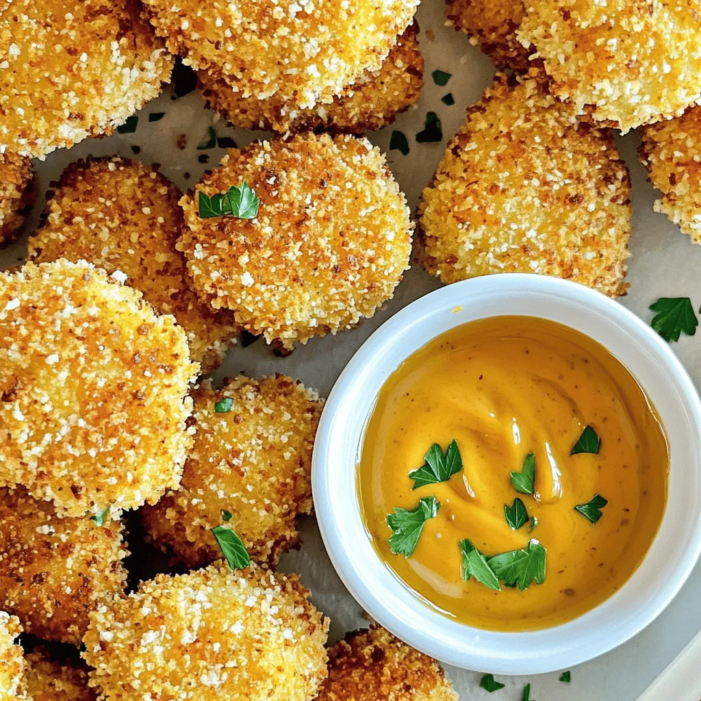 - Chicken Breast Specifics: Use 1 lb of chicken breast. Cut it into bite-sized pieces for easy eating. Fresh chicken breast gives great flavor and texture. - Honey Mustard Blend Components: Mix 1/2 cup of honey with 1/4 cup of Dijon mustard. This blend gives the nuggets a sweet and tangy flavor. - Breadcrumb Types: I recommend using 1/2 cup of panko breadcrumbs. Panko adds a nice crunch. Regular breadcrumbs work too, but panko makes it special. - Cheese and Spice Details: Add 1/4 cup of grated Parmesan cheese. This adds a rich flavor. Include 1 tsp of garlic powder, 1/2 tsp of onion powder, and salt and pepper to taste. These spices enhance the overall taste. - Cooking Spray Options: Choose a cooking spray that is suitable for high heat. This helps to prevent sticking in the air fryer. - Tools Needed for Air Frying: You will need an air fryer and a couple of bowls. One bowl is for the honey mustard mix, and the other is for the breadcrumb coating. A spatula will help you flip the nuggets halfway through cooking. Marinating the chicken nuggets First, take 1 pound of chicken breast and cut it into bite-sized pieces. This will help the nuggets cook evenly. In a medium bowl, mix 1/2 cup of honey with 1/4 cup of Dijon mustard. Stir it well until it combines smoothly. Next, add the chicken pieces to the bowl. Make sure each piece gets coated in the honey mustard mix. Let it marinate for at least 15 minutes. You can also put it in the fridge for up to 1 hour to deepen the flavor. Mixing the honey mustard sauce Save half of the honey mustard mix for dipping later. This adds a nice touch when you serve your nuggets. How to coat with breadcrumbs In another bowl, mix together 1/2 cup of breadcrumbs, 1/4 cup of grated Parmesan cheese, 1 teaspoon of garlic powder, and 1/2 teaspoon of onion powder. Add salt and pepper to taste. This will create a flavorful coating for your chicken. Take the marinated chicken nuggets and let any extra marinade drip off. Then, dredge each piece in the breadcrumb mixture. Make sure they are evenly coated for the best crunch. Tips for even coverage If you want a thicker crust, you can double-dip the nuggets. First, dip them back into the honey mustard mix, then coat them again in the breadcrumbs. This will give you a crispy and tasty nugget. Preheating the air fryer Preheat your air fryer to 380°F (190°C) for about 3-5 minutes. This helps the nuggets cook properly and become crispy. Cooking time and temperature settings Once preheated, lightly spray the air fryer basket with cooking spray. This keeps the nuggets from sticking. Place the chicken nuggets in a single layer. Make sure not to overcrowd the basket. Cook them for 10-12 minutes, flipping them halfway through. You want them golden brown and fully cooked. Enjoy your crispy, delicious honey mustard chicken nuggets! To boost the flavor of your chicken nuggets, marinate them well. Mix the honey and Dijon mustard in a bowl. Let your chicken soak in this mix for at least 15 minutes. If you have time, marinate it for an hour in the fridge. This gives the chicken a deeper taste. You can play with the honey mustard ratio, too. If you like it sweeter, add more honey. For a tangy twist, increase the Dijon mustard. Experiment until you find your favorite mix! Choosing the right breadcrumbs is key. Panko breadcrumbs give a great crunch. They are lighter and crispier than regular breadcrumbs. You can also mix in grated Parmesan cheese for extra flavor and texture. When air frying, avoid stacking the nuggets. This helps them cook evenly and stay crispy. Preheat your air fryer to 380°F (190°C) for a few minutes. This step is crucial for getting that perfect crunch. One common mistake is overcrowding the air fryer. If you place too many nuggets in at once, they won’t cook evenly. Cook them in batches if needed. Also, pay close attention to cooking times and temperatures. Cooking too long can dry them out, while too little won’t cook them through. Aim for 10-12 minutes, flipping halfway for even cooking. Adjust as needed based on your air fryer. {{image_2}} You can make these chicken nuggets even more fun with different sauces. Want a teriyaki twist? Simply swap out the honey for teriyaki sauce in the marinade. This gives a sweet and savory flavor that pairs well with chicken. If you prefer classic BBQ, use your favorite BBQ sauce as a dip. Ranch dressing also works great. Just serve it on the side for dipping. Each sauce adds its own unique flair. Don't worry if you need to make some swaps. For a gluten-free option, use crushed rice cereal or gluten-free breadcrumbs. They will still give you that nice crunch. You can also change the protein. Try using turkey or tofu for a different taste. Just make sure the cooking time is adjusted based on what you choose. Want to kick up the flavor? Add herbs and spices to the breadcrumb mix. Try dried oregano, basil, or paprika for a different twist. If you love cheese, mix in some cheddar or mozzarella to the breadcrumbs. This will add a rich, cheesy flavor that makes the nuggets even more delicious. You can easily customize these chicken nuggets to match your taste! To keep your chicken nuggets fresh, refrigerate them in an airtight container. Make sure the nuggets cool down first. They can last for up to three days in the fridge. For longer storage, freeze the nuggets. Place them in a freezer-safe bag or container. They will stay good for about two months in the freezer. When reheating, I want you to keep that crispiness. The best way to do this is by using the air fryer. Set it to 350°F (175°C) and cook for about 5-8 minutes. If you don't have an air fryer, you can use the oven. Preheat it to 350°F (175°C) and bake for 10-15 minutes. This will help them stay crunchy and delicious. Use glass or plastic containers that seal well. They help keep air out and moisture in. Always label your containers with the date. This way, you can know how long they’ve been stored. Keeping track of freshness helps you enjoy them at their best! You can pair these nuggets with some tasty sides. Here are a few ideas: - French fries: A classic choice that kids love. - Veggies: Try carrot sticks or cucumber slices for crunch. - Salad: A light salad adds freshness to the meal. - Macaroni and cheese: A creamy option that kids enjoy. - Rice: Flavored rice can balance the meal well. These sides make your meal fun and yummy! Yes, you can prepare these nuggets in advance. Here’s how: 1. Marinate the chicken: Do this the night before. Store it covered in the fridge. 2. Coat the nuggets: You can coat them and leave them in the fridge for up to 24 hours. 3. Cook when ready: Just remember to preheat your air fryer. You can cook them straight from the fridge. This meal prep makes dinner easy and quick! Air frying makes chicken nuggets healthier than deep frying. Here’s why: - Less oil: Air frying uses little to no oil, cutting down fat. - Fewer calories: This method reduces the calorie count in each bite. - More nutrients: Air frying keeps the chicken juicy while locking in flavor. Overall, air-fried chicken nuggets can be a tasty and healthier option! You’ve learned how to make tasty honey mustard chicken nuggets. We covered key ingredients, from the chicken to the sauce and coating. We also explored step-by-step methods for marinating and cooking. Knowing tips and tricks ensures you avoid common mistakes and achieve that perfect crunch. Lastly, we discussed variations, storage, and frequently asked questions. With this guide, you can make great nuggets at home that everyone will love. Happy cooking!