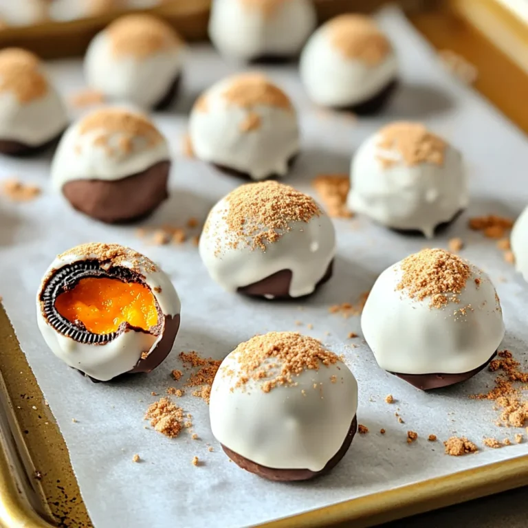 For your No-Bake Oreo Pumpkin Truffles, gather these main ingredients: - 1 package (15.25 oz) Oreo cookies - ½ cup pumpkin puree - 4 oz cream cheese, softened - 1 teaspoon pumpkin spice - 1 teaspoon vanilla extract - 1 cup white chocolate chips - ½ cup crushed graham crackers (for rolling) - Pinch of salt These ingredients come together to create a tasty treat. The Oreo cookies give a sweet base, while the pumpkin puree adds a fall twist. Cream cheese makes the truffles creamy, and pumpkin spice brings warmth. You can also customize your truffles with these optional ingredients: - Different flavored cookies (like peanut butter or mint) - Extra spices (like cinnamon or nutmeg) - Nuts (for crunch) If you need to make substitutions, here are some measurement conversions: - If you don’t have pumpkin puree, use applesauce instead in the same amount. - For a vegan option, replace cream cheese with a plant-based cream cheese. - Use dark chocolate chips instead of white chocolate for a richer flavor. These substitutions keep your treat delicious while meeting your needs! To make No-Bake Oreo Pumpkin Truffles, gather your tools. You will need a food processor, a mixing bowl, and a lined baking sheet. Make sure your work area is clean. When melting chocolate, use a microwave-safe bowl. Heat in 30-second bursts to avoid burning. Stir after each interval until smooth. Be careful, as melted chocolate can be hot. 1. Crush the Cookies: Start by pulsing the Oreo cookies in the food processor. Aim for a fine powder. This will be the base of your truffles. 2. Mix Ingredients: In your mixing bowl, combine the Oreo crumbs, pumpkin puree, softened cream cheese, pumpkin spice, vanilla extract, and a pinch of salt. Stir until it forms a thick dough. 3. Form Truffles: Use your hands to roll the mixture into small balls, about 1 inch in size. Place them on the lined baking sheet. 4. Chill the Truffles: Freeze the truffles for 20-30 minutes. This helps them firm up and makes coating easier. 5. Melt the Chocolate: While the truffles chill, melt the white chocolate chips. Use a microwave-safe bowl and heat in 30-second intervals, stirring in between until it is smooth. 6. Coat the Truffles: Dip each chilled truffle into the melted chocolate. Let any excess drip off before placing it back on the lined sheet. 7. Roll in Graham Crackers: Immediately roll the dipped truffles in crushed graham crackers to coat. This adds a nice crunch. 8. Final Chill: Refrigerate the truffles for another 15 minutes. This helps the chocolate set before you enjoy them. Images or videos can really help here. Showing each step can guide you through the process. For the best presentation, arrange the truffles on a nice platter. You could even add a sprinkle of extra graham cracker crumbs for flair. Enjoy your tasty fall treat! To make your No-Bake Oreo Pumpkin Truffles shine, use fresh ingredients. Always choose high-quality Oreo cookies. This adds a rich taste. The same goes for pumpkin puree. Fresh puree gives a brighter flavor than canned options. Feel free to mix in extra spices for a kick. A dash of cinnamon or nutmeg can elevate your truffles. You might also try adding crushed nuts for some crunch. For toppings, consider drizzling melted chocolate on top. This adds both flavor and a pretty look. Sometimes, your mixture might be crumbly. If this happens, add a bit more pumpkin puree. Just a little will help bind everything. If your mixture feels too sticky, add more crushed Oreo cookies. When coating with chocolate, it's key to let any excess drip off. This keeps the coating smooth. If the chocolate clumps, try melting it slower. Use 30-second intervals in the microwave. Stir well between each. This way, you get a nice, glossy finish on your truffles. {{image_2}} You can easily change the flavor of these truffles. Dark chocolate adds richness. Just melt it like the white chocolate and dip the truffles. Mint extract can give a cool twist. Use only a few drops to avoid overpowering the pumpkin. You can also switch up the cookies used. Try chocolate sandwich cookies for a deeper flavor. Golden Oreos work well too for a sweeter taste. Mix and match to find your favorite combo. Make these truffles festive for holidays! For Halloween, use orange and black sprinkles on top. You can even shape them like pumpkins for a fun touch. For Thanksgiving, add chopped nuts or cranberries for a seasonal flair. You can also package them in cute boxes as gifts. They make great treats for your friends and family during the holidays. To keep your No-Bake Oreo Pumpkin Truffles fresh, store them in the fridge. They last about one week there. If you want to keep them longer, try the freezer. They can stay good for about three months frozen. Use an airtight container to store the truffles. This helps keep them from drying out. You can also place parchment paper between layers to stop them from sticking together. These truffles are great for parties or gatherings. You can serve them on a festive plate or in small cupcake liners. They look cute and are easy to grab. Pair these treats with drinks like coffee or hot chocolate. The rich flavors of the truffles match well with warm beverages. You can even create a dessert table with different treats to enjoy alongside your truffles. How long do No-Bake Oreo Pumpkin Truffles last? No-Bake Oreo Pumpkin Truffles can last about one week in the fridge. Keep them in an airtight container. If you want them to last longer, freeze them. They stay good for up to three months in the freezer. Can I make these truffles ahead of time? Yes, you can make these truffles ahead of time. They taste great after a day in the fridge. You can prepare them a few days before your event. Just coat them in chocolate and store them until you’re ready to serve. Can I make this recipe gluten-free? Yes, you can! Use gluten-free Oreo cookies instead of regular ones. This simple swap keeps the treat delicious and safe for those with gluten allergies. Are there dairy-free options available for this recipe? You can make dairy-free truffles by using dairy-free cream cheese. Many brands offer tasty alternatives. Also, check for dairy-free chocolate chips for coating. What can I use instead of cream cheese? If you want to skip cream cheese, use Greek yogurt for a lighter option. Silken tofu is another great dairy-free choice. Both will give you a nice texture in the truffles. How can I modify for different dietary needs (vegan, nut-free)? For vegan truffles, use dairy-free cream cheese and chocolate. Ensure your Oreos are vegan-friendly too. For nut-free truffles, check all products for nut traces, especially chocolate brands. In this blog post, we explored how to make No-Bake Oreo Pumpkin Truffles. We covered the key ingredients, step-by-step instructions, and creative variations for flavor. Storage tips and common questions helped make the process easy. These truffles are a fun treat for any occasion. Feel free to experiment with flavors and share them with friends. Enjoy making your delicious creations!