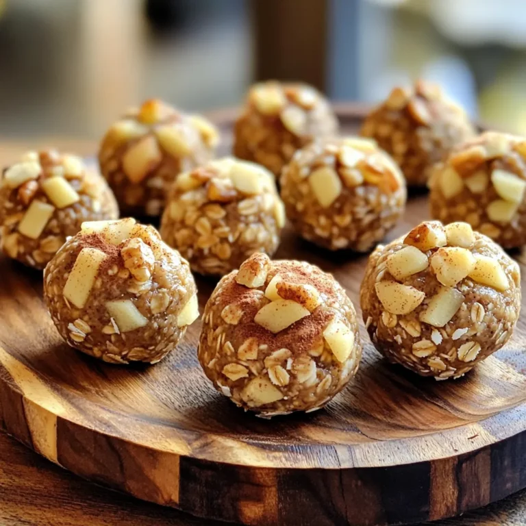 To make these tasty Apple Pie Energy Balls, gather the following ingredients: - 1 cup rolled oats - 1 cup almond butter (or peanut butter) - 1/2 cup finely chopped dried apples - 1/4 cup honey or maple syrup - 1 teaspoon cinnamon - 1/2 teaspoon nutmeg - 1/4 cup ground flaxseed - 1/4 cup chopped walnuts (optional) - A pinch of salt You can swap out some ingredients if needed: - For nut allergies, use sunflower seed butter instead of almond or peanut butter. - If you want a vegan option, replace honey with maple syrup. - You can use any dried fruit, like raisins or cranberries, instead of dried apples. - If you don’t have flaxseed, try chia seeds for a similar texture and nutrition. Each ingredient brings unique benefits: - Rolled oats are great for fiber. They help keep you full and aid digestion. - Almond butter adds healthy fats and protein, which fuel your body. - Dried apples provide natural sweetness and are rich in vitamins. - Honey or maple syrup offers natural sweetness and can boost energy. - Cinnamon adds flavor and may help regulate blood sugar. - Nutmeg is fragrant and can aid digestion. - Ground flaxseed is high in omega-3 fatty acids, which support heart health. - Chopped walnuts give a crunchy texture and are full of antioxidants. - Salt enhances the flavors of the other ingredients, balancing sweetness. Now you know what goes into these delicious and healthy snacks! Let’s get started on making Apple Pie Energy Balls. First, gather all your ingredients. You will need rolled oats, almond butter, dried apples, honey or maple syrup, cinnamon, nutmeg, flaxseed, walnuts, and a pinch of salt. This will make sure you have everything ready. 1. Take a large mixing bowl. Add 1 cup of rolled oats. 2. Next, add 1 cup of almond butter. You can also use peanut butter if you prefer. 3. Pour in 1/4 cup of honey or maple syrup. This will sweeten your energy balls. 4. Mix these three ingredients well until they combine into a thick paste. 5. Now, add 1/2 cup of finely chopped dried apples. These add a nice chewy texture. 6. Sprinkle in 1 teaspoon of cinnamon and 1/2 teaspoon of nutmeg. These spices give that apple pie flavor. 7. Add 1/4 cup of ground flaxseed. This will boost the health benefits. 8. If you like, toss in 1/4 cup of chopped walnuts. They add crunch. 9. Finish by adding a pinch of salt. This helps balance the sweetness. 10. Stir the mixture until all ingredients are mixed evenly. 1. Now it’s time to form the energy balls. Use your hands to scoop out the mixture. 2. Roll the mixture into small balls, about 1 inch in diameter. 3. If the mixture feels too sticky, just wet your hands slightly with water. This makes rolling easier. 4. Place the formed balls on a lined baking sheet or plate. 5. Once all balls are formed, put them in the fridge. Chill them for at least 30 minutes. 6. After chilling, you can enjoy these tasty snacks right away. 7. If you have leftovers, store them in an airtight container in the fridge for up to a week. To keep your apple pie energy balls fresh, store them in an airtight container. Place them in the fridge for up to one week. If you want to keep them longer, freeze them. Wrap each ball in parchment paper and put them in a freezer bag. They can last for about three months in the freezer. You can boost the flavor of your energy balls with a few extras. Try adding a splash of vanilla extract for sweetness. Chopped pecans or almonds can give a nice crunch. If you like spice, include a bit of ginger or allspice. You can also add a few chocolate chips or dried cranberries for a fun twist. One mistake is not measuring the ingredients correctly. This can change the taste and texture. Make sure you use fresh dried apples for the best flavor. Also, avoid skipping the chilling step. Chilling helps the energy balls hold their shape. Lastly, don’t overmix the dough. This can make your energy balls tough instead of soft and chewy. {{image_2}} You can switch out some ingredients for a healthier version. Instead of almond butter, try sunflower seed butter. This swap is great for nut allergies. If you want less sugar, use mashed bananas instead of honey. They add natural sweetness and moisture. You can also replace rolled oats with quinoa flakes for a gluten-free option. These swaps keep the energy balls tasty and nutritious. Mix up the flavors by adding different spices. Instead of nutmeg, try ginger for a spicier kick. You can also add cocoa powder for a chocolate twist. For a tropical flair, toss in dried pineapple or coconut flakes. Each flavor change gives a new taste. This way, you can enjoy these energy balls any day! Feel free to add more nut butters or seeds. Sunflower seed butter adds a nutty flavor. You could also use cashew butter for a creamier texture. Adding chia seeds boosts fiber and omega-3s. These additions not only change the taste but increase nutrition too. Get creative and find your favorite mix! To keep your Apple Pie Energy Balls fresh, store them in an airtight container. This helps lock in moisture and flavor. Place a piece of parchment paper between layers to prevent sticking. I recommend putting them in the fridge. The cold will keep them firm and tasty. If you want to keep these energy balls longer, freezing is a great option. First, place them on a baking sheet in a single layer. Freeze for about an hour until they are firm. Then, transfer the energy balls to a freezer-safe bag or container. It’s best to label the bag with the date. They can last up to three months in the freezer. Stored in the fridge, these energy balls will last about one week. If you freeze them, they stay fresh for three months. Always check for signs of spoilage. If they smell off or look strange, it’s best to toss them. Enjoying them fresh will give you the best taste and texture. Yes, you can easily change the flavors! You can swap dried apples for other dried fruits like cranberries or apricots. Try adding chocolate chips or coconut for a fun twist. You can also play with spices. If you love ginger, add a pinch to the mix. The options are endless, and it makes the recipe fun! Absolutely! To keep these energy balls vegan, simply use maple syrup instead of honey. Almond butter or peanut butter is also a great vegan choice. All other ingredients, like oats and spices, are plant-based. This way, you can enjoy a tasty snack that fits your diet! These energy balls stay fresh in the fridge for up to a week. Store them in an airtight container. If you want them to last longer, consider freezing them. They freeze well for about three months. Just thaw them before eating for a quick snack! Apple Pie Energy Balls are easy to make and fun to eat. We explored the key ingredients, the mixing steps, and tips for keeping your treats fresh. Remember, you can switch ingredients for a healthier twist or better taste. These energy balls are great for a quick snack. Feel free to customize your flavors as you like. With proper storage, they can last long and stay tasty. Enjoy making and sharing your energy balls!
