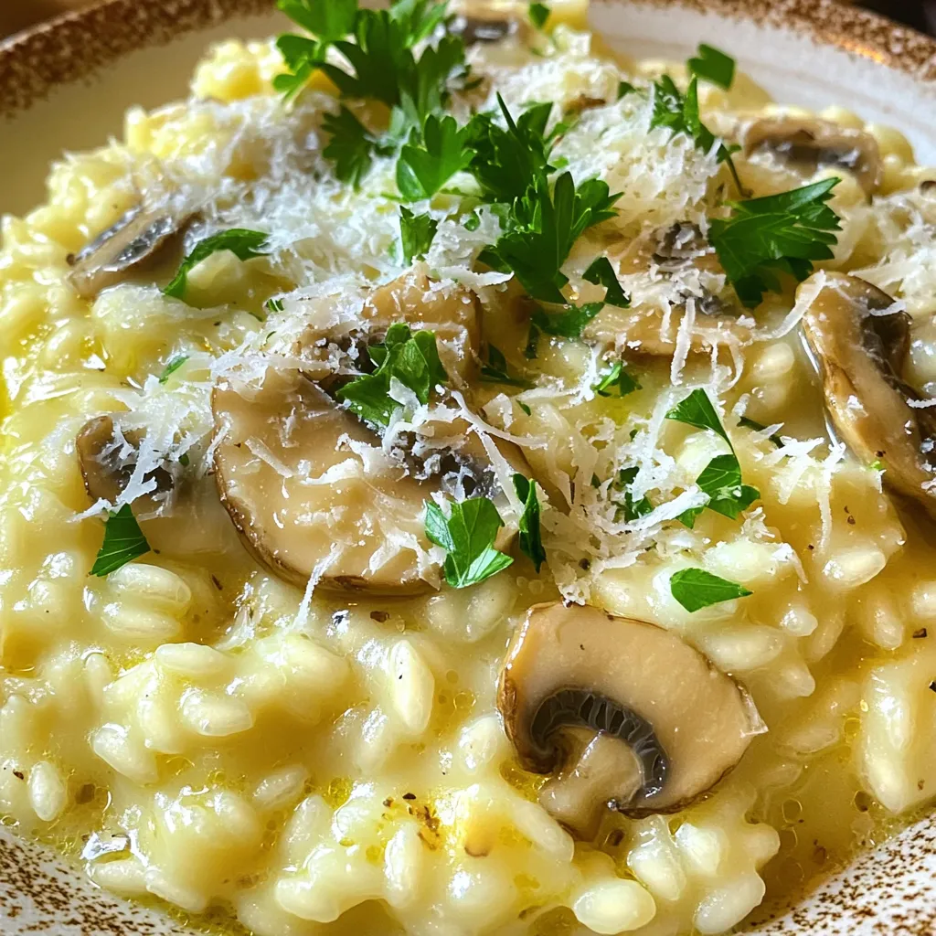 - 1 ½ cups Arborio rice - 4 cups vegetable broth - 1 cup mushrooms (shiitake, cremini, or a mix), sliced - 1 small onion, finely chopped - 3 cloves garlic, minced - 3 tablespoons olive oil - 2 tablespoons truffle oil - ½ cup grated Parmesan cheese (optional) - Salt and pepper to taste - Fresh parsley, chopped (for garnish) When buying mushrooms, look for firm ones. Their caps should be smooth and free of dark spots. Fresh mushrooms smell earthy, not sour. Many types work well in risotto, but shiitake and cremini add great flavors. Store mushrooms in a paper bag in the fridge. This keeps them fresh longer. Avoid plastic bags, as they can trap moisture and make mushrooms slimy. Arborio rice is the best choice for risotto. It has a high starch content, making the dish creamy. Other good options include Carnaroli and Vialone Nano. These types absorb liquid well and give the risotto its rich texture. Avoid using regular long-grain rice, as it won’t yield the same creamy result. Always rinse the rice before cooking to remove excess starch. Start by heating the vegetable broth. Use a saucepan and place it over low heat. Keeping the broth warm helps the rice cook evenly. This step is key for smooth risotto. Make sure you don’t boil it; just keep it warm throughout the process. Next, grab a large skillet. Pour in three tablespoons of olive oil and heat it on medium. Add one small, finely chopped onion and sauté it for three to four minutes. You want the onion to turn soft and see-through. Then, add three minced garlic cloves and one cup of sliced mushrooms. I like using shiitake or cremini mushrooms. Cook this mix for about five to seven minutes until the mushrooms are soft and golden. Now, it’s time to add the star of the dish: the Arborio rice. You’ll need one and a half cups. Stir it in, coating the rice with the oil and veggies. Sauté this for two minutes. You want the rice to look slightly clear around the edges. Here comes the fun part! Start adding the warm broth one ladle at a time. Stir the rice while it cooks. Let it absorb most of the broth before adding more. This process takes about 18 to 20 minutes. You’ll know it’s done when the rice is creamy and slightly firm. Once your risotto reaches that perfect creamy state, take it off the heat. Stir in two tablespoons of truffle oil and half a cup of grated Parmesan cheese if you want. Season it with salt and pepper to taste. Let it rest for a minute for extra creaminess. Serve your mushroom risotto right away. Don’t forget to sprinkle some fresh parsley on top for a beautiful finish! To make your risotto creamy, you need to stir often. This helps release starch from the rice. Use Arborio rice, as it has a high starch content. Gradually add warm broth, one ladle at a time. Wait until the rice absorbs most of the liquid before adding more. This slow process gives the dish its rich texture. Avoid adding too much broth at once. It can make the rice gummy. Don’t skip the stirring. It is key to a great risotto. If you cook it too fast, the rice will be hard. Taste the rice often to check for doneness. A perfect risotto is al dente, which means tender but still firm. For more flavor, try adding herbs like thyme or rosemary. A splash of white wine can add depth. Mix in some grated Parmesan cheese for extra creaminess. You can also top it with fresh parsley for a fresh look and taste. Truffle oil adds an amazing aroma, making your dish feel gourmet. {{image_2}} You can make a vegan version of this risotto. Just skip the Parmesan cheese. Instead, use nutritional yeast for a cheesy taste. This keeps the dish creamy and flavorful. You can also add a splash of lemon juice for brightness. The truffle oil adds a nice touch too. To make gluten-free risotto, ensure your vegetable broth is gluten-free. Arborio rice is naturally gluten-free, so you are already set. Just check all your ingredients. Some might contain gluten, especially store-bought broths or toppings. You can customize your risotto with different add-ins. For proteins, try grilled chicken, shrimp, or tofu. They add heartiness to the dish. Fresh herbs like thyme or basil enhance the flavor. You can also sprinkle some toasted pine nuts for crunch. Consider adding spinach or peas for extra color and nutrients. Store your leftover risotto in an airtight container. Make sure it cools down first. You can keep it in the fridge for up to three days. If you want to enjoy it later, label the container with the date. This way, you will know when to eat it. To reheat risotto, place it in a skillet over low heat. Add a splash of broth or water to help it regain its creaminess. Stir often. This will keep it from sticking or burning. You can also heat it in the microwave. Use a microwave-safe bowl and cover it. Add a few drops of liquid before heating. Heat in short bursts, stirring in between. You can freeze mushroom risotto, but it may change texture. Allow the risotto to cool completely. Then, pack it in freezer bags or containers. Remove as much air as possible. Label the bags with the date. Frozen risotto can last up to three months. When ready to eat, thaw it in the fridge overnight. Reheat it using the tips above for best results. Yes, you can use many types of mushrooms. Shiitake, cremini, and button mushrooms all work well. Each type adds unique flavor. You can mix them for more depth. Try wild mushrooms for a fun twist. Just slice them and follow the recipe as usual. To reheat risotto, add a splash of broth or water. Use a pan on low heat. Stir gently as it warms. This keeps the risotto creamy. You can also use a microwave. Add a little broth, cover, and heat in short bursts. Stir in between to avoid drying it out. The risotto is done when the rice is al dente. It should be tender but still have a slight bite. The texture should be creamy and smooth. You can taste a small spoonful to check. If it feels right, mix in your truffle oil and cheese. This blog post covered mushroom risotto from start to finish. We explored the best ingredients, including quality mushrooms and rice choices. I shared step-by-step instructions for making risotto and tips to keep it creamy. You learned about vegan and gluten-free variations, plus how to store leftovers. In summary, making perfect mushroom risotto is easy and rewarding. By following these tips and instructions, you can enjoy this dish anytime. Experiment with flavors and always trust your taste. Happy cooking!