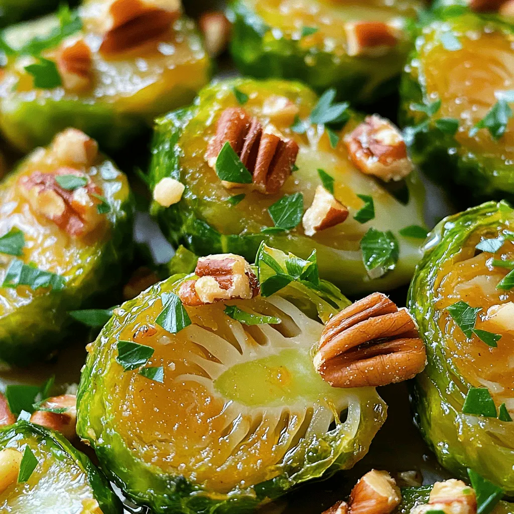 - 1 pound Brussels sprouts, trimmed and halved - 2 tablespoons olive oil - 2 tablespoons maple syrup Brussels sprouts are the star of this dish. Their nutty flavor shines when roasted. I love trimming and halving them for even cooking. Olive oil helps to crisp them up nicely. Maple syrup adds sweet goodness that balances their natural taste. - 1 tablespoon Dijon mustard - 2 cloves garlic, minced - Salt and pepper to taste Dijon mustard brings a sharp, tangy kick. It pairs so well with the sweet maple syrup. Minced garlic adds depth and aroma. A sprinkle of salt and pepper enhances all the flavors. Together, these ingredients create a bold taste. - 1/4 cup pecans, roughly chopped (optional) - 2 tablespoons fresh parsley, chopped (for garnish) Pecans offer a lovely crunch and nutty flavor. Adding them in the last five minutes of roasting makes them toast perfectly. Fresh parsley adds a pop of color and freshness on top. You can use these add-ons to personalize your dish. Preheating the oven First, preheat your oven to 400°F (200°C). This heat level helps cook the Brussels sprouts evenly and makes them crispy. Preparing the Brussels sprouts Next, take 1 pound of Brussels sprouts. Trim the ends and cut them in half. This helps them cook faster and soak up the flavors. Combining the main ingredients In a large bowl, mix the halved Brussels sprouts with 2 tablespoons of olive oil, 2 tablespoons of maple syrup, 1 tablespoon of Dijon mustard, and 2 minced garlic cloves. Add salt and pepper to taste. Ensuring even coating Toss everything well. Make sure every sprout gets coated in the tasty mixture. This step is key for great flavor. Spreading on the baking sheet Now, spread the Brussels sprouts on a baking sheet in a single layer. This helps them roast evenly without steaming. Stirring halfway through Roast them in the oven for 20 to 25 minutes. Make sure to stir them halfway through. This ensures they brown and caramelize nicely on all sides. If you want, add chopped pecans for the last 5 minutes to toast them lightly. To roast Brussels sprouts well, start with fresh, firm sprouts. Trim the ends and slice them in half. This helps them cook evenly. Use a large bowl for mixing. Combine the Brussels sprouts with olive oil, maple syrup, Dijon mustard, garlic, salt, and pepper. Toss them so every piece gets coated. To get nice caramelization, roast at 400°F (200°C). Spread them out on a baking sheet. Make sure they are in a single layer. Stir halfway through the cooking time. This helps them brown nicely. Look for a tender texture and a rich, golden color. If you want a different sweetener, try honey or agave syrup. Each gives a unique flavor. You can also use brown sugar for a deeper taste. For mustard, you can switch to whole grain or spicy brown mustard. Each type brings its own twist to the dish. To add extra flavor, consider using spices like smoked paprika or chili powder. Fresh herbs like thyme or rosemary also work well. For crunch, try topping your Brussels sprouts with crispy fried onions or sunflower seeds. These additions can make your dish even more delightful. {{image_2}} You can change the taste of your Maple Dijon Brussels sprouts easily. For a tangy twist, try adding balsamic vinegar. Just a drizzle will enhance the flavor. Mix it in with the other ingredients before roasting. If you love cheese, you can sprinkle some on top after roasting. Feta or goat cheese works well. Want to add some protein? Bacon is a great choice. Cook it until crispy, then chop it up and mix it in with the Brussels sprouts. This gives a smoky flavor that pairs well with the maple and Dijon. If you prefer chicken or tofu, you can roast them alongside the sprouts. Just season them well and adjust the cooking time as needed. You can also switch things up based on the season. In fall, add roasted sweet potatoes or carrots. In spring, try adding asparagus or snap peas. These veggies bring fresh flavors and colors. For holiday meals, consider adding cranberries or nuts for a festive touch. They make the dish more special and fun to share. To keep your Maple Dijon Brussels sprouts fresh, use airtight containers. Glass or plastic containers work well. Make sure to let them cool before sealing. Store them in the fridge for up to three days. This keeps the flavors intact and ready for your next meal. When reheating, the oven is best. Preheat it to 350°F (175°C). Spread the sprouts on a baking sheet. Heat them for about 10-15 minutes. This will help them stay crispy. Avoid using the microwave. It can make them soggy and less tasty. You can freeze cooked Brussels sprouts if you want to save some for later. Let them cool completely first. Place them in freezer-safe bags or containers. Remove as much air as possible to prevent freezer burn. To thaw, move them to the fridge overnight. For a quicker method, run them under cold water. Roast Brussels sprouts for 20 to 25 minutes at 400°F (200°C). This time lets them turn tender and caramelized. Stir them halfway through to ensure even cooking. Keep an eye on them. You want a nice golden-brown color for the best flavor. Yes, you can use frozen Brussels sprouts. However, they may not taste as fresh. Frozen sprouts often lose some crunch during cooking. If you use them, roast them longer to help them become tender. You might need to add some time for the moisture to evaporate. These Brussels sprouts pair well with many dishes. Try serving them with roasted chicken or grilled salmon. They also go nicely with quinoa or brown rice for a vegetarian meal. You can add a side salad to balance the flavors. Feel free to get creative! Yes, this dish is vegan! The ingredients include Brussels sprouts, olive oil, maple syrup, and Dijon mustard. All these items are plant-based. Just make sure your Dijon mustard does not contain any animal products. Enjoy this tasty vegan treat! You now know how to create Maple Dijon Brussels sprouts. We covered main and optional ingredients. The step-by-step instructions made the process clear and easy. Tips ensured perfect roasting and flavor enhancement. You learned about fun variations, storage methods, and reheating tips. This dish is versatile, tasty, and good for many meals. Enjoy your cooking and impress others with this delicious side dish!