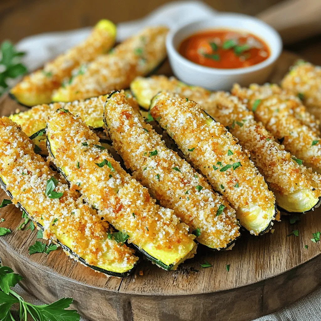 To make these crispy air fryer Parmesan zucchini wedges, you will need: - 3 medium zucchinis, cut into wedges - 1 cup grated Parmesan cheese - 1 cup breadcrumbs (panko for extra crunch) - 2 large eggs - 1 teaspoon garlic powder - 1 teaspoon onion powder - 1 teaspoon dried oregano - 1/2 teaspoon paprika - Salt and pepper to taste - Olive oil spray If you need to swap some items, here are good options: - Use mozzarella cheese instead of Parmesan for a milder flavor. - Whole wheat breadcrumbs can replace regular breadcrumbs for a healthier choice. - Egg replacer works well if you want a vegan version. - Add spices like cayenne for a spicy kick or Italian seasoning for more flavor. Each serving of these zucchini wedges has: - Calories: About 220 - Protein: 10g - Fat: 12g - Carbohydrates: 20g - Fiber: 2g - Sugar: 3g These wedges are a tasty and healthy snack, perfect for any meal! Start by preheating your air fryer to 400°F (200°C). This step is key for crispy wedges. Let the air fryer run for about 5 minutes. Preheating helps the zucchini cook evenly and get that perfect crunch. Now, take 3 medium zucchinis. Cut them into wedges. Aim for equal sizes so they cook well. A sharper knife works best for clean cuts. Set the wedges aside on a plate while you prepare the coating. In a mixing bowl, whisk 2 large eggs until they are frothy. In another bowl, mix 1 cup of breadcrumbs, 1 cup of grated Parmesan cheese, 1 teaspoon of garlic powder, 1 teaspoon of onion powder, 1 teaspoon of dried oregano, 1/2 teaspoon of paprika, salt, and pepper. Dip each zucchini wedge into the eggs first. Then coat it with the breadcrumb mix. Press gently to help it stick. Set aside each coated wedge on a plate. Repeat until all the wedges are coated. Lightly spray the air fryer basket with olive oil. This step will help prevent sticking. Place the zucchini wedges in a single layer. Make sure they are not overlapping. Cook for 10-12 minutes. Flip them halfway through. They should turn golden brown and crispy. Once done, remove them and let them cool slightly before serving. To get your zucchini wedges super crispy, use panko breadcrumbs. They add a nice crunch. Make sure to coat each wedge well with the egg and breadcrumb mix. This helps the coating stick. Also, avoid stacking the wedges in the air fryer. Give them space to cook evenly. Flip them halfway through for the best results. Dipping sauces make these wedges even better. I love serving them with marinara sauce. It adds a tasty tomato flavor. Tzatziki is another great choice, bringing in a cool, creamy taste. For a spicy kick, try a sriracha mayo. Each sauce brings out the flavors of the zucchini. These crispy zucchini wedges are perfect as a snack. They also work well as a side dish. Serve them hot on a nice platter. Add a sprinkle of fresh parsley for color. Pair them with grilled chicken or fish for a complete meal. You can even enjoy them with a fresh salad for a light lunch. {{image_2}} To add some heat, mix in cayenne pepper or red pepper flakes. Just a pinch can make a big difference. Toss your zucchini wedges in this spicy blend after coating them in egg. The air fryer will crisp them up and give you a nice kick. If you love spice, this variation is for you! If you crave extra cheese, use shredded mozzarella instead of Parmesan. Mix the mozzarella with the breadcrumbs for a gooey, melty texture. The flavor will be richer, and the cheese will stretch when you bite into it. Your family will love this cheesy twist. Get creative with herbs! You can use fresh or dried herbs like thyme, basil, or rosemary. Just mix them into your breadcrumb mixture. This will add a fresh taste and aroma to your wedges. Try to match the herbs with your meal for a perfect pair. Each herb brings its unique flavor, making your dish special. After you cook the zucchini wedges, let them cool down. Place them in an airtight container. This keeps them fresh longer. You can store them in the fridge for up to three days. Make sure they are dry before storing. Extra moisture can make them soggy. To reheat, preheat the air fryer to 350°F (175°C). Place the wedges in a single layer. Heat them for about 5-7 minutes. Check them halfway through to ensure they crisp up well. You can also reheat them in a regular oven at the same temperature. You can freeze uncooked zucchini wedges. After coating them, lay them flat on a tray. Freeze until solid, then transfer to a freezer bag. They can last up to three months. To cook, there's no need to thaw. Just air fry them straight from the freezer. Increase the cooking time by a few minutes for best results. To make zucchini wedges crispy, use panko breadcrumbs. They add extra crunch. Coat each wedge evenly with the breadcrumb mix. You should also preheat the air fryer to 400°F. This step helps the zucchini cook evenly. Flip the wedges halfway through cooking for a golden finish. Lightly spray them with olive oil for better crispiness. Yes, you can use different cheeses! Mozzarella adds a nice stretch, while cheddar gives a sharp flavor. Just remember to adjust the amount to match your taste. Grated cheeses melt differently, so experiment to find what you like best. Parmesan gives a great salty flavor, but feel free to mix things up! Air fryer zucchini wedges pair well with many dips. Marinara sauce is a classic choice. Tzatziki sauce offers a cool contrast. You can also serve them with ranch dressing or garlic aioli for extra flavor. They make a great side for burgers or grilled meats. Try them alongside a fresh salad for a balanced meal. Zucchini wedges are done when they turn golden brown and crispy. You can check by looking for a nice crunch on the outside. A fork should easily pierce the inside. If they look pale or soft, they need more time. Trust your eyes and give them a little extra cooking if needed. Air fryer zucchini wedges are easy and fun to make. We covered the key ingredients, step-by-step instructions, and tips for perfect results. You learned about different variations and how to store leftovers. Remember, crispy wedges pair well with many dips and meals. Try different ingredients to find your favorite version. Enjoy making these tasty bites and impress your family and friends with your cooking!