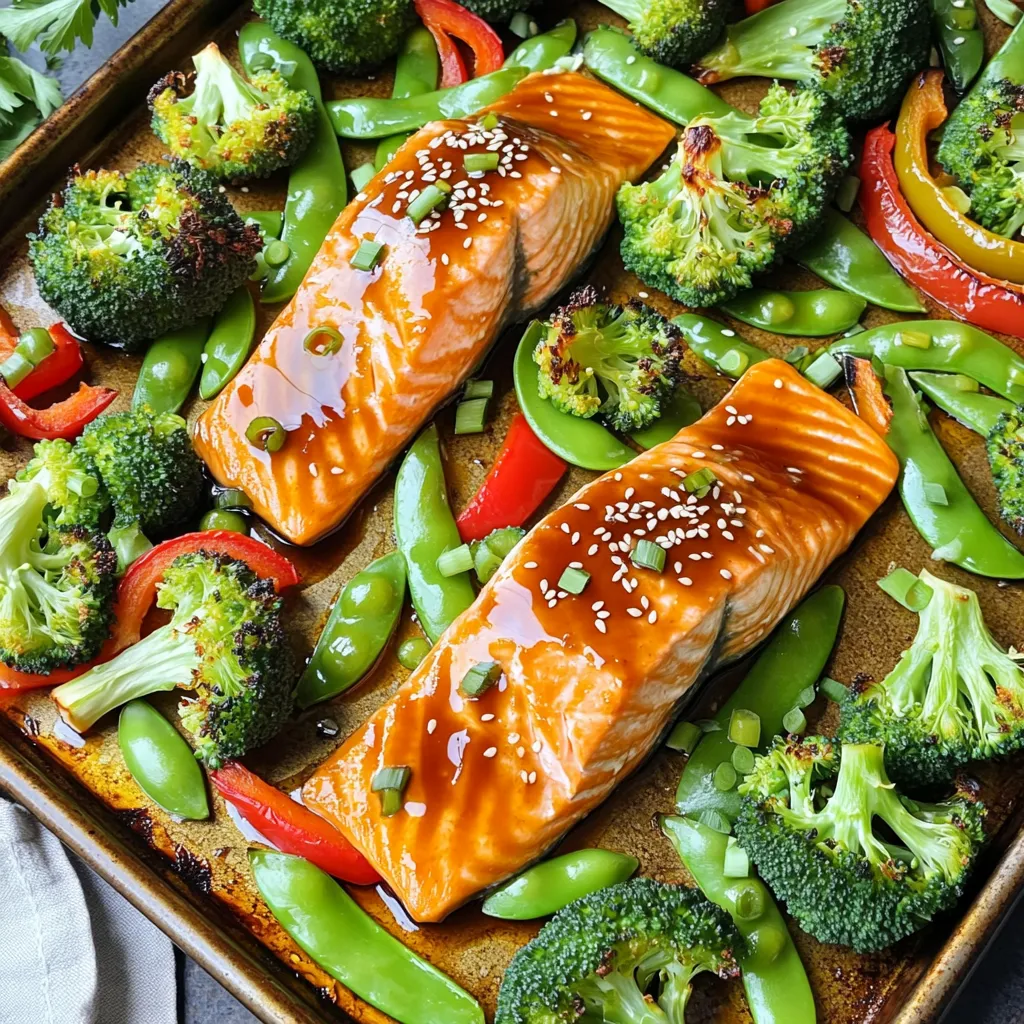 For this tasty dish, you will need: - 4 salmon fillets - 2 cups broccoli florets - 1 red bell pepper, sliced - 1 cup snap peas - 3 tablespoons teriyaki sauce - 2 tablespoons olive oil - 2 cloves garlic, minced - 1 teaspoon fresh ginger, grated - Salt and pepper, to taste - 1 tablespoon sesame seeds, for garnish - 2 green onions, chopped, for garnish Using fresh ingredients always gives the best flavor. Fresh salmon has a nice texture. Fresh veggies, like broccoli and snap peas, keep their crunch. However, frozen options can work in a pinch. They are convenient and often just as healthy. If using frozen salmon, thaw it first. Frozen vegetables can be added directly to the pan without thawing. You can swap ingredients if needed. Use another fish, like trout or cod, instead of salmon. For a plant-based option, try tofu or tempeh. If you don’t have teriyaki sauce, mix soy sauce with honey or maple syrup. You can also change the veggies based on what you have. Carrots, zucchini, or bell peppers work well, too. First, set your oven to 400°F (200°C). This high heat helps cook everything evenly. Next, gather your ingredients: salmon fillets, broccoli, red bell pepper, and snap peas. Wash the veggies under cool water. Cut the red bell pepper into thin slices. Make sure to separate the broccoli into small florets. Having everything ready makes cooking easier. In a small bowl, mix together the teriyaki sauce, olive oil, minced garlic, and grated ginger. Use a whisk to blend them well. This sauce will add great flavor to both the salmon and veggies. If you want more sweetness, add a bit more teriyaki sauce. If you like it spicy, a dash of chili flakes can work too. Take a large sheet pan and spread out the broccoli, red bell pepper, and snap peas. Drizzle half of the teriyaki mixture over the veggies. Toss them gently to coat them well. Next, put the salmon fillets right in the center of the pan. Season each fillet with salt and pepper. Brush the remaining teriyaki sauce over the salmon. This helps keep it moist and flavorful. Now, place the sheet pan in your preheated oven. Bake for 15 to 20 minutes. Check the salmon after 15 minutes. It should flake easily with a fork. The veggies should also be tender but still crisp. When it’s done, carefully take the pan out. Sprinkle sesame seeds and chopped green onions on top for a nice finish. Enjoy your meal straight from the pan for a fun touch! For the best results, bake your salmon for 15 to 20 minutes. Check for doneness by using a fork. The salmon should flake easily. If it is still raw in the center, give it a few more minutes. Each oven is different, so keep an eye on it as it cooks. To keep your veggies crisp, do not overcrowd the pan. Spread them out evenly. Toss them in half of the teriyaki sauce before baking. This method lets the heat circulate and keeps them from steaming. Also, bake them for about 10 minutes before adding the salmon. This way, they cook perfectly without getting soggy. To change the flavor, play with the teriyaki sauce. Add more ginger for spice or honey for sweetness. You can also try adding lime juice for a zesty kick. If you like heat, sprinkle some red pepper flakes. Taste as you go to find your perfect balance. {{image_2}} You can swap salmon for other proteins. Chicken breasts work well in this dish. They cook nicely and soak up the teriyaki flavor. If you prefer a plant-based option, try firm tofu. Cut the tofu into cubes and marinate it in the same teriyaki sauce. It gives a tasty twist while keeping it healthy. Feel free to mix up the veggies! Asparagus, zucchini, or carrots can add color and crunch. You can also use baby corn or bell peppers of different colors. Just ensure they are cut to similar sizes for even cooking. This way, every bite is delicious and fun. If you need a gluten-free option, use tamari instead of regular soy sauce. Tamari is made without wheat but has a similar taste. You can also find gluten-free teriyaki sauces at many stores. Just check the label to make sure it meets your needs. This way, everyone can enjoy this dish! After cooking, let the dish cool down for about 30 minutes. Then, place the leftovers in an airtight container. This will keep your salmon and veggies fresh. Store them in the fridge for up to three days. If you notice any strong smells, it’s best to toss them out. To reheat your leftovers, use an oven or a microwave. If using an oven, set it to 350°F (175°C). Place the salmon and veggies on a baking tray. Heat for about 10-15 minutes. If using a microwave, place them in a microwave-safe dish. Heat in 30-second intervals until warm. This helps keep the salmon moist. You can freeze the salmon and veggies if you want to save them for later. Use freezer-safe containers or bags. Make sure to remove as much air as possible. Label with the date. They will stay good for up to three months. When ready to eat, thaw them overnight in the fridge. Then reheat as needed. Yes, you can! You could use soy sauce, hoisin, or even a sweet chili sauce. Each sauce adds its own flavor. If you want a spicy kick, try sriracha. Just keep in mind that the taste will change based on what sauce you pick. You can check if the salmon is done by using a fork. Gently poke the thickest part of the fillet. If it flakes easily, it’s ready. You can also use a meat thermometer. The salmon should reach 145°F (63°C) to be safe to eat. It’s best not to overcook it, as it can get dry. Broccoli, red bell peppers, and snap peas are great choices. They cook well and stay crisp. You can also add carrots, zucchini, or asparagus for more color and flavor. Just remember to cut them into similar sizes for even cooking. This blog post covered key ingredients for salmon and veggies, including fresh and frozen choices. I shared step-by-step baking instructions and useful tips to ensure your meal turns out great. You also learned about variations, storage, and common questions. Try different veggies or sauces for fun twists. Experimenting with flavors will keep meals fresh and exciting! Enjoy cooking and sharing this delicious dish.