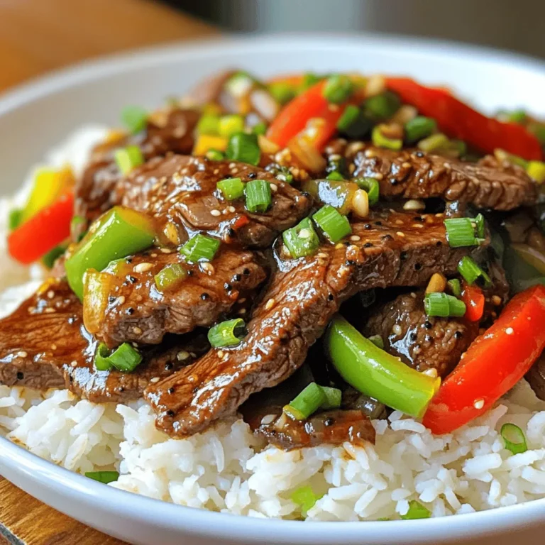 - 500g beef sirloin, thinly sliced - 2 tablespoons black pepper, coarsely ground - 2 tablespoons soy sauce - 1 tablespoon oyster sauce - 1 tablespoon cornstarch - 3 tablespoons vegetable oil - 1 red bell pepper, sliced - 1 green bell pepper, sliced - 1 small onion, thinly sliced - 3 cloves garlic, minced - 1-inch piece ginger, minced - 2 spring onions, chopped (for garnish) - Cooked jasmine rice (for serving) Black Pepper Beef Stir Fry is simple yet flavorful. The key ingredient is beef sirloin. This cut is tender and perfect for stir-frying. Coarsely ground black pepper gives it a nice kick. You'll want to use soy sauce and oyster sauce for depth. They add umami and richness to the dish. Cornstarch helps to tenderize the beef and gives it a nice glaze. Vegetable oil is ideal for cooking at high heat. The colorful bell peppers add crunch and sweetness. Onions, garlic, and ginger bring aromatic notes that make the dish shine. Finally, spring onions make a fresh garnish, adding a pop of color. Serve this stir fry over fluffy jasmine rice. It soaks up all the delicious sauce. Enjoy this quick meal that packs a punch! Combine the beef sirloin with the black pepper, soy sauce, oyster sauce, and cornstarch in a bowl. Mix well until the beef is covered. This helps the beef absorb flavors. Let it marinate for at least 20 minutes. This time allows the ingredients to blend and enhance the taste. Heat a large wok or skillet over high heat. Add 2 tablespoons of vegetable oil. Wait until the oil shimmers. Next, add the marinated beef in a single layer. Sear the beef for 2-3 minutes without stirring. This helps form a nice crust. Once browned, take the beef out and set it aside. Now, add 1 tablespoon of oil into the same wok. Toss in the onion, garlic, and ginger. Stir-fry for about 30 seconds until fragrant. Then, add the sliced red and green bell peppers. Stir-fry these for 2-3 minutes until they are tender but still crisp. Return the seared beef to the wok. Stir everything together and cook for an additional 1-2 minutes. This step melds all the flavors together. When serving, place a generous portion of jasmine rice on a plate. Spoon the beef stir fry over the rice. For a pop of color, garnish with chopped spring onions. This adds freshness and visual appeal. Enjoy your flavorful meal! To get the best flavor from your beef, marinate it well. Mix the beef with black pepper, soy sauce, oyster sauce, and cornstarch. Let it sit for at least 20 minutes. This helps the taste soak in. For a perfect sear, heat your pan until it is very hot. Use high heat and don't stir the beef too soon. Let it sit for 2-3 minutes to form a nice crust. Want to spice things up? Try adding crushed red pepper or a dash of chili oil. These spices can give your stir fry a nice kick. If you want to switch up the flavors, consider using teriyaki sauce or hoisin sauce instead of soy sauce. Each will add a unique taste. For cooking this dish, a large wok or a heavy skillet works best. Woks heat evenly and allow for great stir-frying. Use a spatula or a wooden spoon to toss the beef and veggies without sticking. A slotted spoon can help you serve without the extra liquid. {{image_2}} You can switch up the protein in this dish. Chicken works great! Just use thinly sliced chicken breast instead of beef. Tofu is also an excellent choice. Use firm tofu, cut into cubes. This makes the dish vegan-friendly. Both options soak up the black pepper flavor well. Feel free to add more veggies! Broccoli, snap peas, or carrots add color and crunch. Mushrooms bring an earthy taste. Use seasonal veggies for the best flavor. In summer, try zucchini or asparagus. In winter, go for brussels sprouts or kale. These choices keep your stir fry fresh and exciting. If you need a gluten-free meal, swap soy sauce with tamari. It has a similar taste but is gluten-free. You can also check for gluten-free oyster sauce. These small changes keep the flavors intact while being safe for gluten-sensitive diets. Enjoy your meal worry-free! To keep your Black Pepper Beef Stir Fry fresh, store leftovers in an airtight container. This step helps prevent odors and keeps the beef tasty. Place the container in the fridge as soon as you finish eating. Your stir fry stays good for about 3 to 4 days. Always check for any changes in smell or color before eating. When you are ready to enjoy leftovers, reheat them carefully. You can use a microwave, but stovetop reheating is better. Heat a pan over medium heat and add a splash of water. This method keeps the beef juicy. Stir gently to mix the flavors. If using a microwave, cover the dish with a lid or microwave-safe wrap to keep moisture in. Heat for 1-2 minutes, stirring halfway through. You can freeze Black Pepper Beef Stir Fry if you want to save some for later. First, let it cool down completely. Then, place it in a freezer-safe container or bag. Squeeze out any air before sealing. It can stay in the freezer for up to 3 months. When ready to eat, move it to the fridge overnight to thaw. Reheat in a pan over medium heat until hot. If it seems dry, add a little water or broth to revive the flavors. You can use tamari or coconut aminos as great soy sauce substitutes. Tamari is soy-free, which is great for gluten-free diets. Coconut aminos gives a sweeter taste and is also soy-free. If you need a quick fix, use a mix of broth and a touch of vinegar. To spice up your stir fry, add more black pepper. You can also include red pepper flakes or sliced fresh chilies. Another option is to add a splash of hot sauce when mixing the beef and veggies. Adjust to your taste for the perfect heat! Yes, you can prep parts of the recipe ahead. Marinate the beef ahead of time and store it in the fridge for up to a day. Chop the veggies the night before too. Just stir-fry right before serving for the best flavor and texture. This article covers a great stir-fry recipe featuring beef, vegetables, and rice. It guides you through marinating, cooking, and serving. You can also find tips for better flavor, equipment, and potential variations for protein and veggies. Don't forget about storage and reheating tips to enjoy your dish later. Exploring these options allows for creativity in the kitchen. Dive in and try out this fun stir-fry recipe to impress your family and friends!