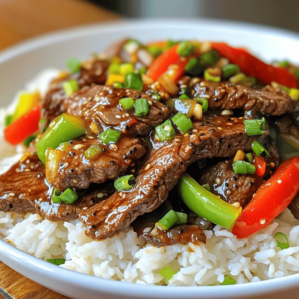 - 500g beef sirloin, thinly sliced - 2 tablespoons black pepper, coarsely ground - 2 tablespoons soy sauce - 1 tablespoon oyster sauce - 1 tablespoon cornstarch - 3 tablespoons vegetable oil - 1 red bell pepper, sliced - 1 green bell pepper, sliced - 1 small onion, thinly sliced - 3 cloves garlic, minced - 1-inch piece ginger, minced - 2 spring onions, chopped (for garnish) - Cooked jasmine rice (for serving) Black Pepper Beef Stir Fry is simple yet flavorful. The key ingredient is beef sirloin. This cut is tender and perfect for stir-frying. Coarsely ground black pepper gives it a nice kick. You'll want to use soy sauce and oyster sauce for depth. They add umami and richness to the dish. Cornstarch helps to tenderize the beef and gives it a nice glaze. Vegetable oil is ideal for cooking at high heat. The colorful bell peppers add crunch and sweetness. Onions, garlic, and ginger bring aromatic notes that make the dish shine. Finally, spring onions make a fresh garnish, adding a pop of color. Serve this stir fry over fluffy jasmine rice. It soaks up all the delicious sauce. Enjoy this quick meal that packs a punch! Combine the beef sirloin with the black pepper, soy sauce, oyster sauce, and cornstarch in a bowl. Mix well until the beef is covered. This helps the beef absorb flavors. Let it marinate for at least 20 minutes. This time allows the ingredients to blend and enhance the taste. Heat a large wok or skillet over high heat. Add 2 tablespoons of vegetable oil. Wait until the oil shimmers. Next, add the marinated beef in a single layer. Sear the beef for 2-3 minutes without stirring. This helps form a nice crust. Once browned, take the beef out and set it aside. Now, add 1 tablespoon of oil into the same wok. Toss in the onion, garlic, and ginger. Stir-fry for about 30 seconds until fragrant. Then, add the sliced red and green bell peppers. Stir-fry these for 2-3 minutes until they are tender but still crisp. Return the seared beef to the wok. Stir everything together and cook for an additional 1-2 minutes. This step melds all the flavors together. When serving, place a generous portion of jasmine rice on a plate. Spoon the beef stir fry over the rice. For a pop of color, garnish with chopped spring onions. This adds freshness and visual appeal. Enjoy your flavorful meal! To get the best flavor from your beef, marinate it well. Mix the beef with black pepper, soy sauce, oyster sauce, and cornstarch. Let it sit for at least 20 minutes. This helps the taste soak in. For a perfect sear, heat your pan until it is very hot. Use high heat and don't stir the beef too soon. Let it sit for 2-3 minutes to form a nice crust. Want to spice things up? Try adding crushed red pepper or a dash of chili oil. These spices can give your stir fry a nice kick. If you want to switch up the flavors, consider using teriyaki sauce or hoisin sauce instead of soy sauce. Each will add a unique taste. For cooking this dish, a large wok or a heavy skillet works best. Woks heat evenly and allow for great stir-frying. Use a spatula or a wooden spoon to toss the beef and veggies without sticking. A slotted spoon can help you serve without the extra liquid. {{image_2}} You can switch up the protein in this dish. Chicken works great! Just use thinly sliced chicken breast instead of beef. Tofu is also an excellent choice. Use firm tofu, cut into cubes. This makes the dish vegan-friendly. Both options soak up the black pepper flavor well. Feel free to add more veggies! Broccoli, snap peas, or carrots add color and crunch. Mushrooms bring an earthy taste. Use seasonal veggies for the best flavor. In summer, try zucchini or asparagus. In winter, go for brussels sprouts or kale. These choices keep your stir fry fresh and exciting. If you need a gluten-free meal, swap soy sauce with tamari. It has a similar taste but is gluten-free. You can also check for gluten-free oyster sauce. These small changes keep the flavors intact while being safe for gluten-sensitive diets. Enjoy your meal worry-free! To keep your Black Pepper Beef Stir Fry fresh, store leftovers in an airtight container. This step helps prevent odors and keeps the beef tasty. Place the container in the fridge as soon as you finish eating. Your stir fry stays good for about 3 to 4 days. Always check for any changes in smell or color before eating. When you are ready to enjoy leftovers, reheat them carefully. You can use a microwave, but stovetop reheating is better. Heat a pan over medium heat and add a splash of water. This method keeps the beef juicy. Stir gently to mix the flavors. If using a microwave, cover the dish with a lid or microwave-safe wrap to keep moisture in. Heat for 1-2 minutes, stirring halfway through. You can freeze Black Pepper Beef Stir Fry if you want to save some for later. First, let it cool down completely. Then, place it in a freezer-safe container or bag. Squeeze out any air before sealing. It can stay in the freezer for up to 3 months. When ready to eat, move it to the fridge overnight to thaw. Reheat in a pan over medium heat until hot. If it seems dry, add a little water or broth to revive the flavors. You can use tamari or coconut aminos as great soy sauce substitutes. Tamari is soy-free, which is great for gluten-free diets. Coconut aminos gives a sweeter taste and is also soy-free. If you need a quick fix, use a mix of broth and a touch of vinegar. To spice up your stir fry, add more black pepper. You can also include red pepper flakes or sliced fresh chilies. Another option is to add a splash of hot sauce when mixing the beef and veggies. Adjust to your taste for the perfect heat! Yes, you can prep parts of the recipe ahead. Marinate the beef ahead of time and store it in the fridge for up to a day. Chop the veggies the night before too. Just stir-fry right before serving for the best flavor and texture. This article covers a great stir-fry recipe featuring beef, vegetables, and rice. It guides you through marinating, cooking, and serving. You can also find tips for better flavor, equipment, and potential variations for protein and veggies. Don't forget about storage and reheating tips to enjoy your dish later. Exploring these options allows for creativity in the kitchen. Dive in and try out this fun stir-fry recipe to impress your family and friends!