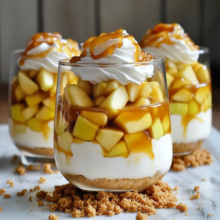 To make caramel apple cheesecake parfaits, gather the following ingredients: - 2 large apples, peeled, cored, and diced - 1 tablespoon lemon juice - 1 teaspoon cinnamon - 1 cup granulated sugar - 1/4 cup unsalted butter - 1 cup cream cheese, softened - 1/2 cup powdered sugar - 1 teaspoon vanilla extract - 1 cup heavy whipping cream - 1 cup crushed graham crackers - 1/2 cup caramel sauce (plus extra for drizzling) - Optional: whipped cream for topping These ingredients come together to create a great dessert. The apples add sweetness, while cream cheese gives a rich texture. If you need to swap ingredients, here are some options: - Use any firm apple like Granny Smith or Honeycrisp instead of large apples. - Replace lemon juice with orange juice for a different flavor. - For a dairy-free option, try using vegan cream cheese. - You can use coconut cream instead of heavy whipping cream for a lighter version. - If you don’t have graham crackers, use crushed cookies or vanilla wafers instead. These substitutions can help you tailor the recipe to your taste or needs. Choosing fresh apples makes a big difference in flavor. Here are some tips: - Look for apples that are firm and free of bruises. - Check for a vibrant color. More color often means better flavor. - Smell the apple. A fresh apple should have a sweet and fruity aroma. - If possible, buy apples that are in season for the best taste. - Consider organic apples to avoid pesticides. Selecting the right apples leads to tastier and fresher parfaits. Enjoy the process of making your dessert! First, peel, core, and dice two large apples. I love using sweet apples, like Fuji or Honeycrisp. In a medium bowl, toss the diced apples with one tablespoon of lemon juice and one teaspoon of cinnamon. The lemon juice stops browning and adds bright flavor. Next, heat a skillet over medium heat. Add the apples and one cup of granulated sugar. Cook for about 5-7 minutes. Stir occasionally until the apples soften and turn golden. Remove the skillet from the heat. Stir in a quarter cup of unsalted butter until it melts. Let the caramelized apples cool for a few minutes. In another bowl, combine one cup of softened cream cheese, half a cup of powdered sugar, and one teaspoon of vanilla extract. Use a mixer to beat this mixture until it's smooth and creamy. In a separate bowl, whip one cup of heavy cream until stiff peaks form. This step adds lightness to your parfaits. Gently fold the whipped cream into the cream cheese mixture. Be careful not to deflate it. You want a fluffy texture that will make the parfaits delightful. To assemble, start with a layer of crushed graham crackers in the bottom of a clear glass or parfait dish. I recommend one cup of crushed graham crackers for the best texture. Then, add a layer of the cream cheese mixture. Next, spoon in some of your cooled caramelized apples and drizzle with caramel sauce. Repeat these layers until your glass is full. Finish with a final layer of the cream cheese mixture. For a fun touch, pipe some whipped cream on top and drizzle with extra caramel sauce. This adds both flavor and visual appeal. Enjoy your beautiful and tasty caramel apple cheesecake parfaits! To caramelize apples well, start with a hot skillet. Use medium heat for even cooking. Add sugar once the pan is hot, then toss in your apples. Stir them gently. This helps them cook evenly. Keep an eye on them. They should soften and turn golden in about 5-7 minutes. Don’t rush this step; good caramel makes all the difference in flavor. When whipping cream, start with cold heavy cream. It whips better and faster. Use a chilled bowl for best results. Beat the cream on medium speed. Watch for stiff peaks. This means it holds its shape well. Gently fold the whipped cream into your cream cheese mix. Be careful not to deflate it. This keeps the parfait light and airy. For a stunning parfait, use clear glasses. This shows off the layers of cream, apples, and graham crackers. Layer carefully for a neat look. Top with a dollop of whipped cream for flair. Drizzle extra caramel sauce on top for a sweet finish. A sprinkle of crushed graham crackers adds texture and looks great. Enjoy your beautiful dessert! {{image_2}} You can use many apples for your parfaits. I love Granny Smith apples for their tart flavor. They balance the sweetness of the caramel. Honeycrisp apples add a nice crunch and sweetness. Fuji apples are also great if you want a sweeter treat. Try mixing different apples for fun flavors. Each type brings its own unique taste to the dish. Experiment to find your favorite! While cream cheese is classic, you can switch it up. Try adding a bit of peanut butter for a nutty twist. You could also use flavored cream cheese, like strawberry or pumpkin. For a chocolate lover, add cocoa powder to the mix. This can create a rich, creamy layer. You can even swap it for Greek yogurt for a tangy touch. Each variation can give your parfaits a new life! Want a lighter version? You can use reduced-fat cream cheese. This keeps the creamy texture but cuts calories. Instead of sugar, use honey or maple syrup for sweetness. You can also use Greek yogurt instead of heavy cream. It adds protein and makes it lighter. Plus, you can use whole-grain graham crackers for extra fiber. These simple swaps can make your dessert healthier without losing flavor! Store your caramel apple cheesecake parfaits in the fridge. Use airtight containers to keep them fresh. If you layer the parfaits in glasses, cover each one with plastic wrap. This keeps them from drying out. Enjoy them within three days for the best taste. Each ingredient has its own shelf life. Apples last about one week in the fridge. Cream cheese stays good for about two weeks after opening. Heavy cream can last about a week once opened. Always check for any signs of spoilage before use. You can freeze the caramelized apples and cream cheese mixture. However, do not freeze the whipped cream. To freeze, put the apples and cream cheese mixture in separate, airtight containers. Use them within three months for the best flavor. When ready to eat, let them thaw in the fridge overnight and reassemble the parfaits. Yes, you can make this dessert ahead of time. You can prepare the caramelized apples and cream cheese mix a day in advance. Store each in the fridge. When you are ready to serve, simply layer the parfaits in glasses. This keeps everything fresh and tasty. Just remember to add whipped cream and caramel sauce right before serving for the best look. If you need a cream cheese substitute, try mascarpone cheese. It has a similar taste and texture. You can also use Greek yogurt for a lighter option. Make sure to choose full-fat yogurt for the best flavor. Both options will give you a creamy layer in your parfaits. Making homemade caramel sauce is easy! Start with 1 cup of granulated sugar. In a saucepan, heat the sugar over medium heat. Stir it with a wooden spoon until it melts and turns golden brown. Next, add 1/4 cup of unsalted butter and stir until melted. Finally, carefully add 1/2 cup of heavy cream and mix well. Let it cool before using. This sauce will make your parfaits even more delicious! This blog post covered everything you need to know to create delicious parfaits. We explored the best ingredients, how to prepare them, and tips for crafting the perfect layers. I shared ideas for variations and ways to store your parfaits so they stay fresh. For your best results, remember to select fresh apples and experiment with flavors. Enjoy this tasty treat, and don't hesitate to get creative with your own ideas! Happy parfait-making!