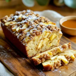 - 2 cups all-purpose flour - 1 teaspoon baking powder - 1 teaspoon baking soda - 1/2 teaspoon salt - 1 teaspoon ground cinnamon - 1/2 teaspoon ground nutmeg - 1/2 cup unsalted butter, softened - 3/4 cup granulated sugar - 1/4 cup brown sugar, packed - 2 large eggs - 1 teaspoon vanilla extract - 1/2 cup buttermilk (or milk with 1/2 tablespoon vinegar) - 2 medium apples, peeled and diced (preferably Granny Smith or Honeycrisp) - For the Streusel Topping: - 1/3 cup all-purpose flour - 1/3 cup rolled oats - 1/4 cup brown sugar, packed - 1 teaspoon ground cinnamon - 3 tablespoons unsalted butter, melted - A pinch of salt To make this loaf, I gather all my ingredients first. I use fresh apples for the best taste. Granny Smith apples add a nice tart flavor, while Honeycrisp apples are sweet and juicy. These choices make the loaf really pop! I also make sure to use room temperature butter and eggs. This helps them mix better and creates a fluffier loaf. For the dry ingredients, I whisk flour, baking powder, baking soda, salt, cinnamon, and nutmeg. This mix brings warmth and spice to each bite. The wet ingredients are just as important. I beat softened butter with granulated and brown sugars until light. This step adds sweetness and texture. The streusel topping is a real treat. It adds a crunchy layer that everyone loves. I mix oats, flour, brown sugar, cinnamon, melted butter, and a pinch of salt. It’s the perfect finish to our delicious loaf. As you prepare, keep everything organized. This way, the baking process flows smoothly! - Preheat the oven to 350°F (175°C). - Grease and flour a 9x5-inch loaf pan or line it with parchment paper. - In a small bowl, combine the following for the streusel: - 1/3 cup all-purpose flour - 1/3 cup rolled oats - 1/4 cup brown sugar, packed - 1 teaspoon ground cinnamon - 3 tablespoons melted unsalted butter - A pinch of salt - Mix until crumbly and set aside. - In a medium bowl, whisk together: - 2 cups all-purpose flour - 1 teaspoon baking powder - 1 teaspoon baking soda - 1/2 teaspoon salt - 1 teaspoon ground cinnamon - 1/2 teaspoon ground nutmeg - In a large bowl, beat together: - 1/2 cup softened unsalted butter - 3/4 cup granulated sugar - 1/4 cup packed brown sugar - Beat until fluffy, about 3-4 minutes. - Add in 2 large eggs, one at a time, beating well after each. - Stir in 1 teaspoon vanilla extract. - Gradually mix the dry ingredients into the butter mixture, alternating with: - 1/2 cup buttermilk (or milk with 1/2 tablespoon vinegar). - Start and end with the dry ingredients. Mix until just combined. - Gently fold in: - 2 medium apples, peeled and diced. - Pour half the batter into the loaf pan. - Sprinkle half of the streusel topping over the batter. - Add the remaining batter, then top with the rest of the streusel. - Bake for 55-65 minutes. - Check if a toothpick comes out clean from the center. - Cool the loaf in the pan for about 10 minutes. - Transfer it to a wire rack to cool completely. - Always check your oven temperature with a thermometer. An accurate temperature makes a big difference. - Use room temperature ingredients. This helps the batter rise well and bake evenly. - Choose Granny Smith or Honeycrisp apples. They offer the best flavor and texture. - When peeling apples, use a sharp peeler. Cut the apples into even-sized pieces for uniform cooking. - For a crunchier topping, use more oats or flour. Adjust proportions to your liking. - Add chopped nuts like walnuts or pecans for a tasty twist. You can also include spices like ginger or nutmeg for extra flavor. {{image_2}} You can easily make this loaf gluten-free. Just swap the all-purpose flour for a gluten-free blend. Look for a blend that has xanthan gum in it. This helps mimic the texture of wheat flour. You may need to adjust the liquid slightly. Check the consistency of the batter. It should be thick but pourable. To add more flavor, consider using spices like allspice or cardamom. They bring warmth and depth to your loaf. Just a pinch can change the whole taste. You can also add dried fruits like cranberries or raisins. They pair well with apples and give a nice chew. If you want a dairy-free loaf, use coconut oil or a plant-based butter. Both work well in this recipe. For a different sweetness, try using brown sugar or maple syrup. Each sugar adds a unique flavor. This keeps your loaf fresh and exciting every time you bake it. To store the loaf at room temperature, wrap it tightly in plastic wrap or foil. Place it in an airtight container. This keeps it fresh for up to three days. Make sure to store it away from direct sunlight. Enjoy it as is or warm it slightly before serving. For long-term storage, freeze the loaf. First, let it cool completely. Then, wrap it tightly in plastic wrap, followed by aluminum foil. This prevents freezer burn and keeps it tasty. You can freeze it for up to three months. To thaw, remove the loaf from the freezer. Leave it wrapped and place it in the fridge overnight. For faster results, you can thaw it at room temperature for a few hours. When ready to enjoy, reheat it in the oven at 350°F (175°C) for about 10-15 minutes. This makes it warm and fresh again. The loaf stays fresh for about three days at room temperature. If you notice any mold or an off smell, it’s best to discard it. If stored in the freezer, it can last up to three months. Always check for signs of freezer burn or changes in texture before eating. Freshness is key for the best taste. Yes, you can use other apples. Granny Smith apples are tart and crisp. Honeycrisp apples offer sweetness and crunch. Fuji apples are juicy and sweet, while Gala apples are mild. Each type gives a unique flavor to the loaf. Try different apples for fun results. If you don’t have buttermilk, you can make your own. Mix 1/2 cup of milk with 1/2 tablespoon of vinegar. Let it sit for 5-10 minutes. This simple mix works well in the recipe. You can also use yogurt or sour cream thinned with milk. Check the loaf with a toothpick. Insert it into the center. If it comes out clean, the loaf is done. Look for a golden-brown crust. The loaf should feel firm but springy to the touch. If it jiggles, it needs more time. This blog post covered a delicious apple loaf recipe. We explored the key dry and wet ingredients, plus the tasty streusel topping. I provided clear steps for prepping, mixing, and baking. You learned useful tips for choosing apples and made variations to fit your needs. In conclusion, this recipe is not just easy; it’s enjoyable. You can share this tasty treat with family and friends. Happy baking, and enjoy your homemade apple loaf!
