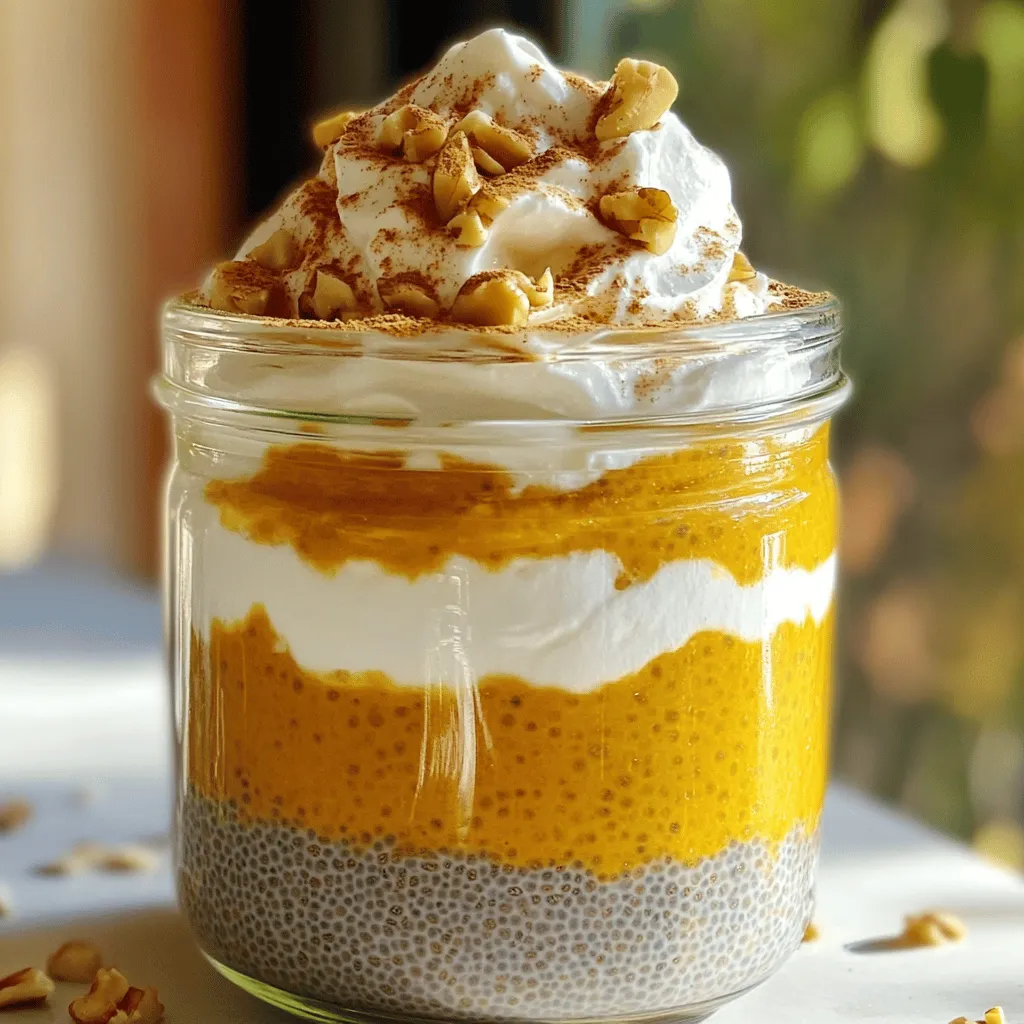 To make this creamy delight, gather these key items: - 1 cup pumpkin puree (canned or fresh) - 1/4 cup chia seeds - 2 cups almond milk (or any milk of choice) - 1/4 cup maple syrup (adjust to taste) - 1 teaspoon vanilla extract - 1 teaspoon pumpkin pie spice - Pinch of salt These ingredients work together to create a smooth and tasty pudding. The pumpkin adds a rich flavor and color. Chia seeds bring a fun texture and help the pudding thicken. You can make your pudding even more special with these toppings: - Whipped coconut cream - Crushed nuts - Seeds These add-ons provide crunch and extra flavor. They also make your pudding look pretty. Each ingredient offers health benefits: - Pumpkin puree is low in calories and high in fiber. It’s packed with vitamins A and C. - Chia seeds are a great source of omega-3 fatty acids. They promote heart health and help digestion. - Almond milk is low in calories and lactose-free. It’s a good choice for many diets. - Maple syrup adds natural sweetness and minerals. Just use it in moderation. - Pumpkin pie spice gives flavor without extra calories. It can even help with digestion. These ingredients not only taste good but also help keep you healthy. Start by grabbing a medium mixing bowl. Add 1 cup of pumpkin puree. You can use canned or fresh pumpkin. Then, pour in 2 cups of almond milk. This helps make the pudding creamy. Next, add 1/4 cup of maple syrup. You can adjust this to make it sweeter or less sweet. Stir in 1 teaspoon of vanilla extract, 1 teaspoon of pumpkin pie spice, and a pinch of salt. Whisk everything together until it is smooth and well mixed. Once your pumpkin mix is ready, it’s time for the chia seeds. Measure out 1/4 cup of chia seeds. Sprinkle them into the pumpkin mixture. Stir it well so the seeds spread out evenly. This helps them absorb the liquid better. The chia seeds will thicken the pudding as it chills. Now, cover the bowl with plastic wrap. You can also divide the mixture into jars for easy serving. Place it in the fridge for at least 4 hours or overnight. This allows the chia seeds to soak up the liquid and make the pudding thicker. After chilling, take it out and give it a good stir. If it seems too thick, add a splash of milk. Now, it’s ready to serve! You can enjoy it plain or add your favorite toppings like whipped coconut cream, crushed nuts, or seeds. To get the best texture for your pumpkin chia pudding, focus on the chia seeds. They need time to soak. After mixing the ingredients, let the pudding chill for at least four hours. I recommend leaving it overnight. This allows the seeds to absorb the liquid fully. If your pudding is too thick, just add a splash of almond milk. This will thin it out nicely. You can adjust sweetness to your liking. Start with 1/4 cup of maple syrup. Taste it after mixing. If you want it sweeter, add a bit more syrup. The pumpkin pie spice adds flavor, but you can tweak that too. Add more spice if you love a stronger taste. A pinch of salt enhances all the flavors, so don’t skip it. When serving, think about toppings. Whipped coconut cream gives a nice touch. Crushed nuts or seeds add crunch. You can even sprinkle some extra pumpkin pie spice on top for flair. Serve in cute jars for a fun look. This makes your pudding feel special and ready to impress friends or family. {{image_2}} You can make pumpkin chia pudding even more fun with flavor additions. Try mixing in cocoa powder for a chocolatey twist. Just add 2 tablespoons of cocoa when you mix the pumpkin. It gives a rich taste and is super yummy. You can also add nuts like walnuts or pecans for a nice crunch. Just sprinkle them on top before serving. This recipe is already dairy-free by using almond milk. If you want a different milk, oat or coconut milk works great, too. Both give a creamy texture that blends well with pumpkin. For a vegan touch, ensure your sweetener is pure maple syrup. It adds sweetness without any animal products. You can play with spices to match the season. In fall, try adding cinnamon or nutmeg for a warm flavor. A dash of ginger can give it a spicy kick. In the spring, you might want to lighten it up. Add fresh mint or lemon zest for a refreshing taste. These small changes can brighten your pudding and keep it exciting! To keep your pumpkin chia pudding fresh, store it in the fridge. Make sure it’s covered. You can use plastic wrap or a lid on a jar. This keeps it from drying out and absorbing other smells. Glass jars work best for storing chia pudding. They seal well and let you see the pudding. You can also use plastic containers if you prefer. Just ensure they have a tight lid. Pumpkin chia pudding lasts about 4 to 5 days in the fridge. If you want to keep it longer, you can freeze it. Portion it into small containers. When you want to eat it, thaw it in the fridge overnight. Yes, you can use fresh pumpkin. Just cook and puree it first. This gives a fresh taste. Make sure to drain extra water from the puree. Fresh pumpkin also has great nutrition. Pumpkin chia pudding lasts up to five days in the fridge. Store it in a sealed jar. Keep it cool to maintain the best flavor and texture. Yes, making this pudding ahead is a great idea. You can prepare it the night before. This lets the chia seeds soak and thicken well. It saves time for busy mornings! In this blog post, we covered pumpkin chia pudding's ingredients, steps, and storage. You learned how to mix the main ingredients and add toppings. We shared tips for the best texture and ways to adjust flavors. You can explore fun variations and find proper storage methods. Overall, pumpkin chia pudding is healthy, tasty, and easy to make. Experiment with flavors you love, and enjoy the nutritious benefits!