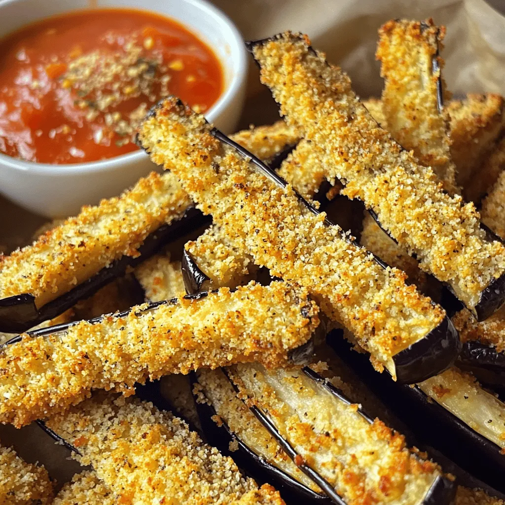 - 1 large eggplant - 1 cup breadcrumbs (panko recommended) - 1/2 cup grated Parmesan cheese - 2 beaten eggs - 1 teaspoon Italian seasoning - 1/2 teaspoon garlic powder - Salt and pepper to taste - Marinara sauce for dipping You need a few key items to make Air Fryer Eggplant Parmesan Fries. Start with one large eggplant. Slice it into thin fries, about 1/4 inch thick. This helps them cook evenly and get crispy. Next, grab a cup of breadcrumbs. I recommend panko for extra crunch. You will also need 1/2 cup of grated Parmesan cheese for that rich flavor. You will then use two beaten eggs. They help the breadcrumbs stick to the eggplant. For seasoning, you need 1 teaspoon of Italian seasoning and 1/2 teaspoon of garlic powder. Add salt and pepper to taste. Finally, don’t forget the marinara sauce for dipping. It pairs perfectly with the crispy fries. These ingredients combine to create a tasty snack or side. Each item plays a role in making your fries crispy and delicious. Make sure to have everything ready before you start cooking. This way, you can enjoy your flavorful Air Fryer Eggplant Parmesan Fries in no time! First, slice the large eggplant into thin fries. Aim for about 1/4 inch thick. This will help them cook evenly. Place the sliced eggplant in a colander. Sprinkle salt on top of the slices. Let it sit for about 30 minutes. This process draws out moisture and bitterness. After 30 minutes, rinse the eggplant under cold water. Pat the slices dry with paper towels. This step is key for crispy fries. Now, let’s mix the breadcrumb mixture. In a shallow bowl, combine 1 cup of breadcrumbs, 1/2 cup of grated Parmesan cheese, 1 teaspoon of Italian seasoning, and 1/2 teaspoon of garlic powder. Add a pinch of salt and pepper to taste. Mix well until everything is combined. Next, dip each eggplant slice into 2 beaten eggs. Let any excess egg drip off. After that, coat the slice in the breadcrumb mixture. Press gently to make sure the crumbs stick well. Before air frying, preheat your air fryer to 375°F (190°C). This ensures even cooking. Place the coated eggplant fries in the air fryer basket. Don’t overcrowd them, as this can lead to uneven cooking. You may need to work in batches. Air fry the eggplant fries for 15-18 minutes. Flip them halfway through for even browning. You know they are done when they are golden brown and crispy. Remove them from the air fryer and let them cool slightly. Serve warm with marinara sauce for dipping. Enjoy your crispy and delicious eggplant fries! To get that perfect crunch, I always use panko breadcrumbs. They add a light and airy texture that makes all the difference. Regular breadcrumbs can work, but panko gives you more crunch. Another key tip is to avoid overcrowding the air fryer. If you stack the eggplant fries, they won’t crisp up well. Instead, arrange them in a single layer. If you have a lot, cook them in batches. This way, every fry gets hot air and cooks evenly. To boost flavor, I love experimenting with spices. In addition to Italian seasoning, try adding a pinch of smoked paprika or some dried oregano. These spices enhance the taste and bring out the best in eggplant. Also, consider mixing different types of Parmesan. You can use a blend of aged and fresh Parmesan for a richer flavor. This small tweak can elevate your fries from good to amazing! {{image_2}} You can make your eggplant fries extra cheesy. Just add mozzarella or provolone cheese to the breadcrumb mix. This will give your fries a delicious, gooey center. Simply mix in about a cup of shredded cheese with your breadcrumbs. When you bake them, the cheese melts and creates a wonderful flavor. It’s a great twist on the classic recipe. If you like some heat, try a spicy version. Just add crushed red pepper flakes to the breadcrumb mixture. Start with one teaspoon and add more if you want it hotter. The spice will enhance the flavor of the eggplant. It gives your fries a nice kick that pairs well with marinara sauce. For a gluten-free option, use gluten-free breadcrumbs. They are easy to find in most stores. You can also make your own by grinding gluten-free bread. Just follow the same steps as the original recipe. This way, everyone can enjoy these crispy eggplant fries. To keep your eggplant fries fresh, place them in an airtight container. Let them cool before storing. Refrigerate the fries for up to three days. Line the container with paper towels to absorb moisture. This helps keep them crispy for longer. Avoid stacking the fries to prevent sogginess. To reheat and keep the fries crisp, use the air fryer. Preheat the air fryer to 350°F (175°C). Place the fries in a single layer and heat for about 5 minutes. This method revives their crunchiness. You can also use a toaster oven for reheating. Avoid the microwave, as it makes them soggy. Yes, you can use frozen eggplant fries. Frozen fries save time, but they may not be as crispy. Fresh eggplant fries generally have a better texture and flavor. If you choose frozen, adjust the cooking time. They may need a few extra minutes to cook through. You will know the fries are done when they are golden brown. They should feel crispy on the outside and tender inside. A good way to check is to flip them halfway through cooking. If they look too pale, give them a few more minutes. Absolutely! To make it vegan, replace the eggs with a flaxseed mixture. Mix one tablespoon of ground flaxseed with three tablespoons of water. Let it sit for five minutes until it thickens. For cheese, use nutritional yeast or a vegan cheese alternative. This blog post showed you how to make tasty eggplant fries. We covered the main ingredients, like eggplant and Parmesan cheese, and shared easy steps for preparation and cooking. Tips for crispness and flavor add fun twists. You learned about variations, storage methods, and answers to common questions. Now, you can enjoy healthy snacks that satisfy your taste. Get creative with spices or cheeses and enjoy every crispy bite!