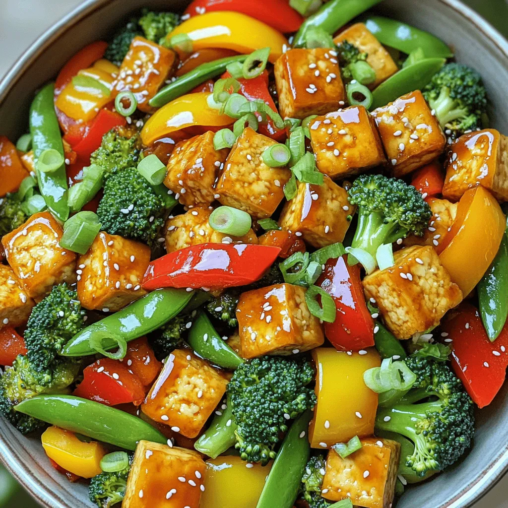 - 1 block (14 oz) firm tofu - 2 tablespoons cornstarch - 2 tablespoons vegetable oil - 1 red bell pepper, sliced - 1 yellow bell pepper, sliced - 1 cup broccoli florets - 1 cup snap peas - 3 cloves garlic, minced - 1 teaspoon ginger, grated - ½ cup teriyaki sauce (store-bought or homemade) - 2 green onions, sliced (for garnish) - Sesame seeds (for garnish) To make a great teriyaki tofu stir fry, you need just a few key ingredients. First, use a block of firm tofu. This type holds its shape well and absorbs flavors nicely. Press the tofu to remove excess water. This makes it crispier when cooked. Next, you will need cornstarch. It helps create a nice crust on the tofu. The right oil is also vital; vegetable oil works best for frying. For the veggies, I love using red and yellow bell peppers. They bring color and sweetness. Broccoli florets and snap peas add crunch and nutrition. Don't forget the garlic and ginger! They pack a flavor punch and make the dish smell amazing. Finally, teriyaki sauce ties it all together. You can buy it or make your own. Green onions and sesame seeds are great for garnish. They add a nice touch and extra flavor. - First, drain the tofu. Press it to remove extra water. - Next, cut the tofu into bite-sized cubes. This helps it cook evenly. - Finally, coat each cube with cornstarch. This will make the tofu crispy. - Heat oil in your skillet or wok. Use medium-high heat for the best results. - Add the tofu cubes in a single layer. Cook them until they are golden and crispy. This takes about 3-4 minutes per side. - In the same skillet, add more oil. Sauté minced garlic and grated ginger for 30 seconds. - Then, add sliced red and yellow bell peppers, broccoli florets, and snap peas. - Stir fry for about 5-7 minutes. You want them tender but still crisp. - Return the crispy tofu to the skillet with the veggies. - Pour the teriyaki sauce over everything. - Toss gently to coat all ingredients. Cook for another 2-3 minutes until heated through. To get crispy tofu, you need to press it first. This removes extra water. After pressing, cut the tofu into small cubes. Coat each piece with cornstarch. This makes the tofu crunchy when cooked. Heat oil in a skillet over medium-high heat. Cook tofu in a single layer for about 3-4 minutes on each side. Flip them carefully until they are golden brown. For this stir fry, I love using a mix of colorful veggies. Red and yellow bell peppers add sweetness. Broccoli gives a nice crunch. Snap peas add a fresh taste. When cooking, add the harder veggies first. Bell peppers and snap peas need less time to cook. Stir fry them for about 5-7 minutes until they are tender but still crisp. Serve your teriyaki tofu stir fry with jasmine rice or quinoa. These sides soak up the sauce well. For a nice touch, garnish your dish with sliced green onions and sesame seeds. You can also add a few chili slices for color. Serve it in a large bowl or on individual plates for a great presentation. {{image_2}} You can change the protein in your stir fry easily. Here are some options: - Tofu Types: Use silken tofu for a softer dish. Extra-firm tofu gives a firmer bite. - Alternative Proteins: Try chicken or shrimp for a meatier meal. Tempeh is also a great choice for a plant-based boost. Each protein adds its own flavor and texture, making the dish unique every time. If you want to make your teriyaki sauce, here’s a simple recipe: - Mix ½ cup soy sauce, ¼ cup honey or maple syrup, 1 tablespoon rice vinegar, and 1 teaspoon cornstarch. Heat until thick. You can also swap the teriyaki sauce for other sauces: - Sesame sauce: Adds nutty flavor. - Sweet chili sauce: Gives a spicy kick. Experimenting with sauces can change the whole taste of your dish! You can adapt this stir fry to fit your diet: - Vegan Options: Use plant-based sauces and stick with tofu. - Gluten-Free: Ensure your soy sauce is gluten-free. - Low-Carb: Use more veggies and skip the rice. Cauliflower rice is a great substitute. These changes help you enjoy the meal while meeting your dietary needs! To keep your teriyaki tofu stir fry fresh, use airtight containers. Glass or plastic containers work well. Label the containers with the date, so you know when you made them. Store the leftovers in the fridge for up to three days. If you want to keep them longer, freeze the stir fry. Place it in freezer-safe bags or containers. It can last for about two months in the freezer. When reheating, you want to keep that nice texture. The best way is to use a skillet. Heat it on medium heat and add a splash of water or oil. Stir the tofu and veggies gently. This keeps them from getting mushy. Heat for about 5-7 minutes or until hot. If using a microwave, cover the bowl loosely. Heat for 1-2 minutes, stirring halfway. Check that everything is warm before serving again. Teriyaki tofu stir fry lasts about 3 to 4 days in the fridge. Store it in an airtight container. This keeps the flavors fresh and the tofu nice. Yes, you can use frozen vegetables! They are quick and easy. Just add them to the pan and cook a little longer. This way, you save time and still enjoy a great meal. You can use soy sauce mixed with honey or maple syrup. Another option is a mix of soy sauce, rice vinegar, and brown sugar. These substitutes will give you a tasty flavor. To make this dish gluten-free, use gluten-free soy sauce or tamari. Most teriyaki sauces may contain gluten, so check the label. This way, you can enjoy the meal without worry. Yes, making teriyaki sauce at home is easy! Just mix soy sauce, honey, rice vinegar, and a little ginger. Heat it in a pan until it thickens. This fresh sauce adds great flavor to your stir fry! In this blog post, we explored a tasty teriyaki tofu stir fry. We covered ingredients, step-by-step cooking methods, and tips for the best results. Remember to press your tofu and coat it with cornstarch for crispiness. You can swap proteins or try different sauces too. Store leftovers carefully and reheat them with care. Now, you have everything needed to make a delicious meal. Enjoy your cooking adventure!
