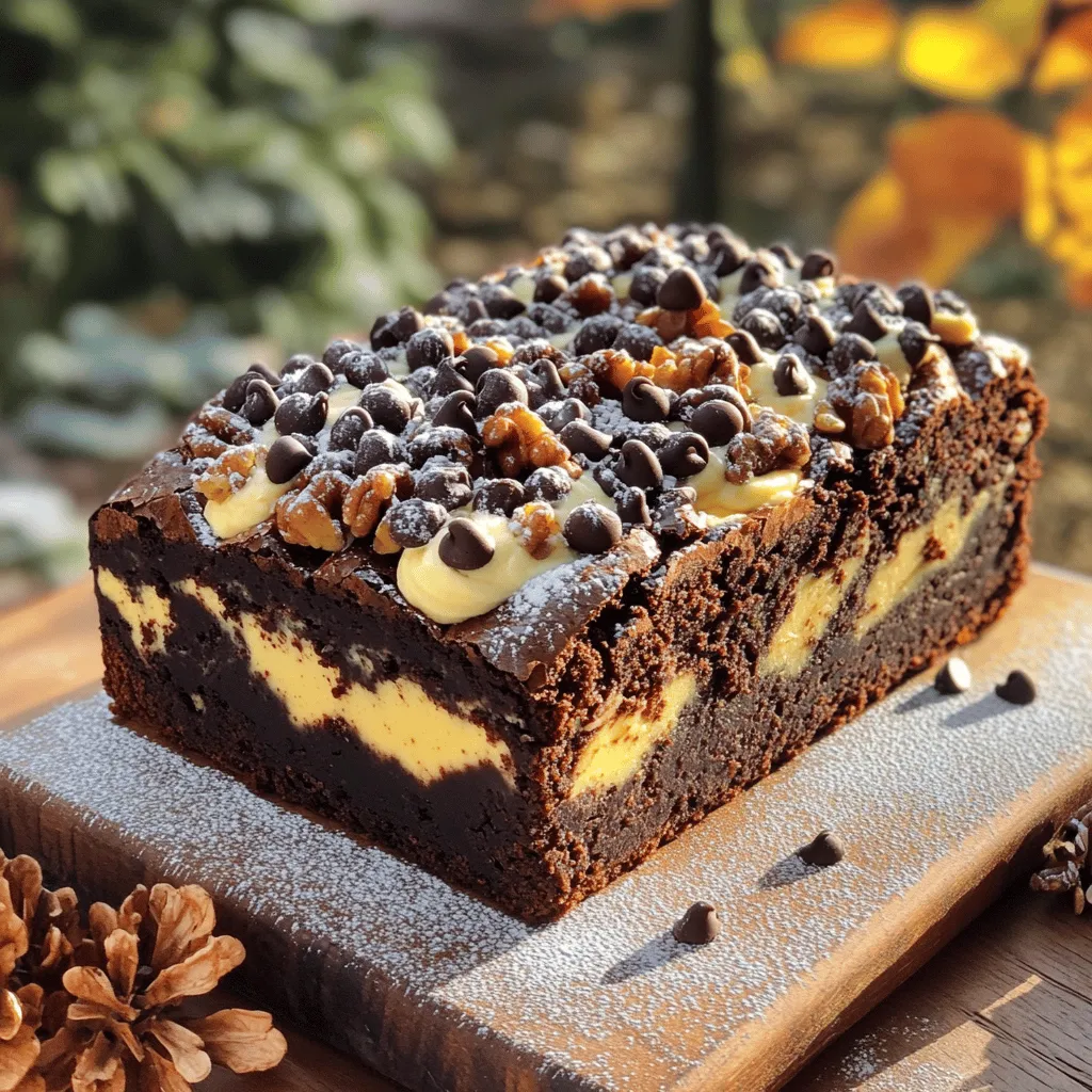 To make a Pumpkin Cream Cheese Brownie Loaf, you will need: - 1 cup all-purpose flour - 1/2 cup unsweetened cocoa powder - 1 teaspoon baking powder - 1/2 teaspoon salt - 1/2 cup unsalted butter, melted - 1 cup granulated sugar - 1/2 cup brown sugar, packed - 3 large eggs - 1 teaspoon vanilla extract - 1 cup pumpkin puree - 1 teaspoon ground cinnamon - 1/2 teaspoon ground nutmeg - 8 ounces cream cheese, softened - 1/4 cup powdered sugar - 1 tablespoon lemon juice - Optional: Chocolate chips and chopped walnuts for topping You can swap some ingredients if needed: - Use whole wheat flour for a healthier option. - Swap cocoa powder with carob powder for a caffeine-free version. - If you want a lower sugar option, use a sugar substitute. - You can replace cream cheese with Greek yogurt for a lighter taste. - Applesauce can work in place of butter for a vegan twist. Fresh ingredients make a big difference in your baking. Using fresh pumpkin puree gives a rich flavor. Older ingredients may not provide the same taste or texture. Always check the expiration dates on your baking items. Fresh eggs help your batter rise better. This care leads to a moist and flavorful loaf. Trust me, using fresh ingredients will enhance your baking experience! Start by gathering all your ingredients. You will need flour, cocoa powder, baking powder, salt, butter, granulated sugar, brown sugar, eggs, vanilla extract, pumpkin puree, cinnamon, nutmeg, cream cheese, powdered sugar, and lemon juice. Preheat your oven to 350°F (175°C). Grease a 9x5-inch loaf pan or line it with parchment paper. This makes it easy to take out your loaf later. 1. In a medium bowl, whisk together the flour, cocoa powder, baking powder, and salt. Set this bowl aside. 2. In a large mixing bowl, combine the melted butter with the granulated and brown sugars. Mix until smooth. 3. Add the eggs one at a time to the sugar mixture. Mix well after each egg. Then stir in the vanilla extract and pumpkin puree until everything is mixed well. 4. Gradually fold the dry ingredients into the wet mixture. Be careful not to overmix; mix until just combined. 5. In another bowl, mix the cream cheese with powdered sugar and lemon juice until it is creamy and smooth. 6. Pour half of the brownie batter into the prepared loaf pan. Spread it evenly. 7. Spoon the cream cheese mixture over the brownie layer. Then, add the remaining brownie batter on top. Use a knife to swirl the cream cheese into the brownie batter for a marbled look. 8. If you like, sprinkle chocolate chips and chopped walnuts on top for a tasty crunch. 9. Bake in the oven for 50-60 minutes. A toothpick should come out with a few moist crumbs when it is done. 10. After baking, let it cool in the pan for 10 minutes. Then, transfer it to a wire rack to cool completely before slicing. - Make sure all ingredients are at room temperature for the best texture. - Don’t skip the swirling step! It makes the loaf look beautiful. - Check your oven’s temperature with an oven thermometer. This ensures even baking. - Let the loaf cool fully before slicing to get neat pieces. - Enjoy each slice with whipped cream or vanilla ice cream for extra delight. Swirling cream cheese is easy and fun. First, mix the cream cheese with powdered sugar and lemon juice until smooth. After pouring half the brownie batter in the pan, add dollops of the cream cheese mixture on top. Then, use a knife or a skewer to gently swirl it in. Aim for a marbled look, but don't overdo it. You want some chunks of cream cheese to show through. To keep your brownie loaf moist, pay attention to baking time. Start checking for doneness at 50 minutes. Use a toothpick; if it comes out with a few moist crumbs, it’s ready. Overbaking will lead to a dry loaf. Also, using pumpkin puree adds moisture and flavor. It helps create a rich, tender texture that makes each bite delightful. Serving this brownie loaf can be a treat in itself. Slice it while still slightly warm for a gooey texture. Dust with powdered sugar for a sweet finish. Pair it with whipped cream or vanilla ice cream for a special touch. For a crunchy contrast, sprinkle chopped walnuts or chocolate chips on top before baking. Enjoy with a cup of coffee or tea for the perfect snack! {{image_2}} You can make a gluten-free version of this loaf. Use a gluten-free flour mix instead of all-purpose flour. Look for a blend that includes xanthan gum. This will help keep the loaf moist and fluffy. Follow the same steps in the recipe for mixing and baking. To make this loaf dairy-free, replace butter with coconut oil or a dairy-free spread. For the cream cheese layer, use a dairy-free cream cheese. Brands like Tofutti or Kite Hill work great. You can also swap the eggs for flax eggs to keep it dairy-free. Want to boost the flavor? Add a cup of chocolate chips to the batter for a richer taste. Chopped walnuts add crunch and flavor, too. If you like spice, try adding a pinch of ginger or cloves. For a fun twist, mix in some orange zest for a bright, citrus note. To keep your Pumpkin Cream Cheese Brownie Loaf fresh, place it in an airtight container. This helps keep moisture in and prevents it from drying out. You can store it at room temperature for up to three days. If you want to keep it longer, refrigeration is a good option. If you have extra slices or want to save some for later, freezing is easy. Wrap each slice tightly in plastic wrap, then place them in a freezer bag. Be sure to remove as much air as possible. This loaf can last in the freezer for up to three months. Just remember to label the bag with the date! When you're ready to enjoy your loaf again, here’s how to reheat it. If you thawed it in the fridge, you can simply slice it and warm it in the microwave for 10-15 seconds. For a crispier texture, place slices in a toaster oven for a few minutes. This brings back that fresh-baked taste! Yes, you can make this recipe in advance. The brownie loaf tastes great after a day or two. Make it a day ahead for a richer flavor. Store it in an airtight container to keep it fresh. You can also freeze it for later. Just wrap it well and store it in the freezer. When you’re ready, let it thaw in the fridge overnight before serving. You can use applesauce as a substitute for pumpkin puree. It will keep the loaf moist and add a slight sweetness. Mashed bananas or sweet potato puree can also work well. Each substitute will change the flavor a bit but will still taste delicious. If you want to keep it pumpkin-flavored, you can also try canned butternut squash puree. Check the loaf after 50 minutes of baking. Insert a toothpick into the center. If it comes out with a few moist crumbs, it's done. If it’s wet with batter, give it more time. The loaf should spring back when gently pressed. The edges will pull away slightly from the pan. This means you have a perfectly baked brownie loaf. In this blog post, we explored key ingredients and their substitutions, ensuring freshness matters. You learned step-by-step instructions for mixing and baking, plus useful tips for success. We also shared tips and tricks to enhance your brownie loaf experience with special variations. Lastly, storage info showed how to keep leftovers fresh and tasty. Remember, understanding each step leads to a great bake. Enjoy every slice of your delicious brownie loaf!