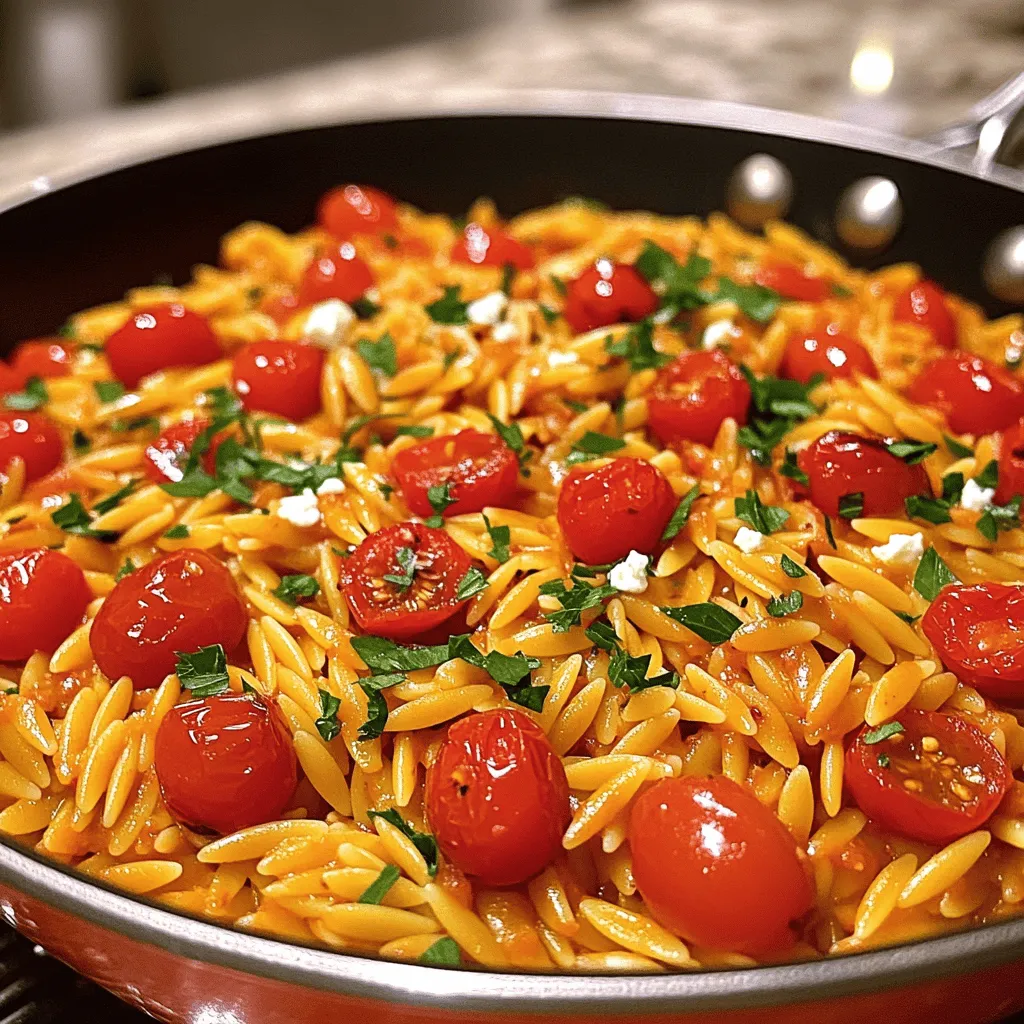 - 1 cup orzo pasta - 2 roasted red peppers, diced - 1 small onion, finely chopped - 2 cloves garlic, minced - 2 cups vegetable broth - 1 cup cherry tomatoes, halved - 1 teaspoon smoked paprika - 1 teaspoon dried basil - 2 tablespoons olive oil - Salt and pepper, to taste - Fresh parsley, chopped (for garnish) - Crumbled feta cheese (optional) Orzo pasta cooks quickly and pairs well with many flavors. It provides a nice texture. Roasted red peppers add a sweet and smoky taste. They also offer vitamins A and C. Onions and garlic boost flavor and add health benefits. They can help with heart health. Vegetable broth gives the dish depth and keeps it vegetarian. Cherry tomatoes add freshness and sweetness. Smoked paprika brings warmth and a subtle kick. Basil adds a fragrant touch, making the dish aromatic. Olive oil is rich in healthy fats, enhancing overall flavor. You can swap orzo for quinoa or rice if you prefer. Try fresh bell peppers instead of roasted ones for a crunchy texture. If you want more protein, add cooked chicken or chickpeas. For a dairy-free option, skip the feta cheese or use a plant-based alternative. If you do not have smoked paprika, regular paprika or cayenne can work. Fresh herbs like thyme or oregano can replace dried basil. These changes keep the dish fun and exciting! To start, gather all your ingredients. You will need: - 1 cup orzo pasta - 2 roasted red peppers, diced - 1 small onion, finely chopped - 2 cloves garlic, minced - 2 cups vegetable broth - 1 cup cherry tomatoes, halved - 1 teaspoon smoked paprika - 1 teaspoon dried basil - 2 tablespoons olive oil - Salt and pepper, to taste - Fresh parsley, chopped (for garnish) - Crumbled feta cheese (optional) Chop the onion and garlic before you begin cooking. This saves time and helps the dish come together smoothly. 1. Heat the olive oil in a large skillet over medium heat. 2. Add the chopped onion. Sauté for about 3-4 minutes until it turns soft and clear. 3. Next, add the minced garlic. Cook it for about 1 minute until you smell its rich aroma. 4. Stir in the diced roasted red peppers and halved cherry tomatoes. Sauté for 2-3 minutes. You want the tomatoes to soften just a bit. 5. Now, add the orzo pasta. Mix it well with the vegetables. 6. Pour in the vegetable broth. Add the smoked paprika, dried basil, salt, and pepper. Stir everything together to combine. 7. Bring the mixture to a gentle boil. Reduce the heat to low, cover the skillet, and let it simmer for 10-12 minutes. Stir occasionally. 8. Check if the orzo is tender and has absorbed most of the liquid. If it needs more time, let it cook a little longer. 9. Once cooked, taste the dish. Adjust the seasoning if needed. Remove it from the heat. 10. Garnish with fresh parsley and crumbled feta cheese if you like. Serve warm and enjoy! - Stir the orzo occasionally while it cooks. This helps it cook evenly and prevents sticking. - If you prefer a creamier texture, add a splash of extra broth or a bit of olive oil before serving. - For more flavor, let the dish sit covered for a few minutes after cooking. This lets the flavors meld together beautifully. To boost the taste of your roasted red pepper orzo, consider adding a splash of lemon juice. The tartness brightens the dish. You can also mix in some crushed red pepper flakes for heat. If you love cheese, try mixing in a blend of mozzarella and feta for creaminess. Fresh herbs like basil or cilantro add a nice touch, too. If your orzo sticks together, it may need more liquid. Make sure to stir it often while cooking. If the dish is too dry, add a little more vegetable broth. For a bland taste, adjust the salt or add more spices. Taste as you go; this helps you find the right balance. A large skillet is key for this dish. It helps cook everything evenly. A wooden spoon is great for stirring the orzo and veggies. You might also want a lid to cover the skillet while it simmers. A good quality knife makes chopping easy, and a cutting board is a must for prep. {{image_2}} This dish is easy to make vegetarian. It already uses vegetable broth and no meat. To make it vegan, simply skip the crumbled feta cheese. You can add extra veggies like spinach or zucchini for more flavor. This keeps the meal healthy and tasty. You can switch out the red peppers for any cooked peppers you like. Zucchini, mushrooms, or even asparagus work well. If you have leftover veggies, toss them in! This dish is very flexible. Each swap can change the taste. Want to change the flavor? Use different spices! Try adding some chili flakes for heat or cumin for a warm taste. Fresh herbs like thyme or oregano can also brighten the dish. Experiment with your favorite flavors to make it your own. To keep your Roasted Red Pepper Orzo Skillet fresh, store it in an airtight container. Place it in the fridge within two hours of cooking. It will last for about three to four days. Before serving again, check for any signs of spoilage. If you want to save some for later, you can freeze this dish. Allow it to cool completely. Then, pack it in a freezer-safe container or bag. This meal can stay frozen for up to three months. When ready to eat, simply thaw it in the fridge overnight. Reheat your orzo skillet on the stove for best results. Add a splash of vegetable broth or water to prevent it from drying out. Heat over medium-low heat, stirring often. You can also use a microwave, but stir it halfway through for even heating. Enjoy your meal warm, just like when it was first made. To make orzo al dente, cook it until it is firm. Start with boiling water and add salt. Add the orzo and stir. Check the pasta a minute or two before the package says. It should have a slight bite when you chew it. Drain the orzo right after cooking to stop it from cooking more. This keeps your orzo perfect for the Roasted Red Pepper Orzo Skillet. Yes, you can use fresh peppers instead of roasted. Sauté the fresh peppers until they are soft. This will take a little longer than using roasted peppers. Roasted peppers add a smoky flavor, which is nice. If you want that taste, try roasting your fresh peppers on a grill or in the oven. This will bring out their sweetness and enhance your dish. You can serve many things with Roasted Red Pepper Orzo Skillet. Here are some ideas: - Grilled chicken or shrimp for added protein. - A fresh green salad with a light vinaigrette. - Garlic bread to soak up extra sauce. - Steamed vegetables like broccoli or green beans for color and crunch. These sides will round out your meal and make it even more delicious. This guide covered the key ingredients for your dish, their benefits, and smart substitutes. You learned step-by-step how to prepare, cook, and achieve the best texture. We shared tips for flavor, common cooking issues, and required equipment. You also discovered variations for different diets and how to store your dish. In the end, have fun and get creative while cooking! Enjoy experimenting with flavors and textures. Your kitchen is a place for joy and tasty meals.