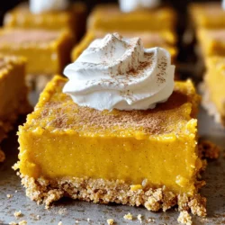 - 1 ½ cups gingersnap cookie crumbs - ½ cup unsalted butter, melted - 1 cup canned pumpkin puree - 1 cup brown sugar - ½ cup granulated sugar - 3 large eggs - 1 teaspoon vanilla extract - 1 teaspoon ground cinnamon - ½ teaspoon ground ginger - ¼ teaspoon ground nutmeg - ½ teaspoon salt - 1 cup sweetened condensed milk To make these pumpkin bars, you need simple ingredients that create big flavor. First, let’s talk about the gingersnap crust. The gingersnap cookie crumbs give a warm and spicy flavor. The melted butter helps hold the crumbs together. This creates a nice base for your bars. Now, let’s look at the pumpkin filling. The canned pumpkin puree is key. It gives the bars that rich, orange color and creamy texture. The brown sugar and granulated sugar add sweetness. I use three large eggs to bind everything together and add fluffiness. Next, we have vanilla extract, ground cinnamon, ground ginger, and ground nutmeg. These spices make the bars taste like fall. The salt balances the sweetness and enhances the flavors. Finally, the sweetened condensed milk makes the filling creamy and smooth. Gather these ingredients, and you are ready to create a delightful treat that everyone will love! First, set your oven to 350°F (175°C). This is the perfect temperature for baking pumpkin bars. Next, grab a 9x13-inch baking dish. You can either grease it with butter or line it with parchment paper. Lining helps with easy removal later. In a mixing bowl, combine 1 ½ cups of gingersnap cookie crumbs with ½ cup of melted butter. Mix well until the crumbs look coated. This step is key for a tasty crust. Now, press the mixture firmly into the bottom of your prepared baking dish. Make sure it's even so every bite is delicious. In a large bowl, whisk together 1 cup of canned pumpkin puree, 1 cup of brown sugar, ½ cup of granulated sugar, 3 large eggs, and 1 teaspoon of vanilla extract. Whisk until everything is well combined. This filling should be smooth and creamy. Now, stir in 1 teaspoon of ground cinnamon, ½ teaspoon of ground ginger, ¼ teaspoon of ground nutmeg, and ½ teaspoon of salt. This adds warmth and flavor. Next, pour in 1 cup of sweetened condensed milk. Stir until the mixture is smooth and well blended. Pour the pumpkin filling over the gingersnap crust in the baking dish. Bake it for about 30-35 minutes. Check if it’s done by inserting a toothpick. It should come out clean. Once baked, let the bars cool completely in the pan. After cooling, cut them into bars for serving. To make a great gingersnap crust, focus on the texture. Use fine crumbs from the gingersnap cookies. You want them to mix well with the melted butter. If the mix is too dry, the crust will crumble. If it’s too wet, it won’t hold together. Aim for a sandy texture that packs well. Press the crust firmly into the baking dish. This helps it stay in place when you cut the bars. To lift the pumpkin flavor, add a pinch of allspice or clove. These spices blend well with cinnamon and ginger. You can also try using fresh ginger for a bright taste. A dash of vanilla can add depth too. For extra creaminess, mix in a splash of maple syrup. This adds sweetness and a unique flavor twist. Serve these bars chilled or at room temp. Top with whipped cream for a nice touch. A sprinkle of cinnamon or nutmeg makes it look pretty too. For drinks, pair with hot cider or a spiced latte. These beverages complement the flavors and make a cozy treat. You can also serve with a scoop of vanilla ice cream for a creamy contrast. {{image_2}} If you want to cut down on sugar, try these options. You can use less brown sugar and granulated sugar. You can also swap in natural sweeteners like maple syrup or honey. These choices add flavor and moisture to the bars. Just remember to adjust the amount since they are sweeter than sugar. For a gluten-free treat, use gluten-free gingersnap cookies. Many brands offer gluten-free options that taste great. Just crush them like regular gingersnaps. This way, everyone can enjoy the bars without worry. They will still have that perfect spicy flavor. To make these bars dairy-free, substitute sweetened condensed milk. You can use coconut milk or almond milk mixed with a little sugar. For the butter, try coconut oil or a dairy-free spread. These swaps keep the creaminess while making it suitable for those who avoid dairy. To keep your pumpkin bars fresh, store them in an airtight container. This will help maintain their soft texture and rich flavor. For the best results, place a piece of parchment paper between layers of bars. This prevents sticking and tearing. You can keep them at room temperature for up to three days. If you want to store them longer, refrigeration is a good option. Just remember to let them cool completely before placing them in the fridge. Freezing pumpkin bars is easy and keeps them fresh for months. First, cut the bars into squares. Wrap each square tightly in plastic wrap. Then, place them in a freezer-safe bag or container. Label the bag with the date for easy tracking. When you're ready to enjoy them, simply remove a bar and let it thaw in the fridge overnight. You can also warm them up quickly in the microwave for a cozy treat. Yes, you can use homemade gingersnap cookies for the crust. Just make sure they are finely crushed to match the store-bought crumbs. This change adds a personal touch. The flavor will be just as delicious, if not better. These pumpkin bars stay fresh for about 4 to 5 days. Keep them in an airtight container. Store them in the fridge to maintain their taste. If you see any signs of mold, throw them away. You can make these pumpkin bars a day or two in advance. This way, the flavors will blend well. Just cool them completely before wrapping. When you are ready to serve, cut and enjoy! If you need a substitute for sweetened condensed milk, try using coconut milk and sugar. Use one cup of coconut milk mixed with 1/3 cup of sugar. This option keeps the bars rich and creamy while changing the flavor slightly. You now know how to make delicious pumpkin bars with a tasty gingersnap crust. We covered the key ingredients and simple steps to follow. You also learned tips for perfecting the recipe. From storage to variations, you have all the info needed for success. Enjoy these sweet treats, whether for yourself or to share. With your new skills, impress family and friends with your baking. These pumpkin bars are sure to be a hit!