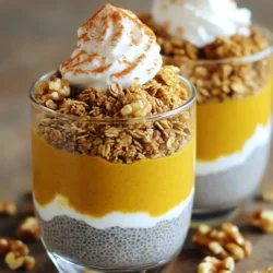 To make Pumpkin Spice Chia Pudding Parfaits, you need simple, healthy ingredients. Here’s what you'll need: - 1 cup almond milk - 1/4 cup chia seeds - 1/2 cup pumpkin puree - 2 tablespoons maple syrup - 1 teaspoon pumpkin pie spice - 1/2 teaspoon vanilla extract - Pinch of salt - 1/2 cup granola - 1/4 cup chopped nuts - Whipped coconut cream (optional) These ingredients combine to create a creamy, spiced pudding. Each item plays a key role. The almond milk gives a nice base. Chia seeds add texture and healthy fats. Pumpkin puree brings that autumn flavor. Maple syrup adds sweetness, while pumpkin pie spice wraps everything in warmth. Vanilla extract gives a hint of sweetness and depth. A pinch of salt balances the flavors. Granola and nuts provide crunch and nutrition. Whipped coconut cream is optional but adds a lovely finish. You can mix and match based on what you have. This recipe is flexible and forgiving. You’ll find it easy to adapt to your taste. - In a medium bowl, add 1 cup of almond milk. - Next, mix in 1/4 cup of chia seeds. - Then, add 1/2 cup of pumpkin puree. - Pour in 2 tablespoons of maple syrup. - Add 1 teaspoon of pumpkin pie spice. - Include 1/2 teaspoon of vanilla extract. - Finish with a pinch of salt. - Whisk everything together until well mixed. After whisking, cover the bowl. Place it in the fridge for at least 4 hours. For best results, chill overnight. This waiting time lets the chia seeds soak up the liquid. They will swell and create a thick pudding. - Grab your serving glasses or bowls. Start with a layer of chia pudding. - Next, add 1/2 cup of your favorite granola. - Sprinkle 1/4 cup of chopped nuts, like walnuts or pecans, on top. Repeat these layers until your glasses are full. Finish with one last layer of chia pudding on top. For a special touch, add a dollop of whipped coconut cream. You can also sprinkle some cinnamon or extra pumpkin pie spice on top. Enjoy the seasonal flavors right away! To make chia pudding just right, focus on consistency. You want it thick, but not too lumpy. Mix your ingredients well. Whisk the almond milk, pumpkin puree, and chia seeds until smooth. Let it sit for a bit before chilling. This helps the seeds soak up the liquid. Sweetness is also key. Start with two tablespoons of maple syrup. Taste it after mixing. If you want it sweeter, add more syrup a little at a time. Remember, you can always add, but you can't take away. Layering your parfait can be fun and creative. Start with a good base of chia pudding. This gives a solid foundation. Then, carefully add granola. This adds crunch and texture. Top it with chopped nuts for extra flavor. For a nice touch, use clear glasses. This lets the beautiful layers shine through. You can also try a drizzle of honey or a sprinkle of cinnamon for garnish. Whipped coconut cream adds a creamy finish. Feel free to mix it up with your favorite toppings! {{image_2}} You can change the milk in this recipe. Almond milk works well, but you can try oat milk, coconut milk, or regular milk too. Each milk gives a different taste. You may find you like one better than the others. For spices, you can mix it up. Use cinnamon or nutmeg for a new twist. You can even add a bit of ginger for extra warmth. These spices can change the whole flavor of your parfait. Fruits are a fun way to top your chia pudding. Add fresh berries like strawberries, blueberries, or raspberries. Sliced bananas also work great. They add sweetness and color to your parfait. Nuts are another option. Walnuts and pecans are tasty, but you can also use almonds or hazelnuts. They add a nice crunch. You can even skip the nuts if you want a lighter treat. - How Long to Store Leftovers: You can keep your chia pudding in the fridge for up to five days. The flavors will blend and deepen as it sits. If you add nuts or granola, store those separately to keep them crunchy. - Best Containers for Storage: Use airtight glass containers for storage. They help keep the pudding fresh and let you see the lovely layers. - Chia Pudding Freezing Safety: You can freeze chia pudding if you want to keep it longer. It stays good for about one month in the freezer. Just remember, the texture may change slightly after thawing. - Thawing Instructions: To thaw, move the pudding from the freezer to the fridge for several hours or overnight. Stir well before serving to get the right consistency back. Yes, you can use regular milk. Any milk works well in this recipe. Use cow's milk, oat milk, or soy milk. Just keep in mind that each type of milk gives a different flavor. If you need a substitute for maple syrup, try honey or agave nectar. You can also use brown sugar, but dissolve it in the milk first. Adjust the amount based on your taste preference. Chia pudding lasts about 5 days in the fridge. Store it in an airtight container. This keeps it fresh and tasty for later. Yes, this recipe is vegan-friendly! Use almond milk and maple syrup. Both are plant-based and fit a vegan diet. Enjoy this treat without worry! This blog post covered how to make a tasty chia pudding parfait. You learned about the simple ingredients needed and the easy steps to prepare it. I shared tips to get the best texture and ways to layer your parfait for a fun look. You can also make this dish your own with different flavors and toppings. Remember to store leftovers properly to enjoy later. Now, you have all the tools to create a delicious treat that anyone will love. Enjoy making it your way!