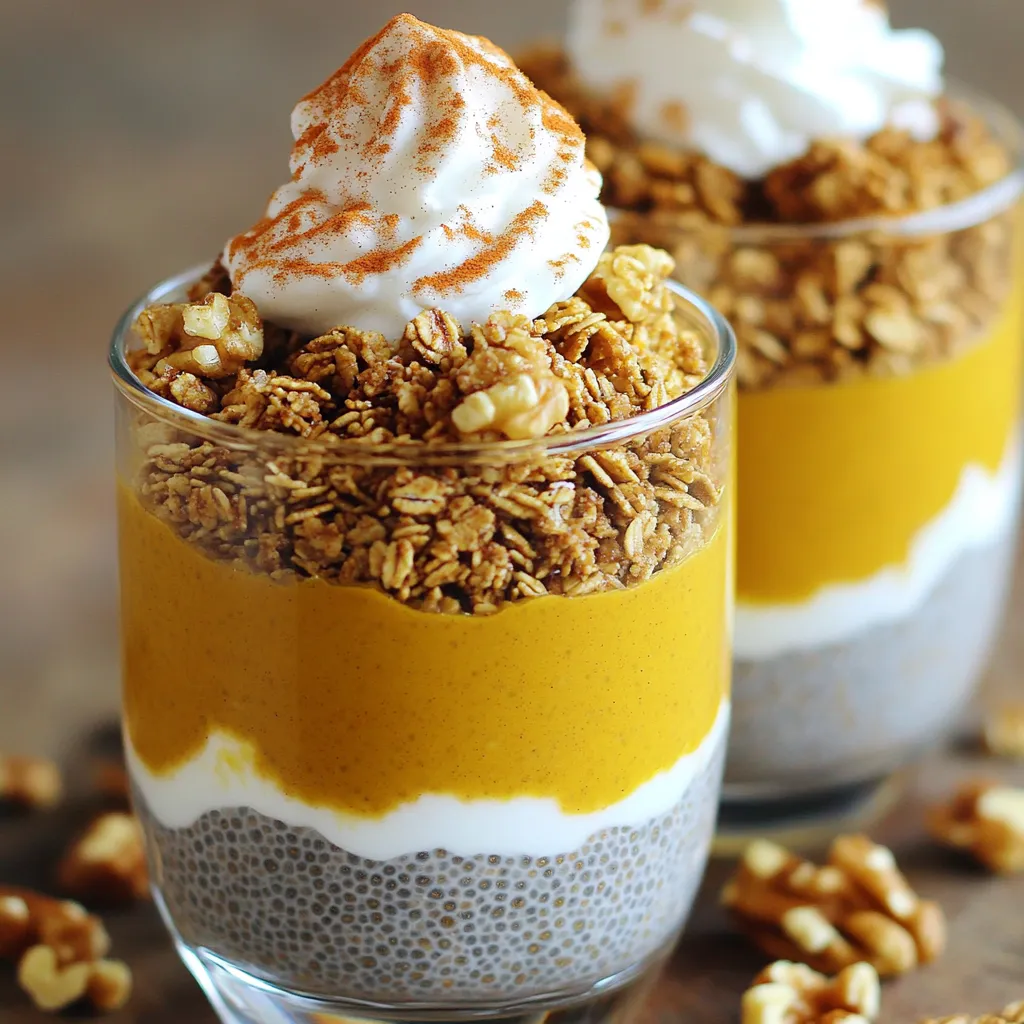 To make Pumpkin Spice Chia Pudding Parfaits, you need simple, healthy ingredients. Here’s what you'll need: - 1 cup almond milk - 1/4 cup chia seeds - 1/2 cup pumpkin puree - 2 tablespoons maple syrup - 1 teaspoon pumpkin pie spice - 1/2 teaspoon vanilla extract - Pinch of salt - 1/2 cup granola - 1/4 cup chopped nuts - Whipped coconut cream (optional) These ingredients combine to create a creamy, spiced pudding. Each item plays a key role. The almond milk gives a nice base. Chia seeds add texture and healthy fats. Pumpkin puree brings that autumn flavor. Maple syrup adds sweetness, while pumpkin pie spice wraps everything in warmth. Vanilla extract gives a hint of sweetness and depth. A pinch of salt balances the flavors. Granola and nuts provide crunch and nutrition. Whipped coconut cream is optional but adds a lovely finish. You can mix and match based on what you have. This recipe is flexible and forgiving. You’ll find it easy to adapt to your taste. - In a medium bowl, add 1 cup of almond milk. - Next, mix in 1/4 cup of chia seeds. - Then, add 1/2 cup of pumpkin puree. - Pour in 2 tablespoons of maple syrup. - Add 1 teaspoon of pumpkin pie spice. - Include 1/2 teaspoon of vanilla extract. - Finish with a pinch of salt. - Whisk everything together until well mixed. After whisking, cover the bowl. Place it in the fridge for at least 4 hours. For best results, chill overnight. This waiting time lets the chia seeds soak up the liquid. They will swell and create a thick pudding. - Grab your serving glasses or bowls. Start with a layer of chia pudding. - Next, add 1/2 cup of your favorite granola. - Sprinkle 1/4 cup of chopped nuts, like walnuts or pecans, on top. Repeat these layers until your glasses are full. Finish with one last layer of chia pudding on top. For a special touch, add a dollop of whipped coconut cream. You can also sprinkle some cinnamon or extra pumpkin pie spice on top. Enjoy the seasonal flavors right away! To make chia pudding just right, focus on consistency. You want it thick, but not too lumpy. Mix your ingredients well. Whisk the almond milk, pumpkin puree, and chia seeds until smooth. Let it sit for a bit before chilling. This helps the seeds soak up the liquid. Sweetness is also key. Start with two tablespoons of maple syrup. Taste it after mixing. If you want it sweeter, add more syrup a little at a time. Remember, you can always add, but you can't take away. Layering your parfait can be fun and creative. Start with a good base of chia pudding. This gives a solid foundation. Then, carefully add granola. This adds crunch and texture. Top it with chopped nuts for extra flavor. For a nice touch, use clear glasses. This lets the beautiful layers shine through. You can also try a drizzle of honey or a sprinkle of cinnamon for garnish. Whipped coconut cream adds a creamy finish. Feel free to mix it up with your favorite toppings! {{image_2}} You can change the milk in this recipe. Almond milk works well, but you can try oat milk, coconut milk, or regular milk too. Each milk gives a different taste. You may find you like one better than the others. For spices, you can mix it up. Use cinnamon or nutmeg for a new twist. You can even add a bit of ginger for extra warmth. These spices can change the whole flavor of your parfait. Fruits are a fun way to top your chia pudding. Add fresh berries like strawberries, blueberries, or raspberries. Sliced bananas also work great. They add sweetness and color to your parfait. Nuts are another option. Walnuts and pecans are tasty, but you can also use almonds or hazelnuts. They add a nice crunch. You can even skip the nuts if you want a lighter treat. - How Long to Store Leftovers: You can keep your chia pudding in the fridge for up to five days. The flavors will blend and deepen as it sits. If you add nuts or granola, store those separately to keep them crunchy. - Best Containers for Storage: Use airtight glass containers for storage. They help keep the pudding fresh and let you see the lovely layers. - Chia Pudding Freezing Safety: You can freeze chia pudding if you want to keep it longer. It stays good for about one month in the freezer. Just remember, the texture may change slightly after thawing. - Thawing Instructions: To thaw, move the pudding from the freezer to the fridge for several hours or overnight. Stir well before serving to get the right consistency back. Yes, you can use regular milk. Any milk works well in this recipe. Use cow's milk, oat milk, or soy milk. Just keep in mind that each type of milk gives a different flavor. If you need a substitute for maple syrup, try honey or agave nectar. You can also use brown sugar, but dissolve it in the milk first. Adjust the amount based on your taste preference. Chia pudding lasts about 5 days in the fridge. Store it in an airtight container. This keeps it fresh and tasty for later. Yes, this recipe is vegan-friendly! Use almond milk and maple syrup. Both are plant-based and fit a vegan diet. Enjoy this treat without worry! This blog post covered how to make a tasty chia pudding parfait. You learned about the simple ingredients needed and the easy steps to prepare it. I shared tips to get the best texture and ways to layer your parfait for a fun look. You can also make this dish your own with different flavors and toppings. Remember to store leftovers properly to enjoy later. Now, you have all the tools to create a delicious treat that anyone will love. Enjoy making it your way!