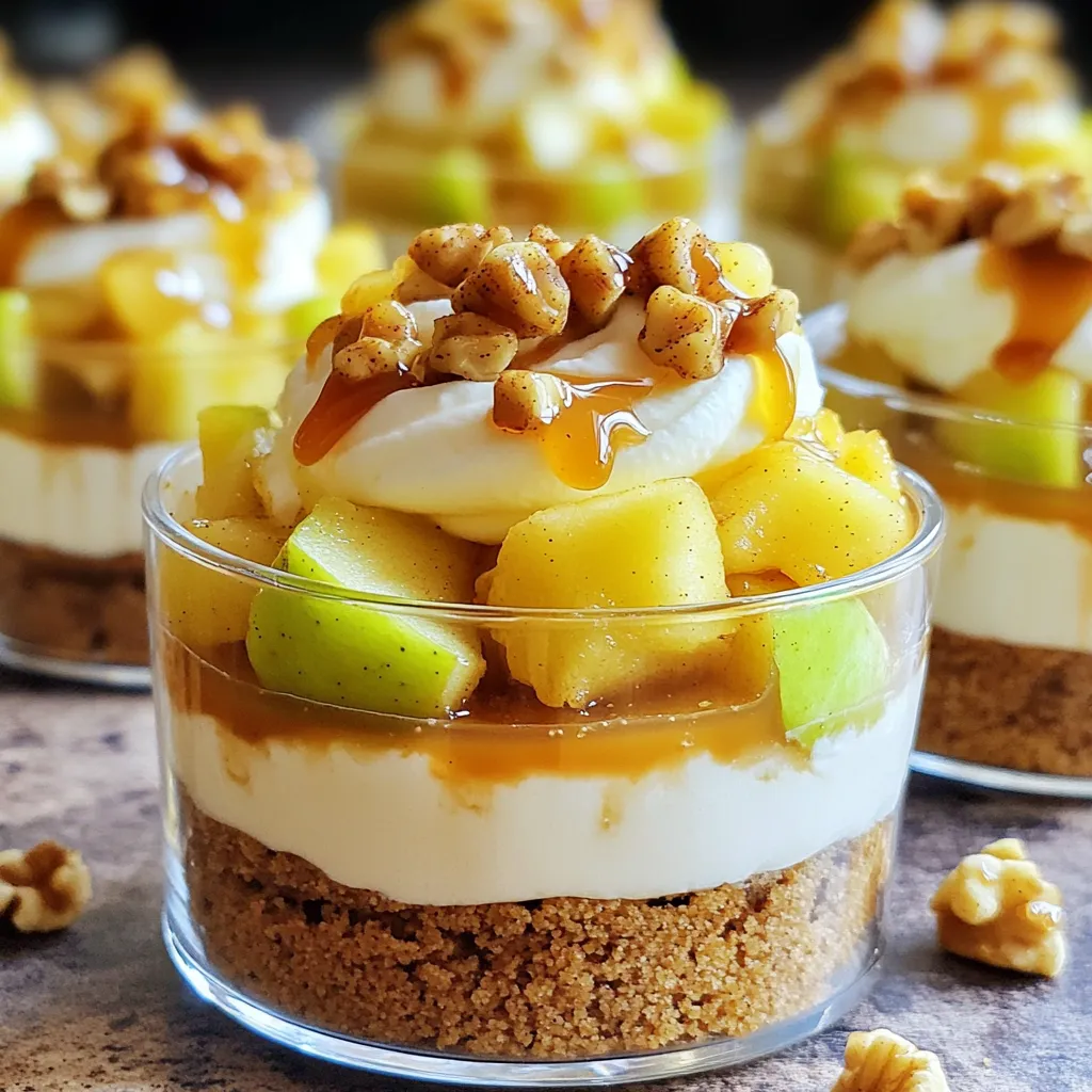 For this delicious no-bake caramel apple cheesecake cups, you need the following: - 8 oz cream cheese, softened - 1/2 cup granulated sugar - 1/2 cup whipped cream - 1 teaspoon vanilla extract - 2 medium apples, peeled, cored, and diced - 1/2 cup caramel sauce (plus extra for drizzling) - 1 cup crushed graham crackers - 1/4 cup unsalted butter, melted - 1 teaspoon ground cinnamon To boost the taste, try adding these optional ingredients: - 1/4 cup chopped walnuts or pecans - A pinch of sea salt Each serving of this dessert offers a delightful mix of flavors. Here is the nutritional breakdown: - Calories: 280 - Total Fat: 18g - Saturated Fat: 10g - Carbohydrates: 30g - Sugar: 18g - Protein: 3g This information helps you enjoy the treat mindfully while savoring each bite of the cheesecake cups. First, grab a large bowl. Beat 8 oz of softened cream cheese and 1/2 cup of granulated sugar together. Use a mixer for a smooth and creamy mix. Next, add 1 teaspoon of vanilla extract for flavor. Gently fold in 1/2 cup of whipped cream until it blends well. This step makes your cheesecake light and fluffy. Now, let’s build our dessert. Start with the base. In another bowl, mix 1 cup of crushed graham crackers with 1/4 cup of melted unsalted butter. It should look like wet sand. Spoon this mixture into the bottom of each cup. Next, add a layer of the cream cheese mix on top. Then, take 2 medium apples, peeled, cored, and diced. In a separate bowl, combine the apples with 1 teaspoon of ground cinnamon and 1/4 cup of caramel sauce. Mix well. Spoon this apple mix over the cream cheese layer. Repeat these layers until the cups are full. Always finish with the cream cheese mix on top. Drizzle extra caramel sauce over the cups and add chopped walnuts or pecans if you like. Cover the cups with plastic wrap. Place them in the fridge for at least 2 hours. This chilling time helps the flavors blend together. The cheesecake will firm up, making each bite delightful. Enjoy your no-bake caramel apple cheesecake cups after they chill! To get a creamy cheesecake, use softened cream cheese. It blends well with sugar. Beat them together until smooth. This step is key for a fluffy texture. Fold in the whipped cream gently. This keeps your mixture light. Avoid over-mixing; you want it airy and not dense. Start with fresh apples. Peel, core, and dice them into small pieces. In a bowl, mix the apples with cinnamon and caramel sauce. Stir until every piece is coated. This ensures a sweet bite in every spoonful. Use a good-quality caramel for the best taste. Serve these cups in clear glass dishes. This shows off the layers and colors. Drizzle extra caramel on top for a pretty finish. Add a sprinkle of chopped walnuts or pecans for crunch. You can also top with a dollop of whipped cream. It makes the dessert feel special and festive. {{image_2}} You can change up the fruit in this recipe. Try using pears instead of apples. Pears add a juicy sweetness that pairs well with caramel. You could also use peaches or berries for a fresh twist. Each fruit brings its own flavor. Feel free to experiment and find your favorite! The toppings can transform your cheesecake cups. Use whipped cream for a light touch. Drizzle more caramel sauce on top for extra sweetness. You can also add a sprinkle of cinnamon or nutmeg for warmth. Chopped nuts, like walnuts or pecans, give a nice crunch. Get creative with your garnishes! If you need a gluten-free option, use crushed gluten-free cookies. Almond flour or oat flour can also work well for the crust. Just mix them with melted butter, like in the original recipe. This way, you keep the great taste without gluten. Enjoy your dessert worry-free! After you make your no-bake caramel apple cheesecake cups, store them properly. Use airtight containers to keep each cup fresh. I find that this method helps prevent drying out. If you have leftovers, cover them tightly with plastic wrap. This keeps the flavors intact and tasty for later. You can keep your cheesecake cups in the fridge for about 3 to 4 days. If you want to enjoy them later, check for any signs of spoilage first. Look for changes in texture or smell. If all seems fine, dig in and enjoy! Want to save some for later? You can freeze these cheesecake cups! Just make sure to wrap them well. Use plastic wrap and then foil to avoid freezer burn. They can last up to 2 months in the freezer. When you're ready to eat them, move the cups to the fridge overnight to thaw. Enjoy the sweet taste of fall whenever you want! Yes, you can use store-bought caramel sauce. It saves time and still tastes great. Just pour it over your dessert cups. I often grab a jar for quick desserts. It gives me more time to focus on other parts of the recipe. To make this recipe healthier, consider using low-fat cream cheese. You can also swap granulated sugar for a natural sweetener like honey or maple syrup. Using less caramel sauce also cuts sugar. Adding more diced apples boosts fiber and nutrients too. Yes, you can use dairy-free cream cheese. Many brands offer this now. You can also try blended silken tofu for a smooth texture. Both options work well, keeping the creamy feel. Just ensure they are well-mixed with the sugar for a great taste. This blog post covered how to make tasty no-bake cheesecake cups. We talked about the must-have ingredients, optional additions, and their nutrition info. I shared easy steps for preparation and chilling, plus tips to perfect the texture and presentation. In conclusion, these cheesecake cups are versatile and fun. Try different fruits and toppings to make them your own. Enjoy them fresh or store leftovers for later. With these tips, you can create delicious desserts that impress!