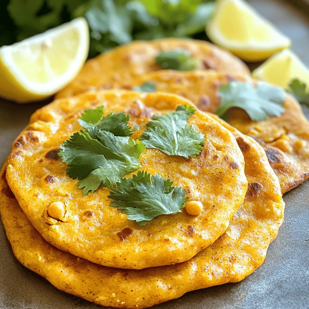 - 1 cup cooked chickpeas (or 1 can, drained and rinsed) - 2 tablespoons harissa paste (adjust for spiciness) - 1 tablespoon olive oil - 1 teaspoon garlic powder - 1 teaspoon ground cumin - ½ teaspoon salt - 1 teaspoon baking powder - 1 cup all-purpose flour (plus more for dusting) - Fresh cilantro - Lemon wedges Gather these ingredients to make tasty harissa chickpea flatbreads. Chickpeas provide a lovely base. They add protein and fiber. Harissa paste brings heat and flavor. Use more or less based on your heat level preference. Olive oil gives richness to the dough. For the dry ingredients, garlic powder adds depth. Ground cumin adds warmth with its earthy notes. Baking powder helps the dough rise, creating a light texture. Flour is the backbone of the flatbreads. You may want extra for dusting. You can garnish with fresh cilantro for a burst of color and flavor. Lemon wedges are perfect for squeezing on top. They add a refreshing zing that pairs well with the spices. Enjoy these flatbreads with your favorite dips or on their own! First, you need to mash the cooked chickpeas. Use a fork or potato masher. Aim for a mostly smooth mix but keep some texture. This gives the flatbreads character. Next, stir in the harissa paste. You can adjust the amount based on your spice preference. Then, add olive oil, garlic powder, cumin, and salt. Mix everything well until it looks uniform. Now, it’s time to make the dough. Add baking powder to the chickpea mix. Then, gradually add all-purpose flour. After that, pour in the water slowly. You want a soft but slightly sticky dough. If it feels too sticky, sprinkle in a bit more flour. Transfer the dough to a floured surface and knead gently for about two minutes. This helps develop the dough’s elasticity. Heat a non-stick skillet over medium heat. You will cook each flatbread for about two to three minutes on one side. Look for bubbles forming on the surface. Then, flip the flatbread and cook for another two to three minutes until golden brown. Remove them from the skillet and cover them with a clean kitchen towel to keep warm. Serve these warm, garnished with fresh cilantro and lemon wedges for a bright finish. - Tips for Kneading Dough: When kneading, work the dough for about two minutes. Press and fold the dough gently. This helps develop gluten. If you feel it is too sticky, dust your hands and the surface with flour. - Adjusting Stickiness: If the dough sticks too much, sprinkle in more flour slowly. Aim for a soft but not sticky dough. This will make rolling easier. - Recommended Skillet Types: Use a non-stick skillet or griddle for best results. It prevents the flatbreads from sticking. If you do not have non-stick, a regular skillet works too. Just be careful to oil it well to avoid sticking. - Using Non-Stick vs Regular Cookware: Non-stick pans need less oil and heat up well. Regular pans can work but may need more attention to prevent burning. Just keep an eye on your flatbreads as they cook. - Adjusting Harissa Spice Level: Harissa comes in many heat levels. Start with two tablespoons, then taste. If you want more heat, add more harissa paste gradually. - Adding Herbs and Spices: You can mix in fresh herbs like cilantro or parsley. Consider adding spices like smoked paprika or fresh garlic for extra depth. These tweaks can really elevate your flatbreads. {{image_2}} Adding fresh herbs to your flatbreads makes them pop with flavor. You can mix in herbs like parsley, dill, or basil. Just chop them finely and blend them into the dough. This small change can boost taste and add color. Using different flours can also change the flatbreads. Try whole wheat or chickpea flour for a different texture and taste. Each flour brings its own unique flavor. Experimenting can lead to delightful surprises in your kitchen. You can use different types of paste for a new twist. Try green harissa or spicy chili paste. Each paste has its own flavor profile, which can change the whole dish. Don't hesitate to experiment with these ingredients. Get creative with your seasonings too. Add smoked paprika for depth or cumin for warmth. The right spices can transform simple flatbreads into a gourmet treat. Adjust the spices based on what you enjoy. Pair your flatbreads with dips and spreads for a tasty meal. Hummus or tzatziki are great choices. They add creaminess and flavor, making each bite delightful. You can serve them warm or at room temperature. You can also use these flatbreads in wraps and sandwiches. Fill them with grilled veggies, meats, or fresh salads. This makes for a fun, fresh meal. The flatbreads add a unique touch to any sandwich creation. To keep your Harissa Chickpea Flatbreads fresh, store them properly. First, let the flatbreads cool completely. Then, layer them between sheets of parchment paper. Place them in an airtight container. This method helps prevent sticking and keeps them moist. You can store them in the fridge for up to 3 days. If you want to save them for longer, freezing is a great option. Wrap each flatbread tightly in plastic wrap. Then, place them in a freezer-safe bag. You can freeze them for up to 2 months. Be sure to label the bag with the date. When it's time to enjoy your flatbreads again, you have two main options: the microwave or the oven. Using the microwave is quick. Simply place a flatbread on a microwave-safe plate, cover it with a damp paper towel, and heat for 20-30 seconds. For a crispier texture, use the oven. Preheat your oven to 350°F (175°C). Place the flatbreads on a baking sheet and heat for about 10 minutes. This method helps keep the outside nice and crispy while warming the inside. To keep flatbreads warm, wrap them in a clean kitchen towel after cooking. This helps trap heat and moisture. Freshly made Harissa Chickpea Flatbreads taste best when enjoyed right away. If stored in the fridge, they should stay good for about 3 days. When frozen, you can keep them for up to 2 months. Watch for signs of spoilage. If you notice an off smell, mold, or a change in texture, it’s best to discard them. Fresh flatbreads should feel soft and slightly pliable. Enjoying them at their best makes all the difference! Yes, you can use dried chickpeas. Start by soaking them overnight. This softens them, making them easier to cook. After soaking, drain the chickpeas and boil them in fresh water for about 1 to 1.5 hours. Check if they are tender. Once cooked, you can mash them just like canned chickpeas. This gives a great flavor and texture to your flatbreads. Harissa paste can be spicy, but you can adjust it. Start with a smaller amount if you prefer less heat. You can always add more later. Mix the harissa with the chickpeas and taste before you add more. This way, you find the right spice level for your flatbreads. Yes, you can make this recipe gluten-free. Just swap the all-purpose flour for a gluten-free flour blend. Many blends work well for flatbreads. You might need to adjust the amount of water. Start with less and add more until the dough feels right. This way, you enjoy delicious flatbreads without gluten. This blog post covered how to make delicious flatbreads with chickpeas and harissa. We explored key ingredients, from chickpeas to spices, and learned the steps to prepare and cook them. You now have tips for achieving the right texture and flavor. Remember, you can customize your flatbreads with herbs and spices for extra taste. Lastly, storing and reheating tips help keep your flatbreads fresh. Enjoy your cooking adventure and the tasty results!