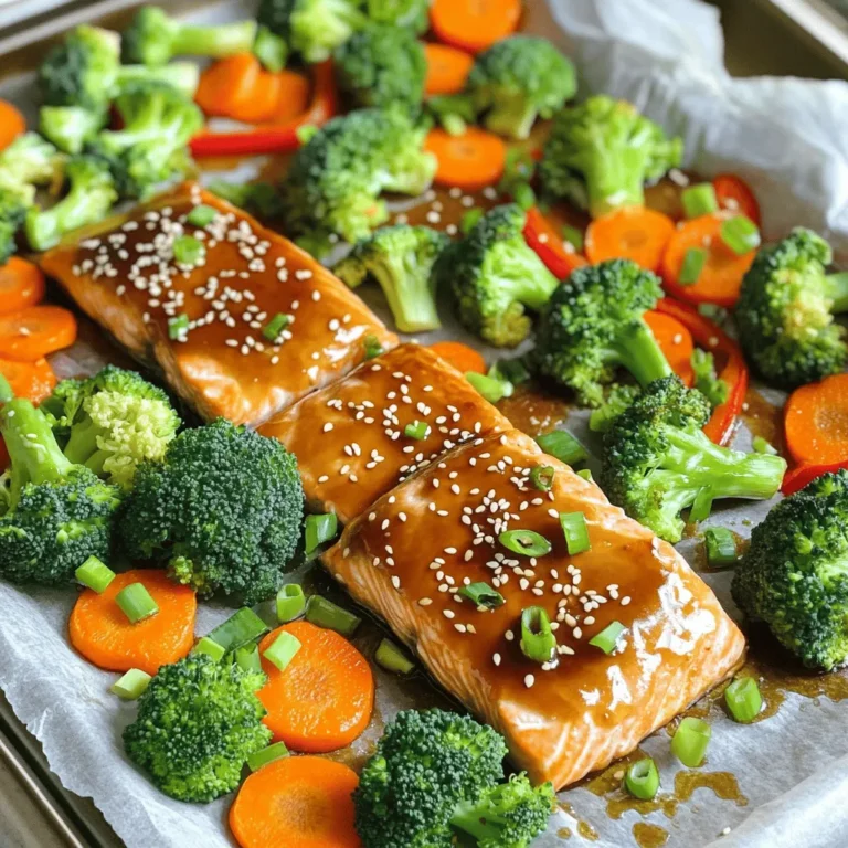 - 4 salmon fillets - 2 cups broccoli florets - 1 cup baby carrots, sliced - 1 red bell pepper, sliced - 1/4 cup teriyaki sauce - 2 tablespoons sesame oil - 2 tablespoons honey - 2 cloves garlic, minced - 1 teaspoon grated ginger - Salt and pepper to taste - Sesame seeds for garnish - Green onions, chopped for garnish This dish shines with fresh, vibrant ingredients. I love using salmon for its rich flavor and health benefits. The broccoli, carrots, and red bell pepper add color and crunch. The marinade is where the magic happens. Teriyaki sauce gives a sweet and savory taste. The sesame oil adds a nice nutty flavor. Honey balances the saltiness of the sauce. Garlic and ginger bring warmth and depth to the dish. For garnishes, sesame seeds add a pleasant crunch, while green onions offer a fresh kick. These small touches make the meal look and taste great. Remember to use fresh ingredients for the best results. The quality of your salmon and vegetables makes a big difference. When you gather these ingredients, you’re just a few steps away from a delicious meal. - Preheat your oven to 400°F (200°C). Line a baking sheet with parchment paper. - In a small bowl, mix together the teriyaki sauce, sesame oil, honey, minced garlic, and grated ginger. This is your marinade. - Place the salmon fillets on one side of the baking sheet. Season them with salt and pepper. Pour half of the marinade over the salmon. - In a large bowl, add the broccoli, sliced carrots, and red bell pepper. Drizzle with the reserved marinade. Toss the vegetables well to coat them evenly. - Spread the seasoned vegetables on the other side of the baking sheet. Make sure to space them out for even roasting. - Bake the salmon and veggies in the oven for 15-20 minutes. The salmon should flake easily, and the vegetables should be tender yet crisp. - Once done, drizzle any extra sauce over the salmon and veggies before serving. - Garnish with sesame seeds and chopped green onions for a nice touch. - To know when salmon is ready, check for flakiness. - Use a fork to gently pull apart the fish. It should come apart easily. - For veggies, roast until they are tender but still crisp. - Make sure to space out the vegetables on the pan. This helps them roast well. - Marinate the salmon for at least 15 minutes. This boosts flavor. - You can marinate it up to an hour for even more taste. - Try alternative sauces like soy sauce or hoisin for different flavors. - Serve salmon and veggies on individual plates for a nice look. - Sprinkle sesame seeds and chopped green onions on top for color. - Pair the dish with steamed jasmine rice for a full meal. - Use a colorful plate to make the dish pop even more. {{image_2}} You can swap salmon for chicken or tofu. Chicken breast works great and cooks similarly. Tofu gives a nice vegetarian option. Just make sure to press it to remove excess water. For veggies, feel free to use what you love. Snap peas, zucchini, or bell peppers all add flavor. Customize this dish to fit your taste! Want a kick? Add red pepper flakes to the marinade for heat. You can also mix in some chili sauce for a nice twist. For a sweeter taste, blend in a bit of pineapple juice with the teriyaki sauce. This adds a fun fruity flavor that pairs well with the salmon and veggies. To make this dish gluten-free, choose a gluten-free teriyaki sauce. Many brands offer this option now. For low-calorie choices, use less oil and honey in the marinade. You can also cut back on the salmon size or use more veggies to fill your plate without adding too many calories. Adjusting these ingredients keeps your meal healthy and tasty! To keep your leftovers fresh, store them in the fridge right away. Place the salmon and veggies in a container. Use a tight-fitting lid to keep air out. This helps maintain flavor and texture. You can safely refrigerate them for up to three days. For best results, use glass or BPA-free plastic containers. These materials do not hold on to odors or stains. They also heat well in the microwave. When it's time to eat leftovers, be gentle while reheating. The best way is to use the oven. Preheat it to 350°F (175°C). Place the salmon and veggies on a baking sheet. Warm them for about 10 minutes. This keeps the salmon flaky and the veggies crisp. If you’re in a hurry, you can use the microwave. Heat on medium power for one to two minutes. Check and stir halfway through. Avoid overcooking to keep the taste just right. If you want to save some for later, freezing is a great option. First, let the salmon and veggies cool completely. Then, wrap them tightly in plastic wrap. Place them in a freezer-safe bag or container. This prevents freezer burn and keeps them fresh. To thaw, move the meal to the fridge overnight. If you’re short on time, use the microwave. Just make sure to reheat it right after thawing for best flavor. Cooking from frozen is also possible. Just add an extra 5-10 minutes to the baking time at 400°F (200°C). Cooking sheet pan teriyaki salmon takes about 15-20 minutes. Salmon cooks quickly. It will flake easily when done. Vegetables should stay tender yet crisp. Keep an eye on your oven during this time. You want everything to be just right. Yes, you can use frozen salmon. Thaw it in the fridge overnight. If you're short on time, use the microwave on low power. Make sure to pat it dry before cooking. This helps the marinade stick better. Frozen salmon may need a few extra minutes to cook. Always check if it flakes easily with a fork. You can serve this dish with steamed jasmine rice. The rice soaks up the sauce well. It also adds a nice touch to the meal. Other good sides include quinoa or a fresh salad. You can also add some fruit for a sweet contrast. Enjoy your meal! This blog outlines a tasty sheet pan teriyaki salmon recipe. You learned about the main ingredients, marinade, and cooking steps. I shared tips to enhance flavor and presentation. You can even customize the dish with different proteins or veggies. For best results, follow the storage and reheating guidelines. Enjoy your delicious salmon meal with friends and family! Cooking this recipe will surely impress everyone at the table.