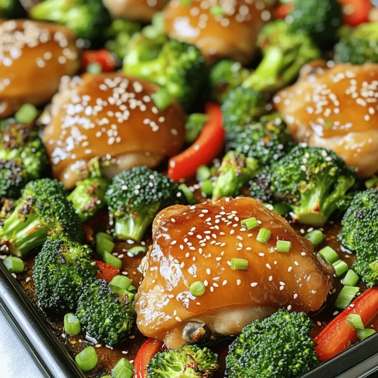 - 4 boneless, skinless chicken thighs - 2 cups broccoli florets - 1 red bell pepper, sliced - 1/4 cup honey - 3 tablespoons soy sauce - 3 cloves garlic, minced - 1 tablespoon sesame oil - 1 tablespoon cornstarch - 2 teaspoons fresh ginger, grated - Salt and pepper to taste - 1 tablespoon sesame seeds - Chopped green onions Gathering good ingredients is key to making this dish shine. First, I choose four boneless, skinless chicken thighs. These thighs stay juicy and tender when cooked. Next, I add two cups of broccoli florets. They provide a nice crunch and vibrant color. A sliced red bell pepper brings sweetness and contrast. For the marinade, I start with 1/4 cup of honey. It adds a delightful sweetness. Then, I mix in three tablespoons of soy sauce for saltiness. Three cloves of minced garlic give that warm, aromatic flavor. A tablespoon of sesame oil joins the mix for a nutty touch. I add one tablespoon of cornstarch to help thicken the sauce. This adds a nice glaze to the chicken and veggies. Two teaspoons of fresh ginger add zing to the flavor. Finally, I season with salt and pepper to balance everything out. For garnishing, I sprinkle one tablespoon of sesame seeds on top before serving. Chopped green onions add freshness and color. This mix of ingredients turns a simple sheet pan meal into something special. - Preheat oven to 400°F (200°C). - Prepare the sheet pan with parchment paper. First, I always start by preheating the oven. This ensures even cooking. I set it to 400°F (200°C). Next, I line my sheet pan with parchment paper. This makes cleanup easy and helps the food not to stick. - Combine marinade ingredients. - Marinate chicken for at least 15 minutes. For the marinade, I mix honey, soy sauce, minced garlic, sesame oil, cornstarch, and grated ginger in a bowl. I whisk them well until blended. Then, I place the chicken thighs in a shallow dish or zip-top bag. I pour half of the marinade over the chicken. I save the rest for later. The chicken needs at least 15 minutes to soak up the flavors. - Arrange the vegetables on the sheet pan. - Bake chicken and vegetables together for 25-30 minutes. While the chicken marinates, I prepare the veggies. I arrange the broccoli florets and sliced red bell pepper on the sheet pan. I drizzle them with olive oil and sprinkle with salt and pepper. I toss to coat them well. After marinating, I place the chicken on the sheet pan with the veggies. I brush the remaining marinade over both. I bake everything in the preheated oven for 25-30 minutes. The chicken should reach 165°F (74°C), and the broccoli should be tender. After baking, I take the pan out and sprinkle sesame seeds and chopped green onions on top. This adds a nice touch! To balance sweetness and savoriness, use the right amount of honey and soy sauce. Honey gives a nice sweet touch. Soy sauce adds umami flavor. Together, they create a rich taste. Marinating the chicken is key. Let it sit for at least 15 minutes. This helps the flavors soak in deeply. For best results, marinate for up to 2 hours. You can cook this dish in other ways. Try grilling the chicken for a smoky flavor. You could also use a slow cooker for tender meat. Adjust oven temperatures as needed. If you like a crispy finish, increase to 425°F (220°C). Just watch the chicken closely to avoid burning. For a crispy texture, broil the chicken for a few minutes at the end. This adds a nice crunch. Make sure to seal the chicken properly during cooking. This keeps the juices in and helps it stay moist. Use a tight-fitting lid or foil if needed. Enjoy the crunch! {{image_2}} You can change the vegetables in this dish to match your taste. Here are some great options: - Cauliflower florets for a low-carb twist. - Snap peas add crunch and color. - Carrots bring a sweet note and bright color. If you want to switch from chicken, consider these proteins: - Tofu for a plant-based option. - Shrimp cooks quickly and pairs well with honey garlic. - Pork tenderloin works well with the marinade. To give your dish a kick, add red pepper flakes. Just a pinch can add warmth without overpowering the honey. You can also try different honey types. Here are some suggestions: - Wildflower honey offers a floral taste. - Clover honey is milder and sweeter. - Manuka honey adds a unique flavor and health benefits. Pair your honey garlic chicken and broccoli with these side dishes: - Steamed jasmine rice for a classic combo. - Quinoa adds protein and a nutty flavor. - Couscous is quick and fluffy. Drizzle some pan juices over your sides for extra flavor. Enjoy your meal! Store any leftovers in the fridge right away. Keep them in an airtight container. Glass or plastic containers work well. Make sure to cool the dish before sealing. This helps keep the chicken and broccoli fresh. You can enjoy the leftovers within three days for the best taste. For longer shelf life, freeze your leftovers. Place the chicken and broccoli in a freezer-safe bag. Remove as much air as you can before sealing. You can freeze them for up to three months. When you want to eat it, thaw the meal overnight in the fridge. This keeps the chicken juicy and the broccoli tender. You have two great options for reheating. - Microwave: Place the leftovers in a microwave-safe dish. Cover it with a lid or microwave-safe wrap. Heat on high for two to three minutes, stirring halfway. This method is quick and easy. - Oven: Preheat your oven to 350°F (175°C). Place the chicken and broccoli on a baking sheet. Cover it with foil to keep it moist. Bake for about 15-20 minutes, or until warm. This method helps the food stay crispy and delicious. It takes about 25-30 minutes to bake chicken thighs in the oven. The cooking time can vary based on the oven and the size of the chicken pieces. Always check for doneness with a meat thermometer. The chicken should reach 165°F (74°C) to be safe to eat. Yes, but it’s best to thaw the chicken first. Frozen chicken can cook unevenly and not absorb the marinade well. If you must use frozen chicken, add extra baking time. Always check the internal temperature to ensure it’s cooked through. You can use tamari or coconut aminos as a soy sauce substitute. Both options are gluten-free and provide a similar flavor. If you want a lighter option, use low-sodium soy sauce. Adjust the quantity based on your taste preference. Yes, this recipe is great for meal prep! You can store leftovers in airtight containers. They will last about 3-4 days in the fridge. Reheat in the microwave or oven for a quick and tasty meal. Use a meat thermometer to check the chicken's internal temperature. It should read 165°F (74°C). The juices should run clear, and the meat should no longer be pink. This ensures it is safe and delicious to eat. This recipe combines tasty chicken, veggies, and a sweet-savory marinade. You learned how to prepare, bake, and store this healthy dish. Remember, marinating is key for great flavor. Feel free to swap ingredients or try new spices to make it your own. Cooking can be fun and easy. Share this recipe and enjoy every bite. Cooking and sharing meals creates joy and connection!