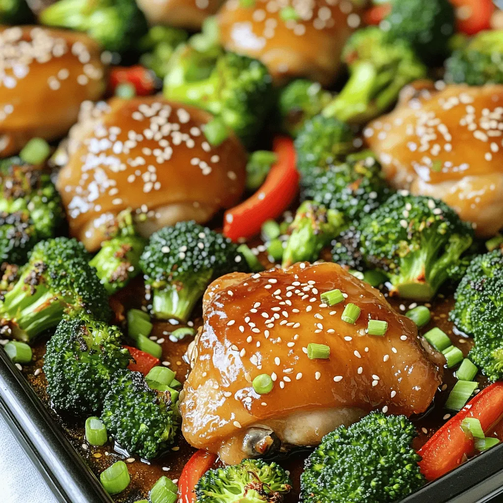 - 4 boneless, skinless chicken thighs - 2 cups broccoli florets - 1 red bell pepper, sliced - 1/4 cup honey - 3 tablespoons soy sauce - 3 cloves garlic, minced - 1 tablespoon sesame oil - 1 tablespoon cornstarch - 2 teaspoons fresh ginger, grated - Salt and pepper to taste - 1 tablespoon sesame seeds - Chopped green onions Gathering good ingredients is key to making this dish shine. First, I choose four boneless, skinless chicken thighs. These thighs stay juicy and tender when cooked. Next, I add two cups of broccoli florets. They provide a nice crunch and vibrant color. A sliced red bell pepper brings sweetness and contrast. For the marinade, I start with 1/4 cup of honey. It adds a delightful sweetness. Then, I mix in three tablespoons of soy sauce for saltiness. Three cloves of minced garlic give that warm, aromatic flavor. A tablespoon of sesame oil joins the mix for a nutty touch. I add one tablespoon of cornstarch to help thicken the sauce. This adds a nice glaze to the chicken and veggies. Two teaspoons of fresh ginger add zing to the flavor. Finally, I season with salt and pepper to balance everything out. For garnishing, I sprinkle one tablespoon of sesame seeds on top before serving. Chopped green onions add freshness and color. This mix of ingredients turns a simple sheet pan meal into something special. - Preheat oven to 400°F (200°C). - Prepare the sheet pan with parchment paper. First, I always start by preheating the oven. This ensures even cooking. I set it to 400°F (200°C). Next, I line my sheet pan with parchment paper. This makes cleanup easy and helps the food not to stick. - Combine marinade ingredients. - Marinate chicken for at least 15 minutes. For the marinade, I mix honey, soy sauce, minced garlic, sesame oil, cornstarch, and grated ginger in a bowl. I whisk them well until blended. Then, I place the chicken thighs in a shallow dish or zip-top bag. I pour half of the marinade over the chicken. I save the rest for later. The chicken needs at least 15 minutes to soak up the flavors. - Arrange the vegetables on the sheet pan. - Bake chicken and vegetables together for 25-30 minutes. While the chicken marinates, I prepare the veggies. I arrange the broccoli florets and sliced red bell pepper on the sheet pan. I drizzle them with olive oil and sprinkle with salt and pepper. I toss to coat them well. After marinating, I place the chicken on the sheet pan with the veggies. I brush the remaining marinade over both. I bake everything in the preheated oven for 25-30 minutes. The chicken should reach 165°F (74°C), and the broccoli should be tender. After baking, I take the pan out and sprinkle sesame seeds and chopped green onions on top. This adds a nice touch! To balance sweetness and savoriness, use the right amount of honey and soy sauce. Honey gives a nice sweet touch. Soy sauce adds umami flavor. Together, they create a rich taste. Marinating the chicken is key. Let it sit for at least 15 minutes. This helps the flavors soak in deeply. For best results, marinate for up to 2 hours. You can cook this dish in other ways. Try grilling the chicken for a smoky flavor. You could also use a slow cooker for tender meat. Adjust oven temperatures as needed. If you like a crispy finish, increase to 425°F (220°C). Just watch the chicken closely to avoid burning. For a crispy texture, broil the chicken for a few minutes at the end. This adds a nice crunch. Make sure to seal the chicken properly during cooking. This keeps the juices in and helps it stay moist. Use a tight-fitting lid or foil if needed. Enjoy the crunch! {{image_2}} You can change the vegetables in this dish to match your taste. Here are some great options: - Cauliflower florets for a low-carb twist. - Snap peas add crunch and color. - Carrots bring a sweet note and bright color. If you want to switch from chicken, consider these proteins: - Tofu for a plant-based option. - Shrimp cooks quickly and pairs well with honey garlic. - Pork tenderloin works well with the marinade. To give your dish a kick, add red pepper flakes. Just a pinch can add warmth without overpowering the honey. You can also try different honey types. Here are some suggestions: - Wildflower honey offers a floral taste. - Clover honey is milder and sweeter. - Manuka honey adds a unique flavor and health benefits. Pair your honey garlic chicken and broccoli with these side dishes: - Steamed jasmine rice for a classic combo. - Quinoa adds protein and a nutty flavor. - Couscous is quick and fluffy. Drizzle some pan juices over your sides for extra flavor. Enjoy your meal! Store any leftovers in the fridge right away. Keep them in an airtight container. Glass or plastic containers work well. Make sure to cool the dish before sealing. This helps keep the chicken and broccoli fresh. You can enjoy the leftovers within three days for the best taste. For longer shelf life, freeze your leftovers. Place the chicken and broccoli in a freezer-safe bag. Remove as much air as you can before sealing. You can freeze them for up to three months. When you want to eat it, thaw the meal overnight in the fridge. This keeps the chicken juicy and the broccoli tender. You have two great options for reheating. - Microwave: Place the leftovers in a microwave-safe dish. Cover it with a lid or microwave-safe wrap. Heat on high for two to three minutes, stirring halfway. This method is quick and easy. - Oven: Preheat your oven to 350°F (175°C). Place the chicken and broccoli on a baking sheet. Cover it with foil to keep it moist. Bake for about 15-20 minutes, or until warm. This method helps the food stay crispy and delicious. It takes about 25-30 minutes to bake chicken thighs in the oven. The cooking time can vary based on the oven and the size of the chicken pieces. Always check for doneness with a meat thermometer. The chicken should reach 165°F (74°C) to be safe to eat. Yes, but it’s best to thaw the chicken first. Frozen chicken can cook unevenly and not absorb the marinade well. If you must use frozen chicken, add extra baking time. Always check the internal temperature to ensure it’s cooked through. You can use tamari or coconut aminos as a soy sauce substitute. Both options are gluten-free and provide a similar flavor. If you want a lighter option, use low-sodium soy sauce. Adjust the quantity based on your taste preference. Yes, this recipe is great for meal prep! You can store leftovers in airtight containers. They will last about 3-4 days in the fridge. Reheat in the microwave or oven for a quick and tasty meal. Use a meat thermometer to check the chicken's internal temperature. It should read 165°F (74°C). The juices should run clear, and the meat should no longer be pink. This ensures it is safe and delicious to eat. This recipe combines tasty chicken, veggies, and a sweet-savory marinade. You learned how to prepare, bake, and store this healthy dish. Remember, marinating is key for great flavor. Feel free to swap ingredients or try new spices to make it your own. Cooking can be fun and easy. Share this recipe and enjoy every bite. Cooking and sharing meals creates joy and connection!