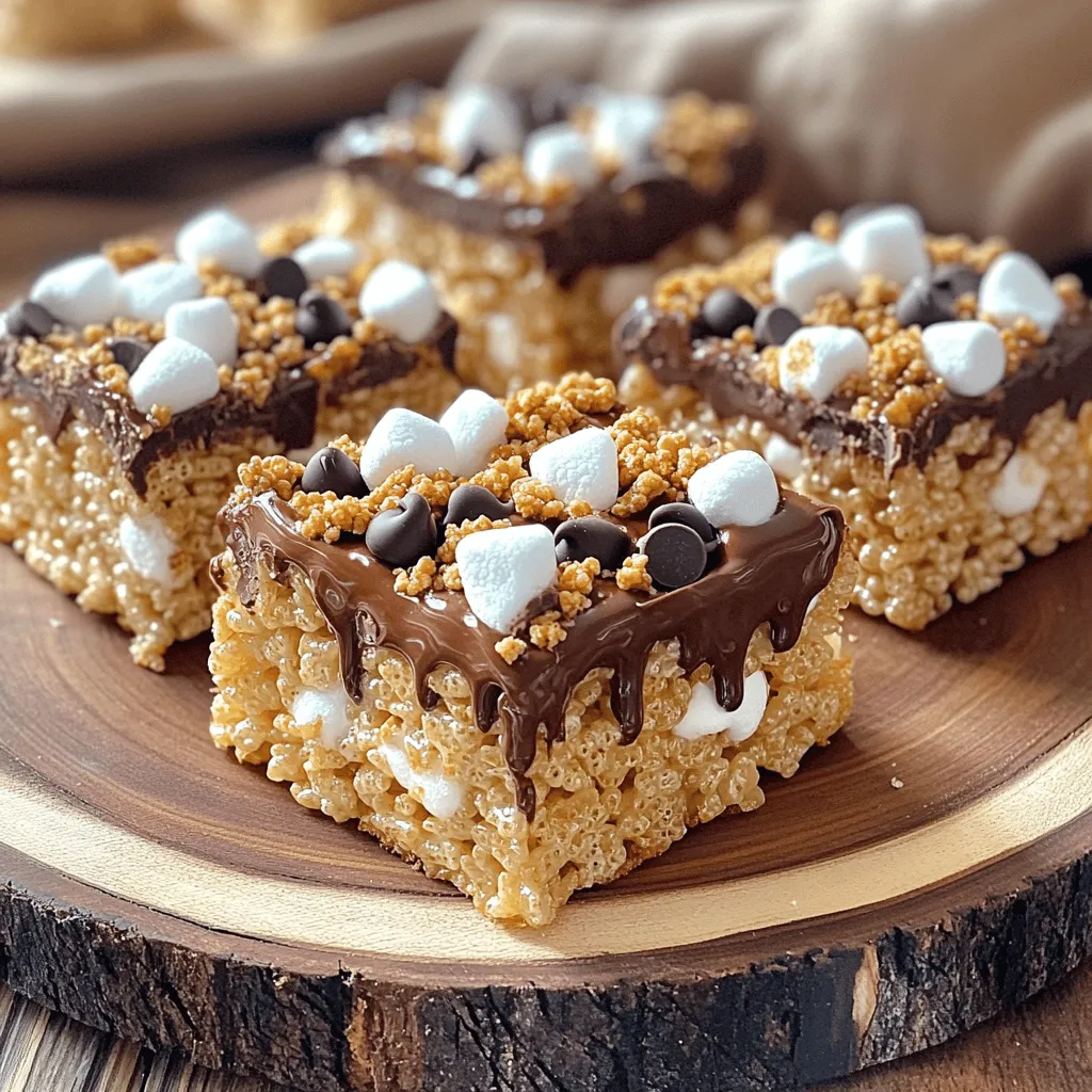- 3 tablespoons unsalted butter - 4 cups mini marshmallows - 6 cups Rice Krispies cereal - 1 cup chocolate chips - 1 cup graham cracker crumbs - Pinch of salt To create these tasty S’mores Rice Krispie Treats, you need a few key ingredients. First, unsalted butter brings richness to the mix. Then, mini marshmallows are key for that gooey texture. Rice Krispies cereal provides the perfect crunch. Chocolate chips give a sweet burst of flavor. Graham cracker crumbs add a classic s’mores taste. Finally, a pinch of salt balances the sweetness. - Extra marshmallows - Additional chocolate chips You can take your treats to the next level with some optional toppings. Adding extra marshmallows gives a fun texture on top. Additional chocolate chips can make each bite even more chocolatey. These toppings make the treat look and taste even better! To start, grab a large saucepan. Place it on low heat and add 3 tablespoons of unsalted butter. Stir as it melts, making sure it does not brown. Next, add 4 cups of mini marshmallows. Keep stirring until the marshmallows melt completely and the mix is smooth. This step is key for a gooey treat! Now that your marshmallow mix is ready, it’s time to add flavor. Pour in 1 cup of graham cracker crumbs. Stir until well blended. The crumbs will give your treats that classic s'mores taste. Next, gradually add 6 cups of Rice Krispies cereal. Mix gently, ensuring the cereal gets coated in the sticky marshmallow mixture. You’re almost there! Now, fold in 1 cup of chocolate chips. This will add a nice chocolatey flavor. Press the mixture into a greased 9x13-inch baking dish. Use a spatula or wax paper to flatten it down. Make sure it’s packed tightly. For some extra fun, you can top with more mini marshmallows and chocolate chips. Let the treats cool completely at room temperature for about 30 minutes. Then, slice them into squares and enjoy! To get the best meltiness from your marshmallows, use low heat. This will help them melt smoothly without burning. Stir them constantly. This keeps the marshmallows from sticking and helps them melt evenly. When you pack the mixture into the dish, press it down firmly. A tightly packed treat holds together better and stays chewy. One big mistake is overheating the marshmallows. This can make them hard and sticky. You want them soft and gooey. Another mistake is not using enough butter. Butter adds flavor and keeps the treats from being too dry. Use three tablespoons for the right balance. To boost the chocolate flavor, add more chocolate chips. You can mix in a full cup instead of half. This makes every bite rich and yummy. You can also try different toppings. Consider adding nuts, sprinkles, or even fruit for a fun twist. These small changes can take your S’mores Rice Krispie Treats to the next level! {{image_2}} You can play with the classic S'mores Rice Krispie Treats recipe. One fun twist is to add peanut butter. Simply mix in ½ cup of creamy peanut butter when you melt the butter and marshmallows. This rich addition gives a nutty flavor that pairs well with chocolate and graham crackers. You can also add nuts or dried fruits for more texture. Chopped almonds, walnuts, or even mini chocolate-covered pretzels can add a nice crunch. For fruits, try dried cranberries or raisins. Mix them in right after adding the Rice Krispies cereal to spread the flavors evenly. If you're looking for gluten-free options, choose a gluten-free cereal. Brands like Rice Chex or gluten-free Rice Krispies work great. Just make sure to check the labels for safety. For vegan options, swap the butter for coconut oil or vegan butter. Use vegan marshmallows and dairy-free chocolate chips to keep your treats plant-based. This way, everyone can enjoy them without worry. You can change these treats with the seasons. For holidays, add festive sprinkles or colors. During Halloween, use orange and black sprinkles. For Christmas, try red and green ones. You can also experiment with different chocolate flavors. Dark chocolate, white chocolate, or mint chocolate can change the whole taste. Add these variations to keep things exciting for your family and friends. To keep your S'mores Rice Krispie Treats fresh, store them in an airtight container. This helps keep them soft and chewy. Use a container that fits the treats snugly to avoid air. You can stack them with parchment paper to prevent sticking. You can store these treats at room temperature. They stay good in a cool, dry place. If you live in a warm area, you might want to keep them in the fridge. This helps them last longer without getting too sticky. These treats can last up to a week when stored properly. After a week, they may start to lose their freshness. Signs of spoilage include hardening or a change in smell. If they feel too hard or smell off, it's best to toss them. If your treats get hard, you can bring them back to life. Place them in the microwave for a few seconds. Start with 10 seconds, checking often. You want them soft, not melted. You can also wrap them in a damp paper towel before microwaving. This adds some moisture back. Enjoy your treats fresh and gooey! Yes, you can use regular marshmallows! Regular marshmallows are larger and take longer to melt. They may not mix as well, making the treats a bit uneven. Mini marshmallows melt faster and blend nicely. They give you that gooey texture you want in each bite. If you choose regular ones, chop them up for better mixing. To amp up the chocolate flavor, try these ideas: - Add more chocolate chips: Mix in an extra half cup of chocolate chips. - Drizzle melted chocolate: After setting the treats, drizzle melted chocolate on top. - Use chocolate-covered graham crackers: Swap some regular graham cracker crumbs for crushed chocolate-covered ones. - Add cocoa powder: Mix in a tablespoon of cocoa powder with the marshmallows for a richer flavor. Yes, you can freeze these treats! Wrap them tightly in plastic wrap and store them in an airtight container. They can last for up to three months in the freezer. To thaw, leave them at room temperature for about an hour. You can also microwave them for a few seconds to soften if they become hard. Just be careful not to overheat! S'mores Rice Krispie Treats blend sweet and crunchy elements effortlessly. We covered the key ingredients, from unsalted butter to graham cracker crumbs. Followed by step-by-step instructions, tips for perfect results, and fun variations to explore. With this guide, you can create delicious treats that impress everyone. Enjoy experimenting with flavors and toppings. Keep these tips in mind for a tasty result every time. Your treats will bring joy to friends and family alike. Happy cooking!