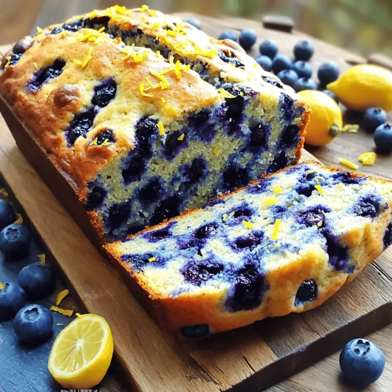 Here is the list of ingredients you need for Blueberry Lemon Yogurt Bread: - 1 cup plain Greek yogurt - 1/2 cup granulated sugar - 2 large eggs - 1/4 cup vegetable oil - Zest of 1 lemon - 1/4 cup fresh lemon juice - 1 1/2 cups all-purpose flour - 1 teaspoon baking powder - 1/2 teaspoon baking soda - 1/4 teaspoon salt - 1 cup fresh blueberries - 1 tablespoon flour (for tossing blueberries) Each ingredient plays a key role in making this bread taste fresh and flavorful. The Greek yogurt adds moisture and a nice tang. The lemon zest and juice brighten the flavor, making it refreshing. Fresh blueberries add natural sweetness and bursts of flavor. When choosing blueberries, I recommend fresh ones when in season for the best taste. If not, you can use frozen blueberries. Just toss them in the flour to keep them from sinking. Make sure to measure your ingredients accurately for the best results. Too much flour can make the bread dry, while too little can make it dense. Enjoy the blend of flavors! First, you need to preheat your oven to 350°F (175°C). This step is key. It ensures that the bread cooks evenly. While the oven heats, grab a 9x5 inch loaf pan. You can grease it or line it with parchment paper. Both methods work great to prevent sticking. In a large mixing bowl, combine 1 cup of plain Greek yogurt and 1/2 cup of granulated sugar. Mix them well until the mixture looks fluffy. Then, add in 2 large eggs, 1/4 cup of vegetable oil, the zest of 1 lemon, and 1/4 cup of fresh lemon juice. Whisk these ingredients together until they are fully combined. This mixture should be smooth and creamy. In a separate bowl, whisk together 1 1/2 cups of all-purpose flour, 1 teaspoon of baking powder, 1/2 teaspoon of baking soda, and 1/4 teaspoon of salt. Make sure there are no lumps in the flour. This mix is important, as it helps the bread rise nicely. Now, it’s time to add the blueberries. Toss 1 cup of fresh blueberries in 1 tablespoon of flour. This simple step keeps the blueberries from sinking to the bottom. Gently fold the floured blueberries into your batter. Be careful not to crush them. You want to keep them whole for bursts of flavor. Pour the batter into your prepared loaf pan. Smooth the top with a spatula. Place it in the oven and bake for 50-60 minutes. To check if it's done, insert a toothpick into the center. If it comes out clean, your bread is ready! Once baked, remove the bread from the oven. Let it cool in the pan for about 10 minutes. After that, transfer it to a wire rack to cool completely. For serving, slice the bread and place it on a wooden board. A sprinkle of lemon zest and a few fresh blueberries make it look extra special. Enjoy this fresh and flavorful treat! To get moist bread, use Greek yogurt. It adds creaminess and keeps the bread soft. Also, don't overmix the batter. Mix just until combined. This helps keep the bread light. Make sure to add the right amount of oil and lemon juice. These ingredients give flavor and moisture. You can swap Greek yogurt for regular yogurt if you need. Just make sure it is plain. For the sugar, you can try honey or maple syrup. Use the same amount. If you need an egg substitute, try one mashed banana or a quarter cup of applesauce. This keeps the texture similar. One big mistake is overbaking. Check your bread at 50 minutes. Insert a toothpick; it should come out clean. If you mix too much, the bread can be tough. Be gentle when folding in the blueberries. This keeps them whole and juicy. Lastly, always preheat your oven. A hot oven helps the bread rise well. {{image_2}} You can enhance your Blueberry Lemon Yogurt Bread by adding nuts or seeds. Chopped walnuts or almonds give a great crunch. You can also try sunflower seeds or chia seeds for a nut-free option. Just fold in about half a cup of nuts or seeds when mixing in the blueberries. This adds texture and a nice flavor twist. While blueberries shine in this recipe, you can switch things up with other fruits. Raspberries or blackberries work well too. If you want a tropical vibe, consider adding diced pineapple or mango. For a fun mix, use a blend of your favorite fruits. Just make sure to adjust the flour slightly if the fruit is very juicy. A simple glaze can take your bread to the next level. Mix powdered sugar with lemon juice for a sweet-tart glaze. You can also add a splash of vanilla for extra depth. Drizzle the glaze over the cooled bread for a beautiful finish. Another option is to sprinkle the top with a sugar and lemon zest mix before baking, which gives a sweet crunch. To keep your Blueberry Lemon Yogurt Bread fresh, store it in a cool place. Wrap it tightly in plastic wrap or foil. You can also place it in an airtight container. This prevents it from drying out. If you want to keep it longer, the fridge works too. Just remember, it may change texture a bit in the fridge. When stored properly, this bread lasts about 3 to 4 days at room temperature. If you place it in the fridge, it can last up to a week. You will notice a slight change in taste and texture after a few days. It’s best enjoyed fresh, but it will still be tasty for several days. If you want to store it for a longer time, freezing is a great option. To freeze, slice the bread first. Wrap each slice in plastic wrap, then place them all in a freezer bag. This helps keep them fresh and easy to grab. Your bread can last for about 2 to 3 months in the freezer. To reheat, take out a slice and let it thaw at room temperature. You can also warm it up in the microwave for about 15-20 seconds. This brings back the fresh taste. Enjoy it warm, perhaps with a little butter or jam! Yes, you can use frozen blueberries in this recipe. They work well and add great flavor. Just toss them in flour before folding into the batter. This step keeps them from sinking. Frozen berries may make the batter a bit wetter. Adjust your baking time if needed. To make this bread healthier, you can make a few simple swaps. Use whole wheat flour instead of all-purpose flour. You can replace some sugar with honey or maple syrup. Use unsweetened applesauce to replace oil for moistness. These changes keep the taste while boosting nutrition. Yes, you can substitute Greek yogurt with regular yogurt. Just keep in mind that regular yogurt is thinner. This may change the texture of the bread slightly. You can also try dairy-free yogurt if you want a vegan option. It will still taste great! To check if your bread is done, use a toothpick. Insert it into the center. If it comes out clean, the bread is ready. If there is wet batter on the toothpick, bake it a bit longer. Look for a golden color on top as another sign. Absolutely! You can make mini loaves or muffins with this recipe. Just adjust your baking time. For mini loaves, bake for about 30-40 minutes. For muffins, bake for 18-22 minutes. Keep an eye on them, so they don’t overbake. Enjoy these fun versions! This blog post covered how to make delicious Blueberry Lemon Yogurt Bread. We explored the ingredients, gave step-by-step instructions, and shared useful tips. Remember, adding nuts or using alternative fruits can change the flavor and texture. Store your bread properly to keep it fresh for longer. Experiment with this recipe by trying new variations. Cooking can be fun and rewarding, so trust yourself and enjoy the process. Your baking journey starts now!