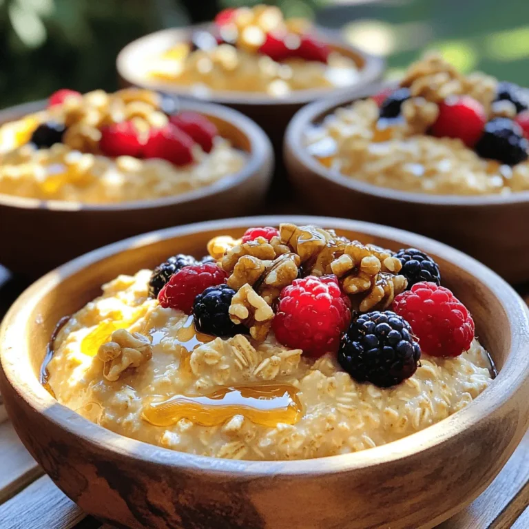 To make maple brown sugar oatmeal, gather these ingredients: - 1 cup rolled oats - 2 cups water or milk (or a mix of both) - 2 tablespoons maple syrup - 2 tablespoons brown sugar - 1/4 teaspoon salt - 1/2 teaspoon cinnamon - 1/4 cup chopped walnuts or pecans - 1/2 cup fresh berries (strawberries, blueberries, or raspberries) - A splash of vanilla extract (optional) You can swap ingredients based on what you have: - Use almond milk instead of regular milk. - Honey or agave syrup can replace maple syrup. - For a nut-free version, skip the nuts. - Use dried fruits if fresh berries are not available. Toppings make this oatmeal exciting. Here are my favorites: - Chopped bananas add creaminess. - A dollop of yogurt brings tang. - Drizzle more maple syrup for extra sweetness. - Sprinkle chia seeds for added nutrients. - Add a pinch of nutmeg for a warm flavor. To start, gather your ingredients. You will need: - 1 cup rolled oats - 2 cups water or milk (or a mix of both) - 2 tablespoons maple syrup - 2 tablespoons brown sugar - 1/4 teaspoon salt - 1/2 teaspoon cinnamon - 1/4 cup chopped walnuts or pecans - 1/2 cup fresh berries (strawberries, blueberries, or raspberries) - A splash of vanilla extract (optional) This simple list helps you prepare a tasty bowl of oatmeal. 1. In a medium saucepan, bring water or milk to a boil over medium heat. 2. Add the salt and oats to the boiling liquid. Reduce the heat to a simmer. 3. Stir in the cinnamon. Cook for about 5 minutes, stirring now and then. 4. The oats will become creamy and soak up most of the liquid. 5. Remove the pan from heat. Stir in the maple syrup, brown sugar, and vanilla extract if you chose to use it. Mix it well. 6. Let the oatmeal sit for a minute to thicken. 7. Divide the oatmeal into bowls. Top each bowl with your chopped nuts and a generous handful of fresh berries. This adds flavor and texture. If you want, drizzle a little extra maple syrup on top for more sweetness. To make it look nice, serve the oatmeal in rustic bowls. Sprinkle the nuts and berries on top, and add a mint leaf for a pop of color. Enjoy your warm, sweet, and nutty maple brown sugar oatmeal! To get the best oatmeal, use rolled oats. They cook well and have a nice texture. Start with the right water-to-oat ratio. I use 2 cups of liquid for 1 cup of oats. This gives you a hearty bowl. Always bring your water or milk to a boil first. Then add the oats and salt. This helps them cook evenly and absorb flavors. For a creamier oatmeal, mix half water and half milk. Whole milk or almond milk works great. Stir in your oats once the liquid boils. Cook on low heat, stirring often. This keeps the oats from sticking. If you want more creaminess, add a splash of vanilla extract. It adds flavor and richness. Don't hesitate to mix it up! You can add fresh berries for a fruity twist. Strawberries and blueberries are my favorites. Nuts like walnuts or pecans add crunch. Mix in some cinnamon for warmth. If you want extra sweetness, drizzle more maple syrup on top. Enjoy experimenting with different flavors! {{image_2}} This Maple Brown Sugar Oatmeal packs a tasty punch. Each serving gives you about 350 calories. It has 10 grams of protein, 60 grams of carbs, and 6 grams of fat. The oats make it filling, while the nuts add healthy fats. You mix the oats with water or milk, which adds some calories too. The recipe includes 2 tablespoons of maple syrup and 2 tablespoons of brown sugar. This adds up to about 20 grams of sugar per serving. While this might seem high, natural sugars from maple syrup and brown sugar provide energy. Plus, they taste amazing! Oatmeal is a great source of fiber. Each serving gives you about 5 grams. Fiber helps keep you full longer and aids digestion. The nuts and berries add even more fiber and vitamins. Eating fiber can support heart health and lower cholesterol too. Enjoying this oatmeal is not just tasty, it’s also good for you! When looking for the best maple brown sugar oatmeal, a few brands stand out. I like Nature's Path and Quaker. Both offer tasty options with quality ingredients. You can also check out Bob's Red Mill for organic choices. These brands make it easy to enjoy great flavor and texture. You can find maple brown sugar oatmeal in stores and online. Stores like Walmart and Target carry popular brands. If you prefer shopping online, Amazon and the brands' websites have good selections. Shopping online often gives you more variety. Plus, you can read reviews before buying. Prices for maple brown sugar oatmeal vary. In stores, expect to pay around $3 to $5 per box. Online prices may be similar, but you could find deals or bulk options. Always compare prices to get the best value. Remember to check for sales or discounts when shopping! To make maple brown sugar oatmeal, start by boiling water or milk in a saucepan. Add salt and rolled oats once the liquid boils. Reduce the heat to a simmer. Stir in cinnamon and cook for about five minutes. This lets the oats absorb the liquid. After cooking, mix in maple syrup and brown sugar. Optionally, add vanilla extract for extra flavor. Let it sit for a minute to thicken. Serve it in bowls and top with chopped nuts and fresh berries. Yes, you can make this oatmeal ahead of time. Cook the oatmeal as usual, then let it cool. Store it in an airtight container in the fridge. When you are ready to eat, reheat it on the stove or in the microwave. You may need to add a splash of water or milk to get the right consistency. Toppings can be added just before serving for freshness. Maple syrup does have some health benefits over regular sugar. It contains minerals like manganese and zinc. It also has antioxidants, which are good for your health. However, it is still sugar, so use it in moderation. It is important to balance your diet with whole foods. You can add many flavors to enhance your oatmeal. Try adding nutmeg for warmth or cocoa powder for a chocolate touch. Fresh fruits like bananas or apples can add sweetness and texture. You can also mix in peanut butter or almond butter for creaminess and protein. Experiment with your favorite flavors to find your perfect bowl! You learned about making delicious maple brown sugar oatmeal. We covered the ingredients, including substitutes and toppings. I shared step-by-step methods for preparation and cooking, plus tips for a perfect texture. Nutritional info showed its health benefits, along with where to buy it. Enjoy experimenting with flavors and textures. Your oatmeal can be both tasty and healthy! Now, go make your breakfast fun and satisfying!