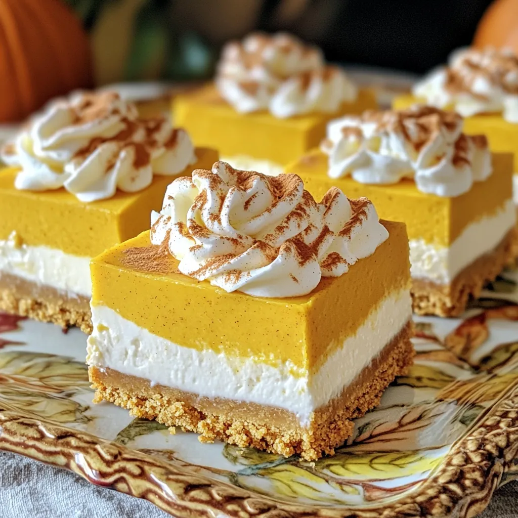 - 1 ½ cups graham cracker crumbs - ½ cup unsalted butter, melted - 2 tablespoons sugar - 1 (8 oz) package cream cheese, softened - 1 cup canned pumpkin puree - ½ cup powdered sugar - 1 teaspoon vanilla extract - 1 teaspoon ground cinnamon - ½ teaspoon ground nutmeg - 1 teaspoon pumpkin pie spice - 1 cup heavy whipping cream - ¼ cup granulated sugar For this recipe, you need precise measurements. Each ingredient adds to the bars' taste and texture. Here’s what to keep in mind: - Use a dry measuring cup for the graham cracker crumbs. - Measure butter in a liquid measuring cup. - Use a kitchen scale for the powdered sugar if you have one for more accuracy. Choosing the right brands can enhance flavor. Here are my top picks: - Graham Crackers: I like Honey Maid for its sweetness and crunch. - Cream Cheese: Philadelphia is a classic choice for a creamy texture. - Pumpkin Puree: Libby’s offers a rich, fresh taste. - Heavy Whipping Cream: I recommend Land O'Lakes for its high fat content, giving more volume when whipped. Using quality ingredients makes a big difference in your Pumpkin Cheesecake Icebox Bars. Enjoy the process and the taste! To start, gather your graham cracker crumbs, melted butter, and sugar in a bowl. Combine the crumbs, butter, and sugar until everything sticks together. I like to use my hands for this part; it helps me feel the texture. Next, press the crumb mixture firmly into the bottom of an 8x8 inch baking dish. Make sure it is even and flat. Once done, place this dish in the fridge to chill while we make the filling. Now for the fun part! In a large bowl, take your softened cream cheese and beat it until smooth. I recommend using an electric mixer for this step to save your arm. After it’s creamy, add in the canned pumpkin puree. Then, mix in the powdered sugar, vanilla extract, ground cinnamon, nutmeg, and pumpkin pie spice. This mix of flavors is what makes these bars special. Keep mixing until it’s all blended and creamy. Next, in a separate bowl, whip the heavy cream with granulated sugar until you see stiff peaks. This step is crucial for a light texture. Once stiff peaks form, gently fold the whipped cream into your pumpkin mixture. Be careful here; you don’t want to deflate the whipped cream. Keep folding until you don’t see any white streaks. Now it’s time to layer the filling. Pour the creamy pumpkin cheesecake filling over your chilled graham cracker crust. Use a spatula to spread it out evenly. Cover the dish with plastic wrap and place it back in the fridge. Let it chill for at least 4 hours, or until the filling sets up nicely. After it’s set, remove the bars from the dish and cut them into squares. Serve these chilled and enjoy the deliciousness of your pumpkin cheesecake icebox bars! To get the best texture, make sure your cream cheese is very soft. I leave it out for at least 30 minutes before mixing. This helps it blend smoothly with the pumpkin. When you whip the heavy cream, beat it until you see stiff peaks. This adds lightness to the bars. Be gentle when you fold the whipped cream into the pumpkin mixture. This keeps the bars fluffy and creamy. You can make these bars a day before you plan to serve them. Just cover the dish with plastic wrap and chill it in the fridge. If you want to freeze them, cut them into squares first. Wrap each square tightly in plastic wrap. Then, put them in a freezer-safe bag. They will stay good for up to two months. When ready to eat, thaw them in the fridge overnight. One common mistake is not pressing the crust firmly enough. A loose crust can crumble when you cut the bars. Make sure to press it down well into the dish. Another mistake is overmixing the pumpkin filling. Once you fold in the whipped cream, stop mixing as soon as you see no streaks. Overmixing can make the filling dense and heavy. Lastly, don’t skip the chilling time. If you cut the bars too soon, they won’t hold their shape. {{image_2}} You can make these bars gluten-free. Simply swap graham cracker crumbs with gluten-free crumbs. Look for brands that use rice or almond flour. You can also check if the butter is gluten-free. This way, everyone can enjoy the treat! Want to make your bars even richer? Try adding chocolate or caramel swirls. You can melt chocolate chips or use store-bought caramel sauce. Drizzle them over the cheesecake layer before chilling. Use a knife to swirl them into the filling for a fun look! Feel free to play with spices in this recipe. If you prefer a bolder flavor, add more cinnamon or nutmeg. You can also try using ginger or allspice for a warm twist. For a different taste, mix in some maple syrup instead of sugar. This change adds a nice depth to the pumpkin flavor! To keep your Pumpkin Cheesecake Icebox Bars fresh, place them in an airtight container. Make sure the bars are completely cool before storing them. This helps keep the texture just right. You can also cover the dish with plastic wrap if you don't have a container. These bars stay fresh in the fridge for up to five days. I suggest enjoying them within the first three days for the best taste. If you want to freeze them, cut the bars into squares first. Wrap each square in plastic wrap, then store them in a freezer bag. They can last up to three months in the freezer. Just remember to label the bag with the date. You don’t need to reheat these bars. They taste best served cold. If they have been frozen, let them thaw in the fridge overnight before enjoying. This way, they regain their creamy texture without losing any flavor. Yes, you can use fresh pumpkin. Just make sure to cook and mash the pumpkin first. This gives a nice flavor. Fresh pumpkin may have more water. So, drain it well before using. This helps keep your bars from getting too soggy. You know the bars are set when they are firm to the touch. After chilling for at least four hours, gently press the top. If it bounces back, they are ready. They should not feel jiggly. For best results, chill them overnight if you can. This makes the flavors mix well and the texture perfect. You can make some easy swaps! Use a gluten-free graham cracker for a gluten-free option. Swap cream cheese with a vegan cream cheese for a dairy-free treat. You can use coconut whipped cream instead of heavy cream if you want a lighter option. Just note that swaps may change the taste or texture a bit. This blog post covered how to make delicious pumpkin cheesecake icebox bars. You learned about ingredients, measurements, and trusted brands. I shared step-by-step instructions for the crust and filling. You also discovered tips for the best texture and how to avoid common mistakes. Variations like gluten-free options and added flavors can take your bars to the next level. Lastly, I provided storage info and answers to common questions. Enjoy your tasty creation, and remember, practice makes perfect!