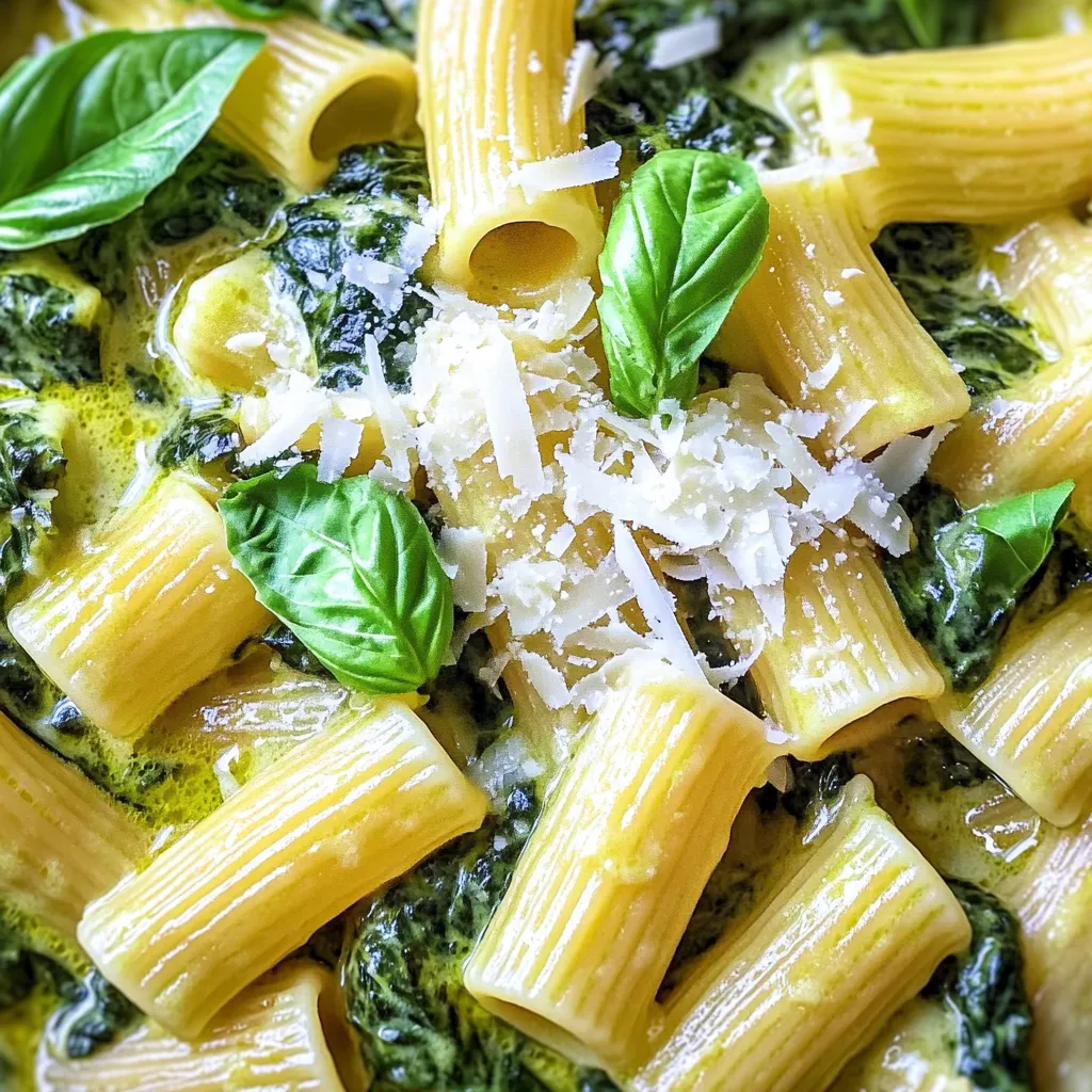 To make One Pot Spinach Ricotta Pasta, gather these simple ingredients: - 10 oz pasta of your choice - 3 cups fresh spinach, roughly chopped - 1 cup ricotta cheese - 2 cups vegetable broth - 1 tablespoon olive oil - 3 cloves garlic, minced - 1 teaspoon Italian seasoning - Salt and pepper to taste - 1/2 cup grated Parmesan cheese for topping - Fresh basil leaves for garnishing Each ingredient plays a key role in the dish. The pasta serves as the base, soaking up the flavors. Fresh spinach adds a burst of color and nutrients. Ricotta gives creaminess and a rich taste. Using vegetable broth instead of water enhances the flavor. Olive oil is your friend for sautéing garlic, which adds depth to your dish. Italian seasoning brings a classic taste, while salt and pepper balance all flavors. Grated Parmesan provides a savory finish, and fresh basil adds a fragrant touch. With these ingredients, you can create a delicious one-pot meal in just about 25 minutes. Each bite will be a blend of creamy, savory, and fresh flavors that everyone will love. Start by taking a large pot. Heat 1 tablespoon of olive oil over medium heat. Once the oil is hot, add 3 minced garlic cloves. Sauté the garlic for about 1 minute. The goal is to make it fragrant but not brown. Next, add 10 ounces of pasta to the pot. Pour in 2 cups of vegetable broth. Stir everything well to mix. Now season it with 1 teaspoon of Italian seasoning, salt, and pepper to taste. Bring this mixture to a boil. Once boiling, lower the heat to simmer. Cover the pot and let it cook for about 10 to 12 minutes. Stir occasionally until the pasta is al dente and most of the broth is absorbed. After the pasta is cooked, it’s time to add flavor. Toss in 3 cups of roughly chopped spinach and 1 cup of ricotta cheese. Stir gently. You want the spinach to wilt and the ricotta to mix well with the pasta. Let this cook on low heat for another 2 to 3 minutes. This helps blend all the wonderful flavors together. Stirring is key to perfect pasta. As the pasta cooks, it can stick together. Stir gently every few minutes. This keeps it from clumping and helps it cook evenly. Keep an eye on the broth level, too. If it gets too low, add a splash more. You want the pasta to be al dente, firm but not hard. This gives a nice bite in every forkful. Want to boost the flavor? Try adding a pinch of red pepper flakes for heat. A squeeze of lemon juice can add brightness. Fresh herbs like thyme or oregano work well, too. You might also swap the Italian seasoning for fresh herbs if you have them. Experiment and find what you love. Every small change can make a big impact on taste. Presentation matters! Serve the pasta in deep bowls for a nice look. Sprinkle grated Parmesan cheese on top for a savory touch. Add fresh basil leaves for color and aroma. This makes each serving pop. You can also drizzle a bit of olive oil before serving to add richness. Serve with crusty bread for a complete meal. {{image_2}} You can mix in other leafy greens for a fun twist. Kale adds a hearty bite. Swiss chard brings a nice touch of sweetness. Arugula offers a peppery flavor. Just chop them roughly and add them in with the spinach. Not a fan of ricotta? You can use cottage cheese instead. It gives a similar creaminess with fewer calories. For a plant-based option, try vegan cream cheese. This option keeps the dish rich and satisfying. If you're gluten-free, choose pasta made from rice or quinoa. Brands like Barilla Gluten Free or Banza work well. Both have great taste and texture. Just follow the cooking instructions on the package for best results. After cooking, let the pasta cool slightly. Place it in a sealed container. This keeps the dish fresh for up to three days. Make sure to store it in the fridge. If you can, separate the cheese from the pasta. This helps keep the cheese creamy. To reheat, add a splash of water or broth. This adds moisture back into the pasta. Heat it in a pot on low. Stir it often to warm evenly. You can also use a microwave. Heat in short bursts, checking often to avoid overcooking. You can freeze this dish, but it may change texture. If you freeze it, use a freezer-safe container. Leave some space for expansion. It’s best to eat frozen portions within three months. Thaw in the fridge overnight before reheating. Yes, you can use frozen spinach. It works well in this dish. Just make sure to thaw it first. Drain any excess water. Then, add it with the ricotta. Frozen spinach is often just as nutritious. Penne and fusilli are great choices. They hold sauce well and cook evenly. You can also try spaghetti or rotini. Each shape gives a fun twist to the dish. The recipe is already vegetarian. To keep it that way, just skip any meat toppings. You can also add more veggies like bell peppers or mushrooms. This adds flavor and texture without losing the vegetarian aspect. This recipe combines simple ingredients, quick steps, and helpful tips. You learned how to blend pasta, spinach, and ricotta for a delicious dish. Remember to adjust flavors and consider variations to suit your taste. Proper storage and reheating can keep your meal fresh for later. Enjoy experimenting with alternatives and make it your own. You now have the tools to create a great meal for any occasion.