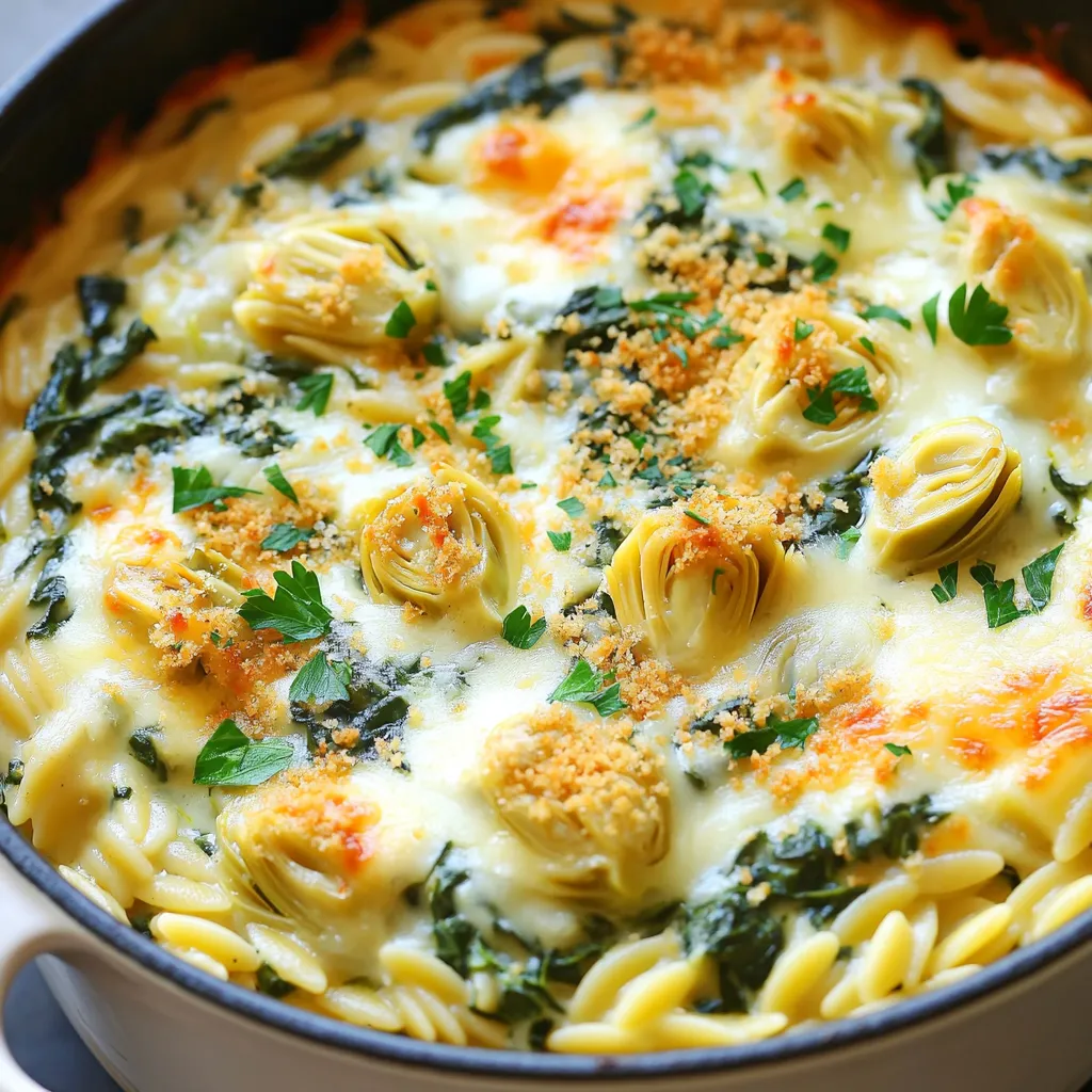 To make the One-Pot Spinach Artichoke Orzo Bake, gather these ingredients: - 1 cup orzo pasta - 2 cups vegetable broth - 1 cup fresh spinach, chopped - 1 can (14 oz) artichoke hearts, drained and quartered - 1 cup cream cheese, softened - 1 cup shredded mozzarella cheese, divided - 1/2 cup grated Parmesan cheese - 2 cloves garlic, minced - 1 teaspoon onion powder - 1/2 teaspoon black pepper - Salt to taste - 1/4 cup breadcrumbs (optional for topping) - Fresh parsley for garnish (optional) You can swap out orzo for another pasta, like quinoa or rice. If you want a creamier dish, use more cream cheese. For a lighter version, replace cream cheese with Greek yogurt. Don't have fresh spinach? Frozen spinach works too. Just thaw and squeeze out extra water. For a cheesy twist, add your favorite cheese blend. Each serving of this dish contains: - Calories: 450 - Protein: 15g - Carbohydrates: 50g - Fat: 20g - Fiber: 3g - Sodium: 600mg This meal is filling and packed with flavor. Enjoy the creamy goodness while getting your greens! Gather all your ingredients first. Make sure your spinach is fresh and chopped. Drain and quarter the artichoke hearts. Soften the cream cheese by leaving it out for a bit. Mince the garlic cloves. You can also measure the spices and cheeses ahead of time. This makes cooking easier. Start by preheating your oven to 375°F (190°C). In a large, oven-safe pot, heat a little olive oil on medium heat. Once hot, add the minced garlic. Sauté it for about one minute until it smells nice. Next, add the orzo pasta to the pot. Toast the orzo for two minutes. Stir it often so it doesn’t burn. Now, pour in the vegetable broth. Add the chopped spinach, artichoke hearts, and softened cream cheese. Sprinkle in the onion powder, black pepper, and salt. Stir until the cream cheese melts and blends well. This makes your dish creamy and delicious. Mix in half of the mozzarella cheese and half of the Parmesan cheese. Stir until everything is cheesy and well combined. Remove the pot from heat. Sprinkle the rest of the mozzarella and Parmesan on top. If you want a crunchy topping, add breadcrumbs now. Cover the pot with a lid or foil. Place it in the preheated oven. Bake for about 25 to 30 minutes. You want the orzo to be cooked and the top to be bubbly and golden. Once done, take it out of the oven. Let it cool for a few minutes. If you like, garnish with fresh parsley before you serve. Enjoy your one-pot spinach artichoke orzo bake! To get the best texture in your orzo bake, use fresh ingredients. Fresh spinach adds a nice crunch. When cooking, toast the orzo for two minutes. This gives it a nutty flavor. Stir often to avoid sticking. Bake until the top is golden and bubbly. The cheese will melt perfectly, making it creamy. One common mistake is not measuring the broth. Too much broth can make it soggy. Use the right amount for a firm texture. Another mistake is overcooking the orzo. It should be al dente before baking. Don't skip toasting the orzo. This step adds great flavor. Lastly, mixing the cheese well is key. Make sure it's evenly spread for a creamy bite. Serve your One-Pot Spinach Artichoke Orzo Bake with a simple salad. A fresh green salad balances the richness. You can add a splash of lemon juice for zest. Pair it with garlic bread for a comforting meal. For drinks, a light white wine enhances the flavors. Sparkling water with lemon is a nice non-alcoholic option. Enjoy your delicious creation! {{image_2}} You can easily make this dish vegan. Replace the cream cheese with a vegan cream cheese. Use dairy-free mozzarella to keep it cheesy. For a gluten-free option, swap orzo with gluten-free pasta. Just check the cooking times, as they may vary. Feel free to mix up the cheeses! Try goat cheese or feta for a tangy taste. You can also add other veggies. Chopped bell peppers or mushrooms work great. Get creative with what you have on hand! You can easily adjust this recipe. To make more servings, double all the ingredients. Use a larger pot to cook everything at once. For fewer servings, cut the amounts in half. Just keep an eye on the cooking time to ensure it turns out perfect. After enjoying your One-Pot Spinach Artichoke Orzo Bake, let it cool down. Once cooled, place the leftovers in an airtight container. This will keep the dish fresh for up to three days in the fridge. Make sure to seal the container well to keep out air. When ready to eat the leftovers, reheat them in the oven or microwave. If using the oven, set it to 350°F (175°C). Place the orzo bake in an oven-safe dish, cover it with foil, and heat for about 15 minutes. If using a microwave, heat in short bursts, stirring in between, until warm. You can freeze the One-Pot Spinach Artichoke Orzo Bake for up to three months. First, let it cool completely. Then, transfer it to a freezer-safe container. For easy serving, consider portioning it into smaller containers. When you are ready to enjoy it, thaw overnight in the fridge before reheating. Yes, you can prepare this dish in advance. Just follow the recipe up to the baking step. Once mixed, cover it and store it in the fridge for up to 24 hours. When ready, bake it straight from the fridge. You may need to add a few extra minutes to the baking time to ensure it heats through. If you don't have orzo, use any small pasta shape. Some good options are ditalini, couscous, or even rice. Each substitute will change the texture, but the flavors will still shine through. Make sure to adjust the cooking time as needed, especially for rice. To add some heat, try these ideas: - Mix in red pepper flakes when cooking. - Add diced jalapeños or serrano peppers. - Top with a spicy cheese blend. Each option boosts the heat without losing the dish's creamy charm. We covered a lot in this article. We explored the key ingredients and their roles. I provided step-by-step cooking and baking instructions. You learned tips for the best texture and common mistakes to avoid. We also looked at how to adjust recipes for special diets. To wrap it up, this dish is flexible and fun. You can personalize it based on your tastes. With these guidelines, you’re ready to create something delicious, no matter your skill level. Enjoy your cooking adventure!