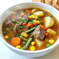 - 1 pound beef stew meat, cut into 1-inch cubes - 4 cups beef broth - 2 cups carrots, sliced - 2 cups potatoes, diced - 1 cup green beans, chopped - 1 cup corn kernels (frozen or fresh) - 1 large onion, chopped - 3 cloves garlic, minced In this soup, beef stew meat gives a rich flavor. The beef broth adds depth. Fresh vegetables like carrots, potatoes, green beans, and corn add color and nutrition. The onion and garlic are key for a tasty base. - 2 teaspoons dried thyme - 1 teaspoon dried rosemary - 1 tablespoon Worcestershire sauce - Salt and pepper to taste Seasonings make this soup shine. Thyme and rosemary bring warmth. Worcestershire sauce adds a savory kick. Salt and pepper balance all the flavors perfectly. - Fresh herbs for garnish - Crusty bread for serving Fresh herbs can brighten up the dish. Crusty bread makes a great side. Dipping bread into the soup is a comforting treat. Searing the beef Start by heating 2 tablespoons of olive oil in a large skillet over medium-high heat. Once the oil is hot, add 1 pound of beef stew meat, cut into 1-inch cubes. Sear the beef for about 4-5 minutes. Turn the pieces until they are browned on all sides. This step locks in the flavors and makes the beef extra tasty. After searing, remove the beef and set it aside. Sautéing the onion and garlic In the same skillet, add 1 large chopped onion and 3 cloves of minced garlic. Sauté them for about 2-3 minutes. Cook until the onion turns translucent. This step adds depth to the soup and makes your kitchen smell amazing. Combining ingredients in the slow cooker Now it's time to bring it all together. Transfer the seared beef, sautéed onion, and garlic into your slow cooker. Pour in 4 cups of beef broth. Add 2 cups of sliced carrots, 2 cups of diced potatoes, 1 cup of chopped green beans, and 1 cup of corn kernels. Sprinkle in 2 teaspoons of dried thyme, 1 teaspoon of dried rosemary, and 1 tablespoon of Worcestershire sauce. Stir everything well to mix the flavors. Adjusting seasoning before cooking Before closing the lid, season with salt and pepper to taste. This is your chance to adjust the flavor. Remember, you can always add more later if needed, but you can’t take it out once it’s in. Slow cooker settings (low and high options) Cover the slow cooker with its lid. You have two options for cooking. You can set it on low for 7-8 hours, or on high for 4-5 hours. If you want to wake up to a warm soup, choose low. If you want dinner ready sooner, go with high. Cooking time details Cook until the beef is tender and the vegetables are cooked through. When the time is up, taste the soup and adjust the seasoning if needed. You will love how comforting this soup is, especially on a chilly day. Searing the meat is key. It adds a rich, deep flavor to the beef. Heat olive oil in a skillet. Sear the beef cubes for about 4-5 minutes until they are brown on all sides. This step makes a big difference. When it comes to seasoning, less is not more. Use salt and pepper to boost the flavor. Add dried herbs like thyme and rosemary for a warm touch. Worcestershire sauce also brings a savory depth. Taste as you go, and adjust your seasonings to your preference. To get perfect vegetable doneness, cut them into even pieces. This helps them cook at the same rate. Carrots and potatoes should be soft but not mushy after cooking. If you want a thicker soup, try a few tricks. Mash some potatoes against the side of the slow cooker. You can also add a cornstarch slurry. Mix cornstarch with water, and stir it in during the last hour of cooking. For presentation, ladle soup into bowls and sprinkle fresh parsley on top. This adds color and freshness. Pair your soup with crusty bread or a light salad. A simple green salad with a tangy vinaigrette complements the rich soup well. Enjoying a warm bowl with bread makes it a complete comfort meal. {{image_2}} You can change up the protein in this soup. Try chicken or turkey instead of beef. Both will add a lighter flavor. If you want to swap vegetables, consider using zucchini or bell peppers. These options bring a fresh twist and extra color. To change the taste, add spices like cumin or paprika. Cumin adds warmth, while paprika can give a sweet note. You can also use different broth bases. Chicken or vegetable broth works well too. These swaps can completely alter the flavor of your soup. This soup can fit many diets. For gluten-free options, make sure your broth is gluten-free. You can also use low-carb alternatives. Replace potatoes with cauliflower or use only more veggies. These changes keep the soup hearty without adding too many carbs. Slow cooker beef vegetable soup lasts about 3 to 4 days in the fridge. To keep it fresh, store it in airtight containers. Glass or plastic containers work well. Make sure to let the soup cool before sealing. You can freeze the soup for up to 3 months. Use freezer-safe containers or bags. When ready to eat, thaw it in the fridge overnight. For quick thawing, place the bag in a bowl of cold water. To reheat, warm it on the stove over medium heat. Stir often until it’s hot. Leftover soup can be a great base for many dishes. You can mix it with cooked pasta for a hearty meal. Or turn it into a stew by adding more veggies and a splash of broth. You can even use it as a filling for savory pies or turnovers. It takes about 7 to 8 hours on low heat. If you choose high heat, it will cook in about 4 to 5 hours. The beef needs time to get tender. The vegetables also need to cook well. Yes, you can use frozen vegetables. They are a great option and save time. Just add them straight to the slow cooker. They will thaw and cook while the soup simmers. You can try adding cumin or paprika for warmth. Fresh herbs like parsley or cilantro also work well. A dash of hot sauce can give it a kick. Experiment with your favorite spices to find the best taste. Yes, you can make this soup in a traditional pot. Use a large pot on the stove. Sear the beef first, then add all the ingredients. Simmer on low heat for about 2 hours, stirring often. This method works well and is quicker. This blog post covers all you need for a great beef vegetable soup. We talked about the main ingredients and how to prepare and cook them. I shared tips for great flavor and texture. You can even customize the soup to your liking. Remember to store leftovers properly, and feel free to use them in new dishes. Now you’re ready to enjoy a warm bowl of soup anytime. Enjoy making this tasty meal with ease!