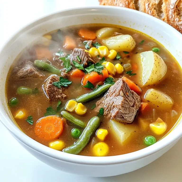 - 1 pound beef stew meat, cut into 1-inch cubes - 4 cups beef broth - 2 cups carrots, sliced - 2 cups potatoes, diced - 1 cup green beans, chopped - 1 cup corn kernels (frozen or fresh) - 1 large onion, chopped - 3 cloves garlic, minced In this soup, beef stew meat gives a rich flavor. The beef broth adds depth. Fresh vegetables like carrots, potatoes, green beans, and corn add color and nutrition. The onion and garlic are key for a tasty base. - 2 teaspoons dried thyme - 1 teaspoon dried rosemary - 1 tablespoon Worcestershire sauce - Salt and pepper to taste Seasonings make this soup shine. Thyme and rosemary bring warmth. Worcestershire sauce adds a savory kick. Salt and pepper balance all the flavors perfectly. - Fresh herbs for garnish - Crusty bread for serving Fresh herbs can brighten up the dish. Crusty bread makes a great side. Dipping bread into the soup is a comforting treat. Searing the beef Start by heating 2 tablespoons of olive oil in a large skillet over medium-high heat. Once the oil is hot, add 1 pound of beef stew meat, cut into 1-inch cubes. Sear the beef for about 4-5 minutes. Turn the pieces until they are browned on all sides. This step locks in the flavors and makes the beef extra tasty. After searing, remove the beef and set it aside. Sautéing the onion and garlic In the same skillet, add 1 large chopped onion and 3 cloves of minced garlic. Sauté them for about 2-3 minutes. Cook until the onion turns translucent. This step adds depth to the soup and makes your kitchen smell amazing. Combining ingredients in the slow cooker Now it's time to bring it all together. Transfer the seared beef, sautéed onion, and garlic into your slow cooker. Pour in 4 cups of beef broth. Add 2 cups of sliced carrots, 2 cups of diced potatoes, 1 cup of chopped green beans, and 1 cup of corn kernels. Sprinkle in 2 teaspoons of dried thyme, 1 teaspoon of dried rosemary, and 1 tablespoon of Worcestershire sauce. Stir everything well to mix the flavors. Adjusting seasoning before cooking Before closing the lid, season with salt and pepper to taste. This is your chance to adjust the flavor. Remember, you can always add more later if needed, but you can’t take it out once it’s in. Slow cooker settings (low and high options) Cover the slow cooker with its lid. You have two options for cooking. You can set it on low for 7-8 hours, or on high for 4-5 hours. If you want to wake up to a warm soup, choose low. If you want dinner ready sooner, go with high. Cooking time details Cook until the beef is tender and the vegetables are cooked through. When the time is up, taste the soup and adjust the seasoning if needed. You will love how comforting this soup is, especially on a chilly day. Searing the meat is key. It adds a rich, deep flavor to the beef. Heat olive oil in a skillet. Sear the beef cubes for about 4-5 minutes until they are brown on all sides. This step makes a big difference. When it comes to seasoning, less is not more. Use salt and pepper to boost the flavor. Add dried herbs like thyme and rosemary for a warm touch. Worcestershire sauce also brings a savory depth. Taste as you go, and adjust your seasonings to your preference. To get perfect vegetable doneness, cut them into even pieces. This helps them cook at the same rate. Carrots and potatoes should be soft but not mushy after cooking. If you want a thicker soup, try a few tricks. Mash some potatoes against the side of the slow cooker. You can also add a cornstarch slurry. Mix cornstarch with water, and stir it in during the last hour of cooking. For presentation, ladle soup into bowls and sprinkle fresh parsley on top. This adds color and freshness. Pair your soup with crusty bread or a light salad. A simple green salad with a tangy vinaigrette complements the rich soup well. Enjoying a warm bowl with bread makes it a complete comfort meal. {{image_2}} You can change up the protein in this soup. Try chicken or turkey instead of beef. Both will add a lighter flavor. If you want to swap vegetables, consider using zucchini or bell peppers. These options bring a fresh twist and extra color. To change the taste, add spices like cumin or paprika. Cumin adds warmth, while paprika can give a sweet note. You can also use different broth bases. Chicken or vegetable broth works well too. These swaps can completely alter the flavor of your soup. This soup can fit many diets. For gluten-free options, make sure your broth is gluten-free. You can also use low-carb alternatives. Replace potatoes with cauliflower or use only more veggies. These changes keep the soup hearty without adding too many carbs. Slow cooker beef vegetable soup lasts about 3 to 4 days in the fridge. To keep it fresh, store it in airtight containers. Glass or plastic containers work well. Make sure to let the soup cool before sealing. You can freeze the soup for up to 3 months. Use freezer-safe containers or bags. When ready to eat, thaw it in the fridge overnight. For quick thawing, place the bag in a bowl of cold water. To reheat, warm it on the stove over medium heat. Stir often until it’s hot. Leftover soup can be a great base for many dishes. You can mix it with cooked pasta for a hearty meal. Or turn it into a stew by adding more veggies and a splash of broth. You can even use it as a filling for savory pies or turnovers. It takes about 7 to 8 hours on low heat. If you choose high heat, it will cook in about 4 to 5 hours. The beef needs time to get tender. The vegetables also need to cook well. Yes, you can use frozen vegetables. They are a great option and save time. Just add them straight to the slow cooker. They will thaw and cook while the soup simmers. You can try adding cumin or paprika for warmth. Fresh herbs like parsley or cilantro also work well. A dash of hot sauce can give it a kick. Experiment with your favorite spices to find the best taste. Yes, you can make this soup in a traditional pot. Use a large pot on the stove. Sear the beef first, then add all the ingredients. Simmer on low heat for about 2 hours, stirring often. This method works well and is quicker. This blog post covers all you need for a great beef vegetable soup. We talked about the main ingredients and how to prepare and cook them. I shared tips for great flavor and texture. You can even customize the soup to your liking. Remember to store leftovers properly, and feel free to use them in new dishes. Now you’re ready to enjoy a warm bowl of soup anytime. Enjoy making this tasty meal with ease!