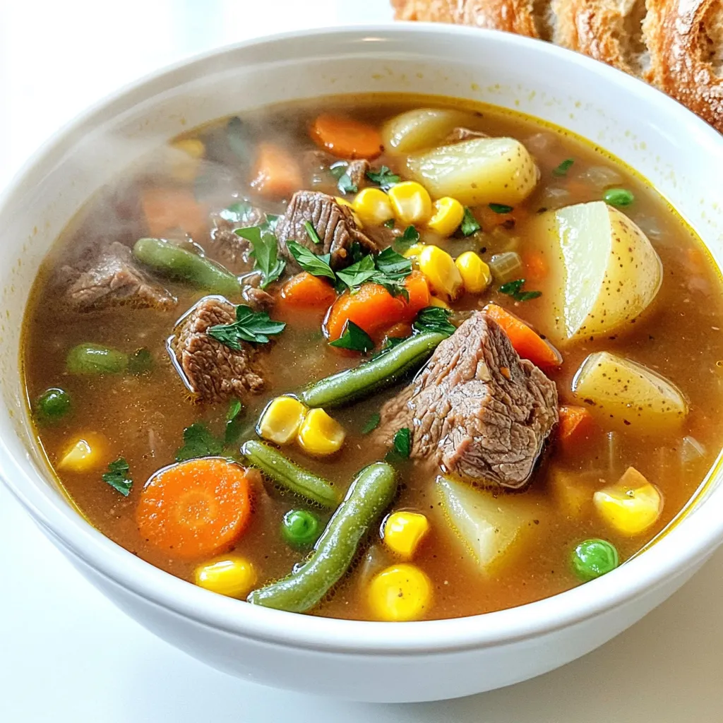 - 1 pound beef stew meat, cut into 1-inch cubes - 4 cups beef broth - 2 cups carrots, sliced - 2 cups potatoes, diced - 1 cup green beans, chopped - 1 cup corn kernels (frozen or fresh) - 1 large onion, chopped - 3 cloves garlic, minced In this soup, beef stew meat gives a rich flavor. The beef broth adds depth. Fresh vegetables like carrots, potatoes, green beans, and corn add color and nutrition. The onion and garlic are key for a tasty base. - 2 teaspoons dried thyme - 1 teaspoon dried rosemary - 1 tablespoon Worcestershire sauce - Salt and pepper to taste Seasonings make this soup shine. Thyme and rosemary bring warmth. Worcestershire sauce adds a savory kick. Salt and pepper balance all the flavors perfectly. - Fresh herbs for garnish - Crusty bread for serving Fresh herbs can brighten up the dish. Crusty bread makes a great side. Dipping bread into the soup is a comforting treat. Searing the beef Start by heating 2 tablespoons of olive oil in a large skillet over medium-high heat. Once the oil is hot, add 1 pound of beef stew meat, cut into 1-inch cubes. Sear the beef for about 4-5 minutes. Turn the pieces until they are browned on all sides. This step locks in the flavors and makes the beef extra tasty. After searing, remove the beef and set it aside. Sautéing the onion and garlic In the same skillet, add 1 large chopped onion and 3 cloves of minced garlic. Sauté them for about 2-3 minutes. Cook until the onion turns translucent. This step adds depth to the soup and makes your kitchen smell amazing. Combining ingredients in the slow cooker Now it's time to bring it all together. Transfer the seared beef, sautéed onion, and garlic into your slow cooker. Pour in 4 cups of beef broth. Add 2 cups of sliced carrots, 2 cups of diced potatoes, 1 cup of chopped green beans, and 1 cup of corn kernels. Sprinkle in 2 teaspoons of dried thyme, 1 teaspoon of dried rosemary, and 1 tablespoon of Worcestershire sauce. Stir everything well to mix the flavors. Adjusting seasoning before cooking Before closing the lid, season with salt and pepper to taste. This is your chance to adjust the flavor. Remember, you can always add more later if needed, but you can’t take it out once it’s in. Slow cooker settings (low and high options) Cover the slow cooker with its lid. You have two options for cooking. You can set it on low for 7-8 hours, or on high for 4-5 hours. If you want to wake up to a warm soup, choose low. If you want dinner ready sooner, go with high. Cooking time details Cook until the beef is tender and the vegetables are cooked through. When the time is up, taste the soup and adjust the seasoning if needed. You will love how comforting this soup is, especially on a chilly day. Searing the meat is key. It adds a rich, deep flavor to the beef. Heat olive oil in a skillet. Sear the beef cubes for about 4-5 minutes until they are brown on all sides. This step makes a big difference. When it comes to seasoning, less is not more. Use salt and pepper to boost the flavor. Add dried herbs like thyme and rosemary for a warm touch. Worcestershire sauce also brings a savory depth. Taste as you go, and adjust your seasonings to your preference. To get perfect vegetable doneness, cut them into even pieces. This helps them cook at the same rate. Carrots and potatoes should be soft but not mushy after cooking. If you want a thicker soup, try a few tricks. Mash some potatoes against the side of the slow cooker. You can also add a cornstarch slurry. Mix cornstarch with water, and stir it in during the last hour of cooking. For presentation, ladle soup into bowls and sprinkle fresh parsley on top. This adds color and freshness. Pair your soup with crusty bread or a light salad. A simple green salad with a tangy vinaigrette complements the rich soup well. Enjoying a warm bowl with bread makes it a complete comfort meal. {{image_2}} You can change up the protein in this soup. Try chicken or turkey instead of beef. Both will add a lighter flavor. If you want to swap vegetables, consider using zucchini or bell peppers. These options bring a fresh twist and extra color. To change the taste, add spices like cumin or paprika. Cumin adds warmth, while paprika can give a sweet note. You can also use different broth bases. Chicken or vegetable broth works well too. These swaps can completely alter the flavor of your soup. This soup can fit many diets. For gluten-free options, make sure your broth is gluten-free. You can also use low-carb alternatives. Replace potatoes with cauliflower or use only more veggies. These changes keep the soup hearty without adding too many carbs. Slow cooker beef vegetable soup lasts about 3 to 4 days in the fridge. To keep it fresh, store it in airtight containers. Glass or plastic containers work well. Make sure to let the soup cool before sealing. You can freeze the soup for up to 3 months. Use freezer-safe containers or bags. When ready to eat, thaw it in the fridge overnight. For quick thawing, place the bag in a bowl of cold water. To reheat, warm it on the stove over medium heat. Stir often until it’s hot. Leftover soup can be a great base for many dishes. You can mix it with cooked pasta for a hearty meal. Or turn it into a stew by adding more veggies and a splash of broth. You can even use it as a filling for savory pies or turnovers. It takes about 7 to 8 hours on low heat. If you choose high heat, it will cook in about 4 to 5 hours. The beef needs time to get tender. The vegetables also need to cook well. Yes, you can use frozen vegetables. They are a great option and save time. Just add them straight to the slow cooker. They will thaw and cook while the soup simmers. You can try adding cumin or paprika for warmth. Fresh herbs like parsley or cilantro also work well. A dash of hot sauce can give it a kick. Experiment with your favorite spices to find the best taste. Yes, you can make this soup in a traditional pot. Use a large pot on the stove. Sear the beef first, then add all the ingredients. Simmer on low heat for about 2 hours, stirring often. This method works well and is quicker. This blog post covers all you need for a great beef vegetable soup. We talked about the main ingredients and how to prepare and cook them. I shared tips for great flavor and texture. You can even customize the soup to your liking. Remember to store leftovers properly, and feel free to use them in new dishes. Now you’re ready to enjoy a warm bowl of soup anytime. Enjoy making this tasty meal with ease!